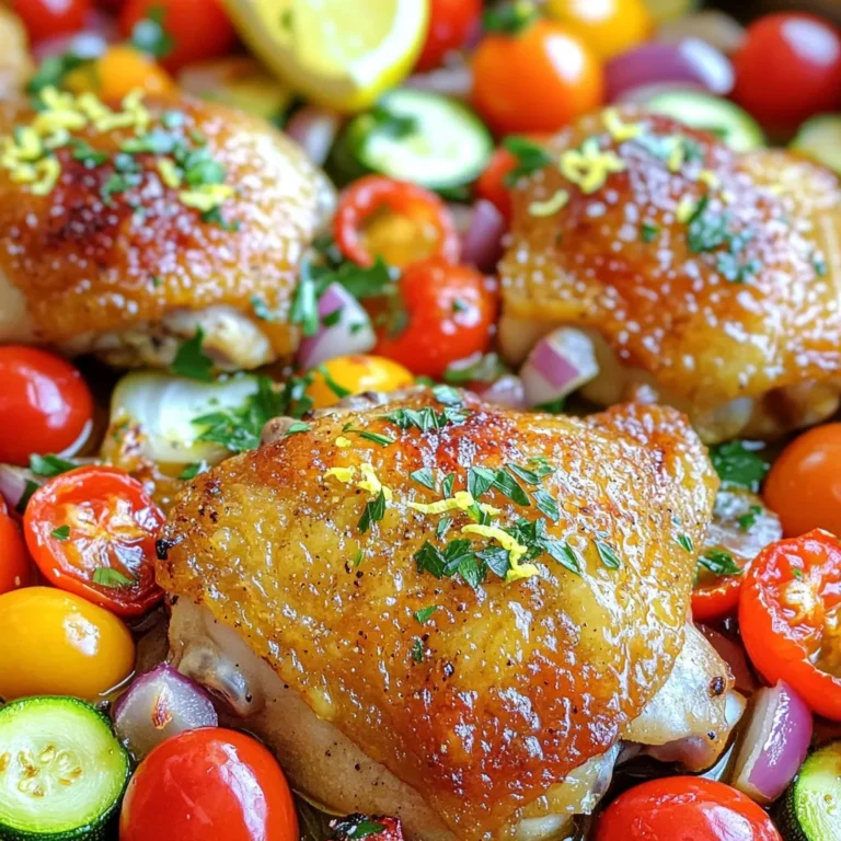 - 4 bone-in, skin-on chicken thighs - 1 cup cherry tomatoes, halved - 1 red bell pepper, sliced - 1 zucchini, sliced - 1 red onion, cut into wedges - 3 cloves garlic, minced - 1 teaspoon dried oregano - 1 teaspoon dried thyme - ½ teaspoon smoked paprika - 1 lemon, zested and juiced - 3 tablespoons olive oil - Salt and pepper to taste - Fresh parsley, chopped (for garnish) The main ingredients in this dish are simple but packed with flavor. The chicken thighs are juicy, and the vegetables add freshness. The marinade brings everything together with a bright taste. The chicken thighs give a rich taste. The skin crisps up nicely, making every bite satisfying. Cherry tomatoes burst with sweetness when cooked. The red bell pepper and zucchini add crunch and color. The red onion adds a slight sweetness once roasted. The marinade is where the magic happens. The garlic adds a savory punch. Oregano and thyme bring a hint of earthiness. Smoked paprika gives a warm, smoky flavor. Lemon juice and zest brighten up the dish, making it lively. Before you start cooking, gather all your ingredients. This helps you stay organized. You can find the Full Recipe for more detailed steps on how to make this delicious meal. - Preheat the oven to 400°F (200°C). - In a large mixing bowl, combine the olive oil, minced garlic, lemon zest, lemon juice, dried oregano, thyme, smoked paprika, salt, and pepper. This mix creates a flavorful marinade. - Toss the chicken thighs in the marinade. Make sure they are fully coated in the mix. - Let the chicken marinate for at least 15 minutes. This step adds great flavor. - Arrange the marinated chicken and vegetables in an oven-safe skillet. Place them skin-side up for a nice crisp. - Bake in the oven for about 35-40 minutes. You want the chicken to cook through and the skin to turn golden. Check that the internal temperature reaches 165°F (75°C). - For extra crispiness, turn on the broiler for the last 2-3 minutes. Watch closely to prevent burning. - Once done, remove from the oven. Let it rest for a few minutes, then garnish with fresh parsley before serving. - For the complete recipe, check the Full Recipe section. - Use bone-in, skin-on chicken thighs for better flavor. They stay juicy and tasty. - Broil briefly at the end for a crispy finish. This adds a nice crunch. - Adjust seasoning based on personal preference. More salt or herbs can change the taste. - Add extra vegetables or herbs as desired. Try olives or capers for a kick. - Use a meat thermometer to check for doneness. Chicken should reach 165°F (75°C). - Consider marinating overnight for deeper flavors. This lets the spices soak in well. You can find the Full Recipe for Sunny One Pan Mediterranean Chicken to try these tips! {{image_2}} You can easily change the main protein in this dish. Substitute chicken with tofu for a vegetarian option. Fish also works well, giving it a light flavor. Seasonal veggies can add color and taste. Try squash, asparagus, or eggplant. You can also switch bell peppers. Use green, yellow, or orange peppers for variety. Herbs and spices add unique flavors to your dish. Experiment with rosemary or basil instead of oregano and thyme. Each herb brings a different taste. If you like heat, add a pinch of red pepper flakes. This small change can make your dish exciting and bold. This meal pairs well with many sides. Serve it with fluffy rice or nutty quinoa for a filling option. Crusty bread is great for soaking up juices. A fresh green salad adds crunch and color. Try adding lemon vinaigrette to brighten the meal. Enjoy the balance of flavors with each bite from this One Pan Mediterranean Chicken dish. Store any leftovers in an airtight container. They will stay fresh for up to 3 days. You can freeze portions of this dish for up to 3 months. Just make sure to seal in freezer-safe bags. To enjoy, simply reheat in the oven or microwave. When reheating, ensure the chicken reaches an internal temperature of 165°F (75°C). To keep it juicy, add a splash of broth during reheating. This helps retain moisture and keeps your meal flavorful. Enjoy your One Pan Mediterranean Chicken! To make One Pan Mediterranean Chicken, you start by marinating the chicken. Mix olive oil, garlic, lemon zest, thyme, oregano, paprika, salt, and pepper in a bowl. Toss chicken thighs in this mix and let them sit for 15 minutes. Next, preheat your oven to 400°F (200°C). In an oven-safe pan, place the chicken skin-side up. Add halved cherry tomatoes, sliced bell pepper, zucchini, and onion around the chicken. Drizzle any leftover marinade over the veggies. Bake for 35-40 minutes until the chicken reaches 165°F (75°C). Garnish with parsley before serving. For the full recipe, check the section above. Yes, you can use boneless chicken. Boneless chicken cooks faster than bone-in chicken. If you choose boneless, reduce the cooking time by about 10-15 minutes. Always check the internal temperature to ensure it reaches 165°F (75°C). Bone-in chicken offers more flavor due to the skin and bones, but boneless is a great option for quick meals. Many side dishes work well with One Pan Mediterranean Chicken. Here are some ideas: - Couscous or quinoa for a hearty base. - A fresh green salad for a crisp bite. - Roasted or steamed vegetables for added nutrients. - Crusty bread to soak up the juices. Choose sides that complement the Mediterranean flavors for the best experience. Cooking times for chicken can vary. For bone-in thighs, aim for 35-40 minutes at 400°F (200°C). Boneless thighs will need about 25-30 minutes. Always check the thickest part of the chicken to ensure it reaches 165°F (75°C). Using a meat thermometer helps confirm doneness and keeps the chicken juicy. This recipe combines vibrant veggies with juicy chicken thighs for a tasty dish. We covered the main ingredients, marinade, step-by-step cooking, and some handy tips. Remember, using bone-in, skin-on chicken gives great flavor. Experiment with different proteins and spices to make it your own. Enjoying this dish with sides like rice or salad completes the meal. With easy storage options, you can savor the leftovers too. Happy cooking!
