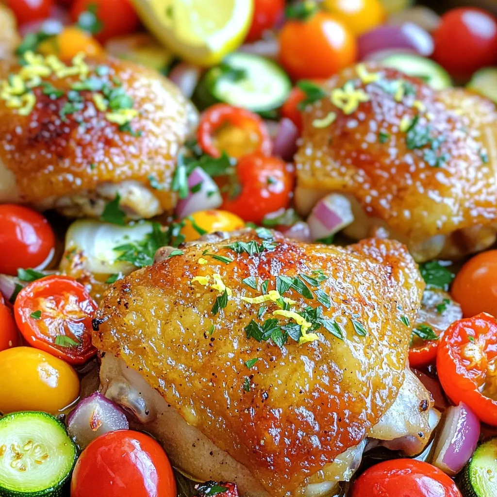 - 4 bone-in, skin-on chicken thighs - 1 cup cherry tomatoes, halved - 1 red bell pepper, sliced - 1 zucchini, sliced - 1 red onion, cut into wedges - 3 cloves garlic, minced - 1 teaspoon dried oregano - 1 teaspoon dried thyme - ½ teaspoon smoked paprika - 1 lemon, zested and juiced - 3 tablespoons olive oil - Salt and pepper to taste - Fresh parsley, chopped (for garnish) The main ingredients in this dish are simple but packed with flavor. The chicken thighs are juicy, and the vegetables add freshness. The marinade brings everything together with a bright taste. The chicken thighs give a rich taste. The skin crisps up nicely, making every bite satisfying. Cherry tomatoes burst with sweetness when cooked. The red bell pepper and zucchini add crunch and color. The red onion adds a slight sweetness once roasted. The marinade is where the magic happens. The garlic adds a savory punch. Oregano and thyme bring a hint of earthiness. Smoked paprika gives a warm, smoky flavor. Lemon juice and zest brighten up the dish, making it lively. Before you start cooking, gather all your ingredients. This helps you stay organized. You can find the Full Recipe for more detailed steps on how to make this delicious meal. - Preheat the oven to 400°F (200°C). - In a large mixing bowl, combine the olive oil, minced garlic, lemon zest, lemon juice, dried oregano, thyme, smoked paprika, salt, and pepper. This mix creates a flavorful marinade. - Toss the chicken thighs in the marinade. Make sure they are fully coated in the mix. - Let the chicken marinate for at least 15 minutes. This step adds great flavor. - Arrange the marinated chicken and vegetables in an oven-safe skillet. Place them skin-side up for a nice crisp. - Bake in the oven for about 35-40 minutes. You want the chicken to cook through and the skin to turn golden. Check that the internal temperature reaches 165°F (75°C). - For extra crispiness, turn on the broiler for the last 2-3 minutes. Watch closely to prevent burning. - Once done, remove from the oven. Let it rest for a few minutes, then garnish with fresh parsley before serving. - For the complete recipe, check the Full Recipe section. - Use bone-in, skin-on chicken thighs for better flavor. They stay juicy and tasty. - Broil briefly at the end for a crispy finish. This adds a nice crunch. - Adjust seasoning based on personal preference. More salt or herbs can change the taste. - Add extra vegetables or herbs as desired. Try olives or capers for a kick. - Use a meat thermometer to check for doneness. Chicken should reach 165°F (75°C). - Consider marinating overnight for deeper flavors. This lets the spices soak in well. You can find the Full Recipe for Sunny One Pan Mediterranean Chicken to try these tips! {{image_2}} You can easily change the main protein in this dish. Substitute chicken with tofu for a vegetarian option. Fish also works well, giving it a light flavor. Seasonal veggies can add color and taste. Try squash, asparagus, or eggplant. You can also switch bell peppers. Use green, yellow, or orange peppers for variety. Herbs and spices add unique flavors to your dish. Experiment with rosemary or basil instead of oregano and thyme. Each herb brings a different taste. If you like heat, add a pinch of red pepper flakes. This small change can make your dish exciting and bold. This meal pairs well with many sides. Serve it with fluffy rice or nutty quinoa for a filling option. Crusty bread is great for soaking up juices. A fresh green salad adds crunch and color. Try adding lemon vinaigrette to brighten the meal. Enjoy the balance of flavors with each bite from this One Pan Mediterranean Chicken dish. Store any leftovers in an airtight container. They will stay fresh for up to 3 days. You can freeze portions of this dish for up to 3 months. Just make sure to seal in freezer-safe bags. To enjoy, simply reheat in the oven or microwave. When reheating, ensure the chicken reaches an internal temperature of 165°F (75°C). To keep it juicy, add a splash of broth during reheating. This helps retain moisture and keeps your meal flavorful. Enjoy your One Pan Mediterranean Chicken! To make One Pan Mediterranean Chicken, you start by marinating the chicken. Mix olive oil, garlic, lemon zest, thyme, oregano, paprika, salt, and pepper in a bowl. Toss chicken thighs in this mix and let them sit for 15 minutes. Next, preheat your oven to 400°F (200°C). In an oven-safe pan, place the chicken skin-side up. Add halved cherry tomatoes, sliced bell pepper, zucchini, and onion around the chicken. Drizzle any leftover marinade over the veggies. Bake for 35-40 minutes until the chicken reaches 165°F (75°C). Garnish with parsley before serving. For the full recipe, check the section above. Yes, you can use boneless chicken. Boneless chicken cooks faster than bone-in chicken. If you choose boneless, reduce the cooking time by about 10-15 minutes. Always check the internal temperature to ensure it reaches 165°F (75°C). Bone-in chicken offers more flavor due to the skin and bones, but boneless is a great option for quick meals. Many side dishes work well with One Pan Mediterranean Chicken. Here are some ideas: - Couscous or quinoa for a hearty base. - A fresh green salad for a crisp bite. - Roasted or steamed vegetables for added nutrients. - Crusty bread to soak up the juices. Choose sides that complement the Mediterranean flavors for the best experience. Cooking times for chicken can vary. For bone-in thighs, aim for 35-40 minutes at 400°F (200°C). Boneless thighs will need about 25-30 minutes. Always check the thickest part of the chicken to ensure it reaches 165°F (75°C). Using a meat thermometer helps confirm doneness and keeps the chicken juicy. This recipe combines vibrant veggies with juicy chicken thighs for a tasty dish. We covered the main ingredients, marinade, step-by-step cooking, and some handy tips. Remember, using bone-in, skin-on chicken gives great flavor. Experiment with different proteins and spices to make it your own. Enjoying this dish with sides like rice or salad completes the meal. With easy storage options, you can savor the leftovers too. Happy cooking!