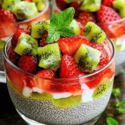 - 1/2 cup chia seeds - 2 cups almond milk (or any plant-based milk) - 1 tablespoon maple syrup (or honey) Chia seeds are the star of this dish. They soak up liquid and form a gel-like texture. This makes the pudding thick and creamy. Almond milk adds a nutty taste. You can use any plant-based milk you prefer. Sweeteners like maple syrup or honey give it a hint of sweetness. - 1 cup strawberries, hulled and sliced - 2 ripe kiwis, peeled and diced - Fresh mint leaves for garnish (optional) Strawberries add a burst of flavor. Their sweetness pairs well with the mild chia. Kiwis bring a tangy twist. Together, they make the pudding vibrant and colorful. Mint leaves can add a nice touch on top. They give a refreshing scent. - Mixing bowl - Whisk - Serving glasses or bowls You need a mixing bowl to combine the ingredients. A whisk helps blend everything evenly. Finally, use serving glasses or bowls to display your pudding. Clear containers let the pretty layers show through. For the complete guide, check the Full Recipe. First, take a medium bowl. Combine the chia seeds, almond milk, maple syrup, and vanilla extract. Use a whisk to mix these ingredients well. It is important to avoid clumping. When mixed correctly, the chia seeds will absorb the liquid. Next, cover the bowl with plastic wrap or a lid. Place it in the refrigerator for at least 4 hours, or overnight if you can wait. This chilling time helps the mixture turn into a thick pudding. After chilling, it’s time to stir the chia pudding. Break up any clumps that formed. Now, grab your serving glasses or bowls. Start layering the pudding with the fresh strawberries and kiwis. Begin with a layer of chia pudding. Then, add a layer of sliced strawberries. Follow with another layer of chia pudding, and top it off with diced kiwis. Repeat this layering until you reach the top. If you want a fun swirl effect, gently mix the layers with a spoon before serving. For a fresh touch, you can garnish with mint leaves if you like. Enjoy your Strawberry Kiwi Chia Pudding! For a complete guide, check the Full Recipe. Soaking chia seeds is key to getting the right texture. When you mix chia seeds with almond milk, the seeds need time to absorb the liquid. I recommend soaking them for at least four hours or overnight for the best results. This will help them swell and create that pudding-like feel. To avoid clumping, stir the mixture well right after you combine the ingredients. Use a whisk to break up any clumps. Give it a good stir every 30 minutes during the first hour of soaking. This simple step makes a big difference in your pudding's texture. You can adjust the sweetness of your pudding to fit your taste. I often start with one tablespoon of maple syrup or honey. After tasting, you can add more if you like. Remember, the sweetness from the fruit will also play a part. If you want to try something different, you can use stevia or agave syrup. These options can give you that sweet flavor without adding extra sugar. Serving your pudding in clear glasses makes it look beautiful. You can see the layers of fruit and chia pudding, which is very appealing. I like to layer it with chia pudding, strawberries, and then kiwis. This creates a fun visual effect. For a final touch, add fresh mint leaves on top. They not only look great but also add a burst of flavor. Enjoy your healthy and refreshing treat! {{image_2}} You can change the flavor of your pudding easily. Adding coconut milk gives it a creamy feel. This adds a rich taste that pairs well with the fruits. You can also mix in other fruits like mango or banana. These fruits bring their own sweetness and flavors. Try blending different fruits to find your perfect mix. For a smoother pudding, use blended fruits. This method makes the pudding soft and creamy. You can also add oats or granola for a crunchy bite. The crunch of oats creates a fun texture contrast. This keeps each spoonful interesting and satisfying. If you want vegan options, use maple syrup instead of honey. This keeps it plant-based and sweet. For those who need gluten-free meals, chia seeds and fruit are naturally gluten-free. Always check your other ingredients to make sure they fit your diet. You can easily adjust this recipe to suit your needs. You can find the full recipe for Strawberry Kiwi Chia Pudding [here](#). Enjoy making your own variations! To store leftover chia pudding, place it in an airtight container. This keeps it fresh and prevents odors from other foods. You can safely eat it within 4 to 5 days. If you notice any change in smell or texture, it’s best to toss it out. Yes, you can freeze chia pudding! Just put it in a freezer-safe container. Leave some space at the top, as it will expand. To thaw, transfer it to the fridge overnight. Stir it well before serving to get back that creamy texture. For the best taste, serve the pudding fresh. Wait about 30 minutes after layering before serving. This lets the flavors blend and enhances the taste. If you prepare it in advance, keep it covered in the fridge until you’re ready to serve. For the full recipe, check out the details above. Strawberry Kiwi Chia Pudding can last up to five days in the fridge. To keep it fresh, store it in an airtight container. Make sure to check the pudding for any changes in smell or texture before eating. If you notice anything off, it's best to throw it away. Yes, you can use other types of milk. Options include coconut milk, soy milk, or oat milk. Each type of milk adds a different flavor and texture. Coconut milk gives a creamy taste, while oat milk is smooth and mild. Experiment to find your favorite! Chia seeds are packed with nutrients. They are high in fiber, which helps digestion. They also contain omega-3 fatty acids, which are good for your heart. Plus, chia seeds offer protein and antioxidants, making them a great addition to your diet. Enjoy their health perks in every bite of your pudding! This blog covered how to make a delicious Strawberry Kiwi Chia Pudding. We explored key ingredients like chia seeds, almond milk, and fresh fruits. I shared clear steps, tips for perfect texture, and creative variations. Chia pudding is not just tasty; it's also healthy and easy to customize. You can store it well and keep it fresh for later. Enjoy making your own tasty treats!