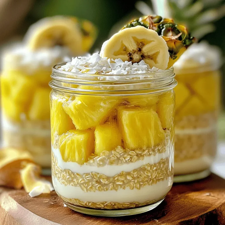 To make your Pina Colada Overnight Oats, gather these items: - 1 cup rolled oats - 1 cup coconut milk (preferably unsweetened) - 1/2 cup Greek yogurt (or dairy-free alternative) - 1/2 ripe banana, mashed - 1/2 cup pineapple chunks (fresh or canned) - 1 tablespoon shredded coconut - 1 tablespoon honey or maple syrup (optional for sweetness) - 1/2 teaspoon vanilla extract - Pinch of salt These ingredients blend to create a creamy, dreamy breakfast. The oats soak up the coconut milk, while the yogurt adds a rich texture. The banana and pineapple bring sweetness and flavor, making each bite feel like a vacation. For added flair, consider these toppings: - Extra pineapple chunks - Shredded coconut - Sliced banana - A sprig of mint These toppings not only make your dish look pretty but also add more flavor and texture. You can customize them based on your taste. If you need to swap some ingredients, here are a few ideas: - Use almond milk or oat milk instead of coconut milk. - Replace Greek yogurt with a plant-based yogurt for a vegan option. - Use maple syrup instead of honey for a vegan-friendly sweetener. These substitutions keep the dish tasty while meeting your dietary needs. Enjoy crafting your Pina Colada Overnight Oats with what you have on hand. For the full recipe, check the details above! To start, gather your ingredients: rolled oats, coconut milk, Greek yogurt, banana, pineapple, shredded coconut, honey or maple syrup, vanilla extract, and salt. In a medium bowl, mix the rolled oats, coconut milk, Greek yogurt, and mashed banana. Stir well until all the ingredients blend smoothly. Next, add the pineapple chunks, shredded coconut, and sweetener if you want some extra sweetness. Mix everything again until well combined. This step is key for a tasty dish! When you mix your ingredients, ensure they are well blended. This helps the oats soak up the coconut milk and flavors. If you want a creamier texture, use full-fat coconut milk. It makes a big difference! If you like more sweetness, add more honey or maple syrup. Don’t forget to taste as you go. Adjust to your liking! Once mixed, transfer the oat mixture into jars or containers. Make sure each jar seals tightly. Place them in the fridge overnight, or for at least four hours. The soaking time is crucial. It allows the oats to soften and absorb all the flavors. In the morning, stir your oats well. If you find them too thick, just add a splash of coconut milk. This will help reach your desired consistency. Top your oats with extra pineapple and coconut for a fun look. Enjoy your tropical breakfast! To get the best texture, choose rolled oats. They soak up liquid well. Avoid quick oats, as they can become mushy. Use a mixture of coconut milk and Greek yogurt for creaminess. This blend makes the oats thick yet smooth. If you find the oats too thick, add a splash of coconut milk in the morning. Stir well to get your desired consistency. Add fresh fruit like bananas or mango for a fruity twist. Pineapple adds sweetness and a tropical vibe. Shredded coconut gives a nice crunch. If you like a touch of sweetness, drizzle honey or maple syrup. A pinch of salt balances flavors and enhances sweetness. For more flavor, try adding a bit of cinnamon or nutmeg. These spices work well with the tropical theme. One mistake is not letting the oats soak long enough. For the best results, refrigerate overnight. If you skip this step, the oats won’t soften. Another mistake is using sweetened coconut milk. Unsweetened milk helps control the sweetness. Lastly, don’t forget to mix well before refrigerating. This ensures all ingredients blend together. Follow these tips for a perfect breakfast treat! {{image_2}} You can make your Pina Colada Overnight Oats even better by adding more fruits. Consider mango, kiwi, or papaya. These fruits add sweetness and color. You can mix them in or use them as toppings. Fresh fruits give your oats a fun twist. If you want a dairy-free version, use coconut yogurt instead of Greek yogurt. You can also try almond or soy milk for a unique taste. Maple syrup works great as a sweetener for vegans. These changes keep the dish creamy and delicious. To give your oats extra flavor, add spices like cinnamon or nutmeg. A drop of coconut extract boosts the coconut taste. You might even try a splash of rum extract for fun. These little tweaks can turn your oats into a tropical treat. By mixing these variations into your recipe, you can create endless versions of Pina Colada Overnight Oats. It's a great way to keep breakfast exciting and new. For the complete recipe, check the Full Recipe section. To store your Pina Colada Overnight Oats, use airtight jars or containers. Glass jars work great. Make sure to seal them well to keep the oats fresh. You can prep them the night before or even a few days in advance. Just remember to keep them in the fridge. This way, they stay cool and tasty. These overnight oats can last up to five days in the fridge. After this, they may lose some flavor and texture. If you want, you can reheat them in the microwave. Just add a little coconut milk to loosen them up. Heat them in short bursts, stirring in between. This keeps them creamy and delicious. Meal prep is a smart way to enjoy these oats. You can make a batch for the week. Just double or triple the recipe. Store each serving in its own jar. This makes breakfast easy and quick. You can grab a jar on busy mornings. Customize each jar with different toppings for variety. Try adding nuts or seeds for a crunch! Yes, you can make Pina Colada Overnight Oats in advance. I often prepare them the night before. This way, I have a quick and tasty breakfast ready to go. Just mix the ingredients and let them soak in the fridge overnight. They taste even better after a night of soaking. Overnight oats are a great choice for breakfast. They are rich in fiber, which helps with digestion. They also keep you full longer, so you won’t feel hungry soon after eating. The oats provide complex carbs that give you energy. Plus, adding fruits and yogurt boosts vitamins and protein. Freezing Pina Colada Overnight Oats is possible, but not ideal. Freezing can change the texture of the oats. If you want to freeze them, use airtight containers. When ready to eat, thaw them in the fridge overnight. It’s best to use fresh or refrigerated oats for the best flavor and texture. You can find the Full Recipe for Pina Colada Overnight Oats in the article. It gives you all the steps and ingredients you need. This recipe is easy to follow and perfect for anyone who loves breakfast. Enjoy making your own tasty version at home! Pina Colada Overnight Oats are simple and fun to make, as shown here. We covered key ingredients, easy steps, and helpful tips for great texture and flavor. Remember, you can add your favorite fruits or make it vegan with swaps. Proper storage keeps your oats fresh and tasty. Enjoy these delicious oats for breakfast. Try the variations to keep things exciting. Now, you can create a tasty and healthy meal every morning!
