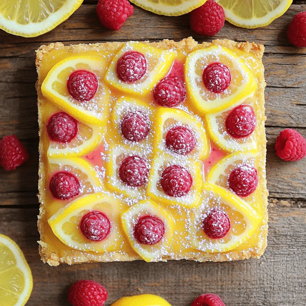 To make delicious raspberry lemonade bars, you will need the following ingredients: - 1 cup all-purpose flour - 1/4 cup powdered sugar - 1/2 cup unsalted butter, softened - 1/4 teaspoon salt - 2 large eggs - 1 cup granulated sugar - 1/4 cup fresh lemon juice (about 2 lemons) - Zest of 1 lemon - 1 cup fresh raspberries (or frozen, thawed) - 1 tablespoon cornstarch - Additional powdered sugar for dusting These ingredients blend to create a tart and sweet treat perfect for any occasion. If you have dietary restrictions, some swaps work well. For gluten-free bars, use a gluten-free flour blend in place of all-purpose flour. If you want a dairy-free option, substitute the butter with coconut oil or a vegan butter. For a lower sugar version, consider using a sugar substitute. Keep in mind that this can affect texture and taste. Using fresh raspberries gives your bars a vibrant flavor and beautiful color. Fresh raspberries are also high in antioxidants. If you can’t find fresh, frozen raspberries are a great choice too. Just make sure to thaw them and drain excess juice. This helps keep your filling from getting too watery. Both options work well, so choose what suits you best. First, set your oven to 350°F (175°C). This step is key for even baking. Line an 8x8 inch baking dish with parchment paper. Leave some paper hanging over the edges. This makes it easy to lift out the bars later. In a medium bowl, mix these ingredients: - 1 cup all-purpose flour - 1/4 cup powdered sugar - 1/2 cup unsalted butter, softened - 1/4 teaspoon salt Use a fork or your fingers to blend until it looks like coarse crumbs. Press the mixture firmly into the bottom of your dish. Make sure it is even. This crust is the base for your tasty bars. In another bowl, whisk together: - 2 large eggs - 1 cup granulated sugar - 1/4 cup fresh lemon juice (about 2 lemons) - Zest of 1 lemon Mix until it is smooth and well combined. Next, gently fold in: - 1 cup fresh raspberries (or frozen, thawed) - 1 tablespoon cornstarch The cornstarch helps keep the raspberries from sinking. Carefully pour this mixture over your baked crust, spreading it evenly. Bake your bars for 20-25 minutes. Look for the filling to be set and slightly firm on top. This means it’s ready. Once done, let the bars cool completely in the pan. This step is important for the best texture. After cooling, lift them out using the parchment paper. Dust with powdered sugar before serving for a sweet touch. For the full recipe, check the section above. To make sure your raspberry lemonade bars are set, check the filling. It should be firm to the touch. If it jiggles too much, it needs more time. Bake it until the edges look slightly puffed. This will help avoid a gooey center. Let the bars cool completely before cutting. Cooling helps them firm up even more. One common mistake is not dusting the raspberries with cornstarch. This step is key to keeping them from sinking. Another mistake is not letting the crust cool before adding the filling. A warm crust can make the filling runny. Lastly, do not skip the cooling time after baking. Cutting too soon can lead to messy bars. These bars are perfect for summer picnics or parties. Serve them chilled or at room temperature. Adding a dollop of whipped cream on top makes them even better. Fresh mint leaves can add a nice touch, too. For a fun twist, pair them with a scoop of vanilla ice cream. You can find the full recipe in the article to make these tasty treats! {{image_2}} You can change the flavors in your raspberry lemonade bars. Try other fruits like blueberries or blackberries. These fruits can add a nice color and taste. You can also mix in some herbs. Fresh mint or basil gives a fun twist to the bars. For a tart kick, add some lime juice instead of lemon juice. These simple swaps can make your bars unique and fun! If you need a gluten-free option, swap the all-purpose flour for almond flour or a gluten-free blend. Make sure the blend includes xanthan gum for the best texture. The taste remains just as delightful, and you can still enjoy the sweet and tangy treat. Just follow the same steps in the Full Recipe for a gluten-free version that everyone will love! To make mini bars or bites, use a smaller baking dish, like a 9x13 inch. Adjust the baking time to about 15-20 minutes. Watch closely to avoid over-baking. You can slice these into bite-sized pieces for easy serving. These mini treats are great for parties or snacks, making them a fun way to share the deliciousness! To store your raspberry lemonade bars, first, let them cool completely. Once cool, cut them into squares. Place the bars in an airtight container. You can layer parchment paper between the bars to prevent sticking. Store the container in the fridge. This keeps the bars fresh and zesty for later enjoyment. You can also freeze raspberry lemonade bars for longer storage. After cooling and cutting, wrap each bar tightly in plastic wrap. Place the wrapped bars in a freezer-safe bag or container. Label the bag with the date. They can last up to three months in the freezer. When you want to enjoy them, simply thaw them in the fridge overnight. Raspberry lemonade bars can last about five days in the fridge. After five days, they may lose some freshness. To serve after storage, simply take them out of the fridge. If you like, dust them with powdered sugar again. This adds a nice touch and makes them look great! For frozen bars, thaw them in the fridge before serving. Enjoy your tasty treat! You can use bottled lemon juice. However, fresh lemon juice tastes better. Fresh juice has a bright flavor that really shines in these bars. If you choose bottled juice, look for one with no added sugar. The bars are done when the filling is set. It should feel slightly firm to the touch. You can also check for a light golden color around the edges. A toothpick inserted in the center should come out clean. Raspberry Lemonade Bars pair well with many treats. You can serve them with whipped cream or a scoop of vanilla ice cream. Fresh berries on the side add a nice touch, too. A cup of tea or lemonade complements the sweet and tangy flavor. Yes, you can adjust the sweetness. Try using less granulated sugar. You can also swap some sugar for a sugar substitute. Adding more lemon juice can balance out the sweetness and enhance the flavor. For the full recipe, check out the detailed instructions above! Raspberry lemonade bars are a treat anyone can enjoy. We covered ingredients, from fresh to frozen raspberries and their substitutes. I shared easy steps for the crust, filling, and baking. I also covered common mistakes and storage tips to keep your bars fresh. Lastly, we explored fun variations and serving ideas. Enjoy making these quick, sweet, and tangy delights. You can impress friends and family with your baking skills!
