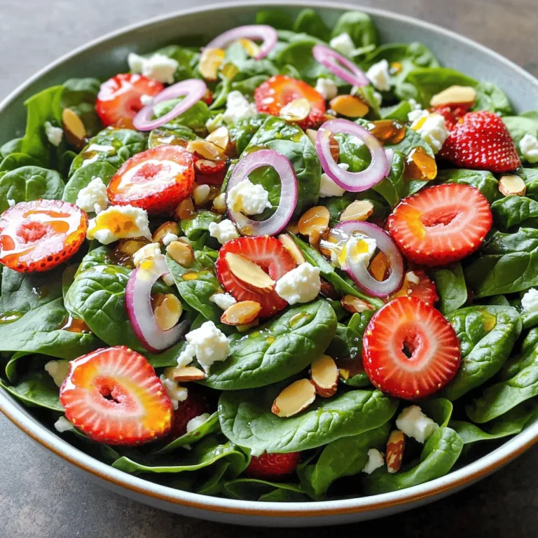 - 4 cups fresh spinach, washed and dried - 1 cup strawberries, hulled and sliced - 1/2 cup sliced almonds, toasted - 1/4 cup feta cheese, crumbled - 1/4 cup red onion, thinly sliced - 1/4 cup balsamic vinaigrette - 1 tablespoon honey - Salt and pepper to taste When making this salad, focus on freshness. Fresh spinach acts as the base, giving the salad a crisp texture. The strawberries add a sweet burst of flavor. You can choose ripe, juicy strawberries to enhance the taste. The toasted almonds bring a nice crunch, while feta cheese adds a creamy, tangy element. Red onion gives a slight bite that pairs well with the other flavors. For the dressing, balsamic vinaigrette and honey create a perfect balance of sweet and tangy. You can adjust the honey to taste. This salad is simple yet packed with flavors. You can find the full recipe at the end of this article. Enjoy these fresh ingredients in your next meal! Start by washing and drying 4 cups of fresh spinach. Spinach adds a nice crunch and bright color. Next, hull and slice 1 cup of strawberries. Their sweet flavor shines in this salad. In a large bowl, combine the spinach and strawberries. Now it’s time to add some texture. Toss in 1/2 cup of sliced almonds that are toasted. They add a nice crunch. Next, crumble 1/4 cup of feta cheese on top. Feta brings a creamy tang that balances the sweetness of the strawberries. For a bit of bite, add 1/4 cup of thinly sliced red onion. This mix makes a colorful and tasty base. For the dressing, take a small bowl. Whisk together 1/4 cup of balsamic vinaigrette and 1 tablespoon of honey. This combination gives a sweet and tangy flavor. Make sure to blend them well until smooth. If the dressing seems too thick, you can add a tiny bit of water. This helps get the right consistency. You want it to coat the salad without being too runny. Now it's time to bring it all together. Drizzle the dressing over your salad base. Gently toss the ingredients to coat them evenly. Be careful not to squish the strawberries. Finally, season the salad with salt and pepper to taste. Give it one last gentle toss. This step enhances the flavors and makes the salad shine. Serve immediately to enjoy the freshness of your Strawberry Spinach Bliss Salad. You can find the full recipe above. To enjoy your strawberry spinach salad, start with fresh ingredients. Store your spinach in a cool, dry place. Place it in a container lined with a paper towel. This helps absorb excess moisture. For strawberries, keep them in the fridge. Store them in a single layer to avoid bruising. Check them often for any signs of spoilage. When choosing strawberries, look for bright red color. They should feel firm, not mushy. Check the green tops; they should be fresh and green. Avoid strawberries with white or green spots. This means they are not ripe. To boost the flavor of your salad, consider adding toppings. Walnuts or pecans add a nice crunch. Dried cranberries or blueberries can add sweetness. You can also try avocado for creaminess. If you want extra flavor, try goat cheese instead of feta. It gives a tangy taste that pairs well with strawberries. For dressings, balsamic vinaigrette is classic, but feel free to experiment. Try a honey mustard dressing for a sweet twist. A citrus vinaigrette can add a fresh zing. Mix and match to find your favorite flavor combinations. For the full recipe, check out the Strawberry Spinach Bliss Salad. {{image_2}} You can easily switch nuts for seeds in this salad. If you like sunflower seeds or pumpkin seeds, they work great. They add crunch and flavor. Simply sprinkle them on top like you would with nuts. Different dressings can also change the taste. Instead of balsamic vinaigrette, try a honey mustard or citrus dressing. Each dressing brings a new twist. So, feel free to mix and match to find your favorite. Using seasonal fruits makes this salad even better. In summer, add peaches or blueberries. In fall, try apples or pears. Each fruit brings its own special taste. You can adjust the salad based on what you find fresh at the market. Incorporating seasonal vegetables is another great idea. For spring, add snap peas or radishes. In winter, consider roasted beets or kale. These changes keep your salad fresh and exciting all year long. For the full recipe, check out the details above. To keep your strawberry spinach salad fresh, use an airtight container. This method helps keep the salad crisp and tasty. If you have extra salad, store it in the fridge right away. You can enjoy it for up to three days. After that, the spinach may wilt, and the strawberries may lose their sweet flavor. Can salad be frozen? No, I do not recommend freezing the whole salad. Freezing changes the texture of fresh ingredients like spinach and strawberries. However, you can freeze some parts. For instance, you can freeze sliced strawberries. Place them on a baking sheet first to prevent clumping. Once frozen, transfer them to a freezer bag. This way, you can enjoy them later in smoothies or other dishes. Just remember to keep the dressing separate. It’s best fresh! For the full recipe, check out the main article. Can I make the salad ahead of time? Yes, you can make this salad ahead. However, I suggest keeping the dressing separate. Mix it in just before serving. This keeps the spinach fresh and crisp. If you mix too early, the leaves may wilt. How long does the salad last? You can store the salad in the fridge for up to two days. The spinach will lose its texture after that. If you notice any slimy leaves, it's best to toss it out. Calories per serving Each serving has about 200 calories. This number may change based on the dressing amount used. If you add more cheese or nuts, the calories will go up. Benefits of the ingredients used Spinach is full of vitamins A and K. Strawberries add antioxidants and vitamin C. Almonds provide healthy fats and protein. Feta cheese offers calcium. Balsamic vinaigrette adds flavor without too many calories. This salad is a tasty way to eat healthy. Pairing options for complementary dishes This salad goes well with grilled chicken or fish. You can serve it as a side with a light pasta dish. It also pairs nicely with crusty bread. Best occasions for serving this salad Enjoy this salad at picnics or summer barbecues. It’s also a great choice for brunch. Serve it at family gatherings or as a light lunch. For the full recipe, check out the Strawberry Spinach Bliss Salad. This blog post covered all you need for a delicious strawberry spinach salad. We talked about the key ingredients like fresh spinach and ripe strawberries. You learned how to mix these, make a tasty dressing, and store leftovers properly. You also discovered tips for enhancing flavor and simple ingredient swaps. Incorporating seasonal produce can add variety too. With a little creativity, you can enjoy this salad year-round. Now, get started on your salad journey and enjoy every bite!
