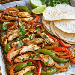 - 1.5 lbs boneless, skinless chicken breasts - 1 red bell pepper, sliced - 1 green bell pepper, sliced - 1 yellow onion, sliced - 3 tablespoons olive oil - 3 tablespoons fajita seasoning (store-bought or homemade) - Salt and pepper to taste - 8 small flour or corn tortillas To create flavorful sheet pan chicken fajitas, you must gather fresh and vibrant ingredients. The chicken breasts are the main star, providing a juicy base for this dish. I like to use assorted bell peppers, as they add color and sweetness. The onion adds depth to the flavor. Olive oil helps everything cook evenly and adds richness. Fajita seasoning brings the spice and warmth that makes these fajitas special. You can use store-bought seasoning or make your own for a personal touch. Don’t forget salt and pepper; they enhance all the flavors. - Fresh cilantro - Lime wedges - Additional garnishes After your fajitas are cooked, you can make them even better with a few toppings. Fresh cilantro adds a bright taste and looks great on the plate. Lime wedges give a burst of tanginess when squeezed over the fajitas. You can also consider other garnishes like avocado or salsa. These toppings let everyone customize their meal, making it more fun! For the full recipe, refer to the provided details. 1. Preheat your oven to 400°F (200°C). This temperature helps the chicken cook fast and stay juicy. 2. Prepare a large baking sheet. Line it with parchment paper to avoid sticking. 3. In a mixing bowl, combine the chicken and veggies. Add sliced chicken, red and green bell peppers, and yellow onion. 4. Add olive oil and fajita seasoning. Use three tablespoons of each. Toss until all pieces are coated well. 1. Spread the mixture on the baking sheet. Make sure the chicken and veggies are in a single layer for even cooking. 2. Bake for 20-25 minutes. Stir halfway to ensure even browning. Check if the chicken is cooked through. 3. Warm the tortillas in a skillet. Heat each tortilla for about 30 seconds on each side until they’re soft. 4. Serve with the warm tortillas. Add chopped cilantro and lime wedges for extra flavor. For more details, check out the Full Recipe. To ensure even cooking and browning, spread the chicken and veggies in a single layer on the baking sheet. Stir the mix halfway through cooking. This helps everything cook evenly. Browning adds flavor and makes your dish look great. After baking, let the fajitas rest for a couple of minutes. This helps keep the juices inside the chicken. Resting makes each bite tender and juicy. For a creative presentation, serve the fajitas on a large platter. Add colorful toppings like sliced avocado, salsa, and sour cream. Let everyone build their own tortillas. It makes the meal fun and interactive. Pair your fajitas with sides like rice or beans. These sides add heartiness and flavor to your meal. Try a refreshing salad on the side for a nice crunch. You can also serve tortilla chips for extra texture. {{image_2}} You can try different meats or proteins in your fajitas. If you want a lighter option, use shrimp instead of chicken. Shrimp cooks quickly and adds a nice flavor. For a plant-based choice, tofu works well. Press the tofu to remove excess water and then cube it. Marinate it just like the chicken for great taste. Want to mix things up? Try custom spice blends. You can combine cumin, chili powder, and garlic powder for a unique kick. Adding fruits can also enhance the flavor. Pineapple brings a sweet and tangy touch. Mango adds a tropical twist. Just chop them up and mix them with your veggies before baking. For the full recipe, check the [Full Recipe] link. You can store leftovers in the refrigerator. Place the chicken and veggies in an airtight container. They will stay fresh for up to three days. If you want to keep them longer, freezing is a great option. For freezing, separate the chicken and veggies into smaller portions. Use freezer bags to save space. Make sure to remove as much air as possible. This helps prevent freezer burn. When you're ready to eat leftovers, there are quick ways to reheat fajitas. You can use a microwave for a fast option. Place the fajitas on a plate and cover them with a damp paper towel. Heat in short bursts, checking often. This keeps them moist. Another option is to reheat in a skillet on low heat. This method helps maintain flavor and texture. Just stir occasionally until warmed through. Enjoy your tasty fajitas again! How to make fajitas spicier? You can add more heat to your fajitas easily. Use extra fajita seasoning with chili powder or cayenne pepper. You can also add sliced jalapeños or a dash of hot sauce. Adjust the spice to match your taste. Can I use frozen chicken and vegetables? Yes, you can use frozen chicken and vegetables. Just remember to thaw them first before cooking. This helps them cook evenly. If you use frozen items, your cooking time may be slightly longer. What is the best fajita seasoning? The best fajita seasoning blends cumin, chili powder, and garlic powder. You can buy it or make it at home. A good mix enhances the flavor of the chicken and veggies. Experiment to find your favorite blend. Are flour or corn tortillas better for fajitas? Flour tortillas are softer and easier to wrap. They hold more filling without tearing. Corn tortillas have a great flavor but can break if overfilled. Choose based on your personal taste and preference. For the full recipe, check out the [Full Recipe]. You learned how to make tasty chicken fajitas with simple steps and ingredients. We covered everything from the main components to storage tips. Don't forget to get creative with your toppings and try different proteins or spices. Fajitas are fun and versatile, making them perfect for any meal. Enjoy your cooking, and share these fajitas with friends or family for a great time!