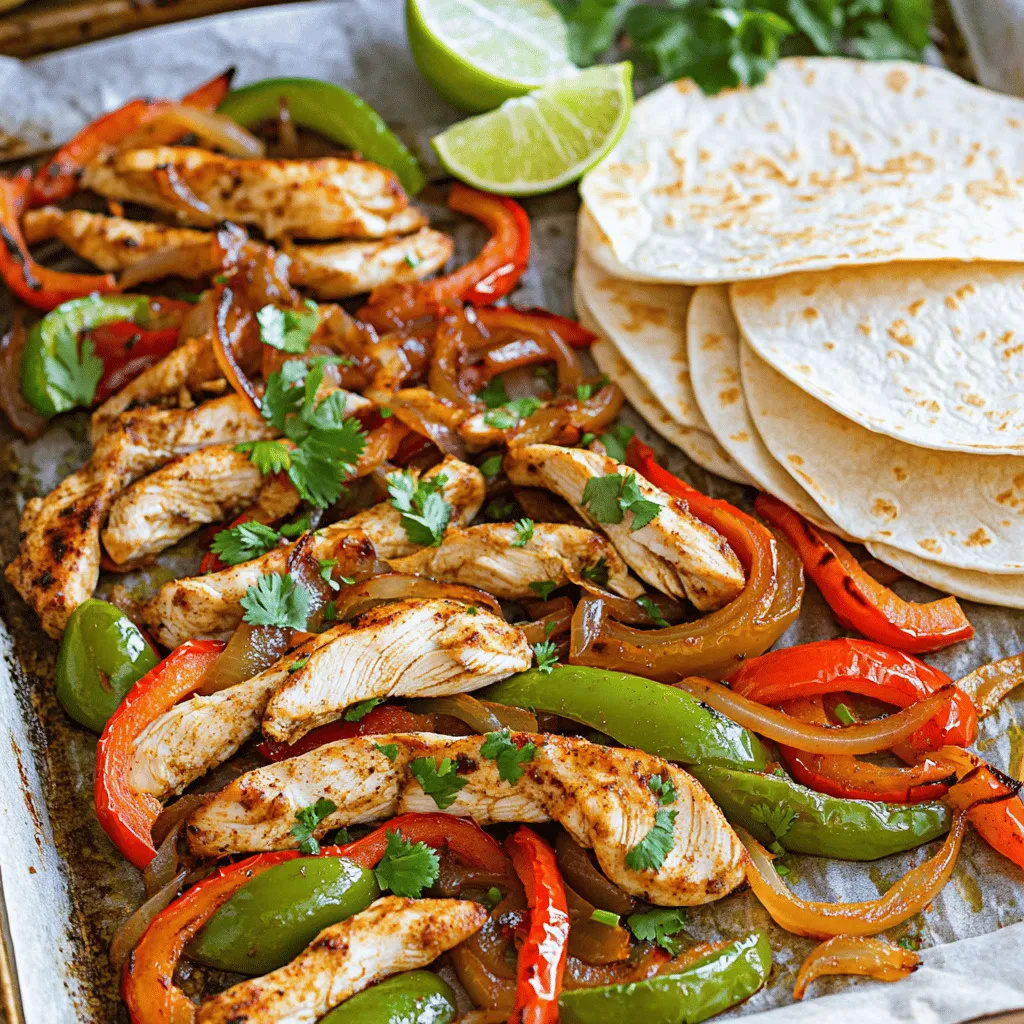 - 1.5 lbs boneless, skinless chicken breasts - 1 red bell pepper, sliced - 1 green bell pepper, sliced - 1 yellow onion, sliced - 3 tablespoons olive oil - 3 tablespoons fajita seasoning (store-bought or homemade) - Salt and pepper to taste - 8 small flour or corn tortillas To create flavorful sheet pan chicken fajitas, you must gather fresh and vibrant ingredients. The chicken breasts are the main star, providing a juicy base for this dish. I like to use assorted bell peppers, as they add color and sweetness. The onion adds depth to the flavor. Olive oil helps everything cook evenly and adds richness. Fajita seasoning brings the spice and warmth that makes these fajitas special. You can use store-bought seasoning or make your own for a personal touch. Don’t forget salt and pepper; they enhance all the flavors. - Fresh cilantro - Lime wedges - Additional garnishes After your fajitas are cooked, you can make them even better with a few toppings. Fresh cilantro adds a bright taste and looks great on the plate. Lime wedges give a burst of tanginess when squeezed over the fajitas. You can also consider other garnishes like avocado or salsa. These toppings let everyone customize their meal, making it more fun! For the full recipe, refer to the provided details. 1. Preheat your oven to 400°F (200°C). This temperature helps the chicken cook fast and stay juicy. 2. Prepare a large baking sheet. Line it with parchment paper to avoid sticking. 3. In a mixing bowl, combine the chicken and veggies. Add sliced chicken, red and green bell peppers, and yellow onion. 4. Add olive oil and fajita seasoning. Use three tablespoons of each. Toss until all pieces are coated well. 1. Spread the mixture on the baking sheet. Make sure the chicken and veggies are in a single layer for even cooking. 2. Bake for 20-25 minutes. Stir halfway to ensure even browning. Check if the chicken is cooked through. 3. Warm the tortillas in a skillet. Heat each tortilla for about 30 seconds on each side until they’re soft. 4. Serve with the warm tortillas. Add chopped cilantro and lime wedges for extra flavor. For more details, check out the Full Recipe. To ensure even cooking and browning, spread the chicken and veggies in a single layer on the baking sheet. Stir the mix halfway through cooking. This helps everything cook evenly. Browning adds flavor and makes your dish look great. After baking, let the fajitas rest for a couple of minutes. This helps keep the juices inside the chicken. Resting makes each bite tender and juicy. For a creative presentation, serve the fajitas on a large platter. Add colorful toppings like sliced avocado, salsa, and sour cream. Let everyone build their own tortillas. It makes the meal fun and interactive. Pair your fajitas with sides like rice or beans. These sides add heartiness and flavor to your meal. Try a refreshing salad on the side for a nice crunch. You can also serve tortilla chips for extra texture. {{image_2}} You can try different meats or proteins in your fajitas. If you want a lighter option, use shrimp instead of chicken. Shrimp cooks quickly and adds a nice flavor. For a plant-based choice, tofu works well. Press the tofu to remove excess water and then cube it. Marinate it just like the chicken for great taste. Want to mix things up? Try custom spice blends. You can combine cumin, chili powder, and garlic powder for a unique kick. Adding fruits can also enhance the flavor. Pineapple brings a sweet and tangy touch. Mango adds a tropical twist. Just chop them up and mix them with your veggies before baking. For the full recipe, check the [Full Recipe] link. You can store leftovers in the refrigerator. Place the chicken and veggies in an airtight container. They will stay fresh for up to three days. If you want to keep them longer, freezing is a great option. For freezing, separate the chicken and veggies into smaller portions. Use freezer bags to save space. Make sure to remove as much air as possible. This helps prevent freezer burn. When you're ready to eat leftovers, there are quick ways to reheat fajitas. You can use a microwave for a fast option. Place the fajitas on a plate and cover them with a damp paper towel. Heat in short bursts, checking often. This keeps them moist. Another option is to reheat in a skillet on low heat. This method helps maintain flavor and texture. Just stir occasionally until warmed through. Enjoy your tasty fajitas again! How to make fajitas spicier? You can add more heat to your fajitas easily. Use extra fajita seasoning with chili powder or cayenne pepper. You can also add sliced jalapeños or a dash of hot sauce. Adjust the spice to match your taste. Can I use frozen chicken and vegetables? Yes, you can use frozen chicken and vegetables. Just remember to thaw them first before cooking. This helps them cook evenly. If you use frozen items, your cooking time may be slightly longer. What is the best fajita seasoning? The best fajita seasoning blends cumin, chili powder, and garlic powder. You can buy it or make it at home. A good mix enhances the flavor of the chicken and veggies. Experiment to find your favorite blend. Are flour or corn tortillas better for fajitas? Flour tortillas are softer and easier to wrap. They hold more filling without tearing. Corn tortillas have a great flavor but can break if overfilled. Choose based on your personal taste and preference. For the full recipe, check out the [Full Recipe]. You learned how to make tasty chicken fajitas with simple steps and ingredients. We covered everything from the main components to storage tips. Don't forget to get creative with your toppings and try different proteins or spices. Fajitas are fun and versatile, making them perfect for any meal. Enjoy your cooking, and share these fajitas with friends or family for a great time!