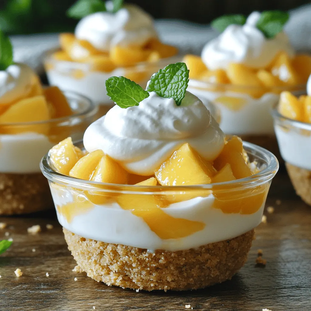 This no-bake peach pie cups recipe is simple and fun. Here’s what you need: - 2 cups fresh peaches, peeled and diced - 1 tablespoon lemon juice - 1 packet (8 oz) cream cheese, softened - 1 cup whipped cream or whipped topping - 1/4 cup powdered sugar - 1 teaspoon vanilla extract - 1 cup graham cracker crumbs - 1/4 cup unsalted butter, melted - Fresh mint leaves for garnish (optional) Each ingredient plays a key role. Fresh peaches bring sweetness and texture. Lemon juice adds a bright zing. Cream cheese makes the filling rich and creamy. Whipped cream lightens it up, while powdered sugar adds just the right touch of sweetness. Graham cracker crumbs form a crunchy base, and melted butter helps bind them together. The mint leaves, while optional, make a lovely garnish. Make sure to have everything ready before you start. This helps keep the process smooth. You can find the full recipe to guide you through each step. Enjoy the process and the delicious results! 1. Marinate the diced peaches Start by tossing 2 cups of diced peaches with 1 tablespoon of lemon juice. This mix adds a bright taste and helps keep the peaches fresh. Let them sit for about 10 minutes. This step is key for great flavor. 2. Beat the cream cheese In a large bowl, take 1 packet of softened cream cheese. Use a mixer to beat it until it is fluffy. This will be the creamy base for your cups. 3. Combine additional ingredients Gradually add 1/4 cup of powdered sugar and 1 teaspoon of vanilla extract to the cream cheese. Keep mixing until everything is well blended. Then, gently fold in 1 cup of whipped cream until the mixture is smooth. 1. Layering the graham cracker base In a small bowl, mix 1 cup of graham cracker crumbs with 1/4 cup of melted butter. Stir until the crumbs are coated. This will be the crunchy base for your cups. 2. Adding cream cheese mixture Grab small cups or glasses. Start by adding a spoonful of the graham cracker mixture to the bottom. Then, layer on some of the cream cheese mixture. 3. Topping with marinated peaches Next, add a layer of the marinated peaches on top. Repeat these layers until the cups are full. Finish with a dollop of cream cheese mixture and a few peach pieces on top for a pretty look. 1. Setting time before serving Place the cups in the fridge for at least 1 hour. This chilling time helps the flavors meld together and the cups to set. It makes each bite taste even better. - Properly storing leftovers: Keep your peach pie cups in the fridge. Use an airtight container to keep them fresh. They stay tasty for about three days. - Best containers for storage: Glass jars or plastic containers work well. Choose ones with tight lids to prevent air from getting in. - Presentation enhancements: Serve in clear cups to show off the layers. Top each cup with a mint leaf and a sprinkle of graham cracker crumbs for a nice look. - Pairing ideas with beverages: These cups go well with sweet tea or lemonade. A scoop of vanilla ice cream on the side adds a fun touch. - Overmixing ingredients: When you mix the cream cheese and whipped cream, mix gently. Overmixing can make it too thin and runny. - Not marinating peaches long enough: Let the peaches sit in lemon juice for at least 10 minutes. This step brings out their natural sweetness and flavor in the cups. {{image_2}} You can switch out peaches for other fruits. Berries work great, like strawberries or blueberries. You can also try apples or pears. Each fruit brings its own flavor. This keeps your dessert fresh and fun. Add spices like cinnamon for a twist. You can also mix fruits for a fruit medley. Get creative and find your favorite combo! Graham crackers are tasty, but you can use cookie crumbs too. Try chocolate or vanilla cookies for a new flavor. If you need gluten-free options, use gluten-free cookies. This way, everyone can enjoy the treat. Just crush your choice of cookies and mix them with butter. Simple and delicious! If you want a vegan option, substitute cream cheese with a dairy-free version. Look for brands that use nuts or soy. For a low-sugar or sugar-free treat, use sugar alternatives. Sweeteners like stevia or erythritol work well. These swaps keep your dessert tasty while fitting your diet. Enjoy your No-Bake Peach Pie Cups without worry! To keep your no-bake peach pie cups fresh, store them in the fridge. Use airtight containers for best results. This helps to keep the flavors intact and prevents drying out. You can also cover the cups with plastic wrap if you don’t have containers. If you want to save them for later, freezing is an option, but it may change the texture. Place them in freezer-safe containers or bags. Make sure to remove as much air as possible to prevent freezer burn. No-bake peach pie cups can stay fresh in the fridge for about 3 to 5 days. After that, they may lose their taste and texture. Look for signs of spoilage, like an off smell or changes in color. If you see any liquid pooling at the bottom, it’s best to toss them out. Enjoy your delicious treat while it's fresh! No-Bake Peach Pie Cups can last about three days in the fridge. Store them in an airtight container. This keeps them fresh and tasty. After three days, the peaches may start to lose their texture. Yes, you can use frozen peaches. Thaw them first and drain excess juice. This helps avoid a watery mixture. Frozen peaches can work great in this recipe. They offer a sweet and fruity flavor too. You can use Greek yogurt for a lighter option. It adds creaminess and a bit of tang. Another choice is coconut whipped cream for a dairy-free option. Both substitutes keep your cups delicious and smooth. Yes, this recipe is perfect for making ahead. You can prepare the cups a day in advance. Just cover them and store them in the fridge. This saves time and lets the flavors meld together nicely. Yes, refrigerating is very important. Chilling helps the layers set and firm up. It also enhances the flavor. Serve them cold for a refreshing treat. Enjoying them chilled makes each spoonful delightful! We reviewed how to create delicious No-Bake Peach Pie Cups. Start with fresh peaches and a creamy mix. Pay close attention to marinating the peaches and layering your ingredients. Remember to store leftovers properly and avoid common mistakes. Try variations with different fruits or bases to fit your taste. Overall, these cups deliver flavor without hassle. Enjoy them at your next gathering or as a treat for yourself. Dive into this easy recipe and share it with friends for happy moments!