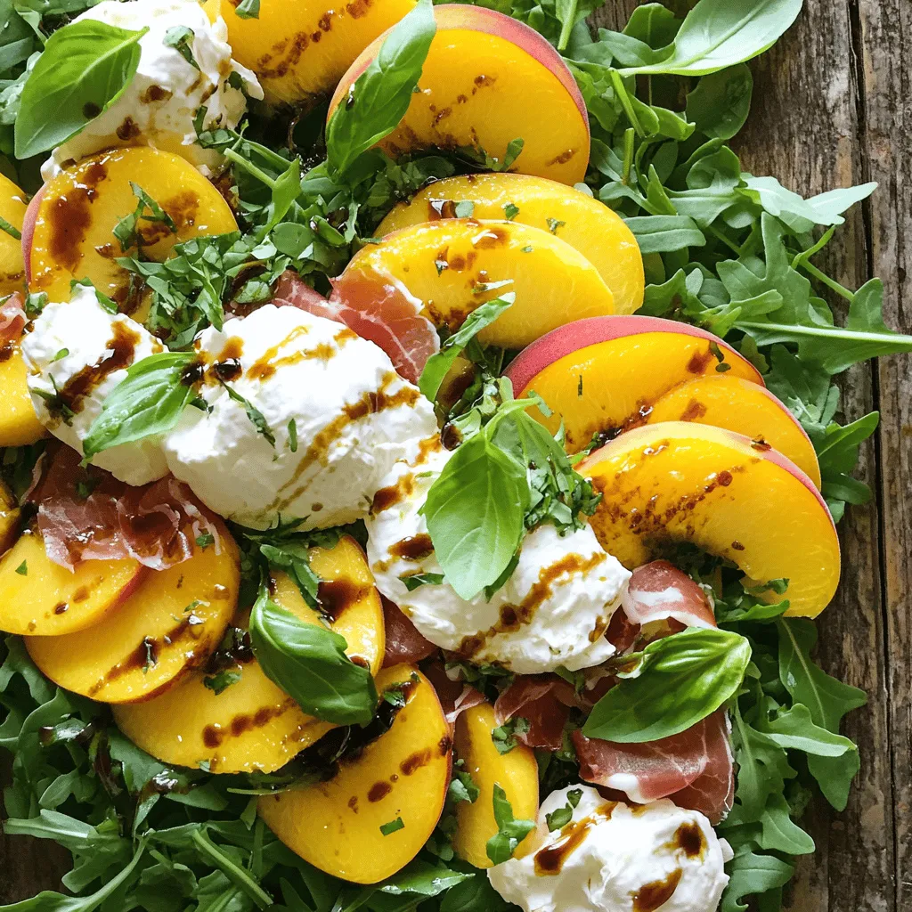 - 2 ripe peaches, sliced - 200g burrata cheese, torn into pieces - 100g arugula (rocket) When making this salad, fresh ingredients are key. Start with ripe peaches. They should feel soft but not mushy. Next, grab some burrata cheese. This creamy cheese adds a rich texture. Finally, use fresh arugula. Its peppery flavor balances the sweet peaches. - ¼ cup prosciutto, thinly sliced - Fresh basil leaves, for garnish Adding prosciutto brings a salty kick. It pairs well with the sweet peaches. Fresh basil leaves add a burst of flavor. They also make the salad look pretty. - 2 tablespoons honey - 1 tablespoon balsamic glaze - 1 tablespoon extra-virgin olive oil - Salt and pepper, to taste For the dressing, mix honey, balsamic glaze, and olive oil. This mix gives a sweet and tangy flavor. Season with salt and pepper to enhance the taste. You can adjust these to fit your liking. This salad is all about balance. The sweet peaches, creamy burrata, and peppery arugula come together beautifully. You can find the Full Recipe for more details on how to bring this salad to life. First, wash your peaches well. Use cold water to get them nice and clean. After that, slice the peaches into thin wedges. Aim for about eight slices per peach. The slices should be juicy and sweet. Next, grab a large serving dish. Arrange a bed of fresh arugula in the dish. This peppery green will give your salad a great base. Spread the arugula evenly to cover the bottom. Now, it's time to layer the salad. Take your peach slices and arrange them on top of the arugula. You want to spread them out nicely for a pretty look. Then, take your burrata cheese and tear it into pieces. Scatter the cheese over the peach slices. Burrata adds a creamy touch that balances the sweet peaches. If you like, add thin slices of prosciutto on top for extra flavor. In a small bowl, whisk together honey, balsamic glaze, and olive oil. This mixture will be your dressing. Drizzle it over the salad, making sure to cover the peaches and cheese. Season the salad with salt and pepper to taste. Finally, add fresh basil leaves for garnish. This adds a nice pop of color. Serve your beautiful Peach Burrata Salad right away for the best taste and texture. Enjoy this fresh and flavorful delight! For the full recipe, check out the details above. Choose peaches that are ripe and firm. Ripe peaches feel slightly soft when you press them. Their color should be vibrant, showing hints of yellow and red. Smell the peach too; a sweet aroma means it is ripe. If you find hard peaches, leave them at room temperature for a few days. They will ripen nicely. When you get burrata, treat it gently. Use your hands to tear the cheese into pieces. This avoids squishing it too much. The creamy center will ooze out, adding richness to your salad. Use burrata right away for the best taste. Pair your Peach Burrata Salad with a light white wine. A crisp Sauvignon Blanc works well. You can also serve it with grilled chicken or fish for a full meal. Try adding toasted bread on the side for a crunchy bite. These pairings enhance the fresh flavors of the salad. For the full recipe, check out the details above. {{image_2}} You can make this salad vegetarian by swapping the prosciutto. Try using roasted chickpeas or crispy tofu. These add texture and protein. For cheese, if you want a dairy-free option, use cashew cheese. It has a creamy texture that works well with the peaches. One great way to change up this dish is to add other fruits. Try strawberries in spring or figs in late summer. Both pair nicely with the creaminess of burrata. You can also mix in greens like spinach or kale for extra crunch and nutrition. To elevate the taste, add fresh herbs. Basil works well, but try mint for a refreshing twist. You could also sprinkle some crushed red pepper for a bit of heat. A touch of lemon zest brightens the salad and ties the flavors together. Use these tips from the Full Recipe to create your perfect Peach Burrata Salad! To keep your Peach Burrata Salad fresh, store it in an airtight container. This helps prevent moisture loss. Make sure to keep it in the fridge. Eat the salad within two days for the best taste. If you have extra dressing, store it separately. This keeps the salad crisp and fresh. I do not recommend freezing this salad. The peaches and burrata can lose their texture. Freezing may make the peaches mushy and the cheese watery. If you want to save ingredients, freeze sliced peaches separately. You can use them later in smoothies or other dishes. You should not reheat the salad. It is best served cold. If you have leftovers, enjoy them right from the fridge. If you want to warm it slightly, let it sit at room temperature for about 10 minutes. This will take the chill off without cooking it. Enjoy the fresh flavors as you dive into this delightful dish! Yes, you can make this salad ahead. To keep it fresh, prepare the ingredients separately. Slice the peaches and store them in a bowl with a bit of lemon juice. This will stop them from browning. Keep the burrata and arugula in different containers. Add the dressing just before serving. This way, the salad stays crisp and tasty. There are many fun twists to this salad. You can swap peaches for nectarines or plums. If you don't have burrata, try fresh mozzarella or feta cheese. For a crunch, add nuts like walnuts or almonds. You can also toss in some berries for a pop of color and flavor. The options are endless! To choose ripe peaches, look for a warm color. They should be golden-yellow, not green. Gently squeeze the peach; it should give a little. If it feels hard, it is not ripe yet. Smell the peach; ripe ones have a sweet scent. Picking the right peaches makes all the difference for this salad. This Peach Burrata Salad is fresh, tasty, and easy to make. We discussed key ingredients like ripe peaches, creamy burrata, and peppery arugula. You also learned how to assemble it with simple steps for a beautiful finish. Don’t forget about the tips for picking the best peaches and storing leftovers. You can even try variations based on your mood or season. Enjoy creating this dish; it's a delightful way to celebrate summer flavors!