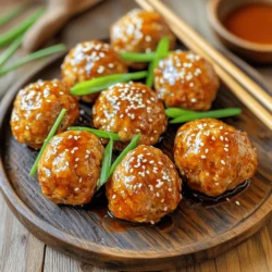 To make teriyaki chicken meatballs, you'll need some key ingredients. Here’s what you’ll need: - 1 lb ground chicken - 1/4 cup panko breadcrumbs - 1/4 cup green onions, finely chopped - 1 clove garlic, minced - 1 tablespoon fresh ginger, grated These ingredients bring great flavor and texture to your meatballs. Ground chicken keeps them light, while panko breadcrumbs add a nice crunch. Green onions, garlic, and ginger give them a burst of freshness. Next, let’s add some extra flavor with these ingredients: - 1 tablespoon soy sauce (low sodium) - 1 tablespoon sesame oil - 1 tablespoon honey - 1 teaspoon black pepper - 1/2 teaspoon salt The soy sauce and sesame oil create that classic teriyaki taste. Honey adds a touch of sweetness, while the black pepper and salt balance the flavors. Finally, for a lovely finish, you’ll want these garnishes and sides: - 1 tablespoon sesame seeds (for garnish) - 2 tablespoons cooking oil (for frying) You can serve these meatballs with rice or steamed vegetables. They look beautiful garnished with sesame seeds. This adds a nice crunch and makes the dish pop. You can find the full recipe [here](Full Recipe). Enjoy cooking! Start by gathering your ingredients. In a large bowl, combine the following: - 1 lb ground chicken - 1/4 cup panko breadcrumbs - 1/4 cup green onions, finely chopped - 1 clove garlic, minced - 1 tablespoon fresh ginger, grated - 1 tablespoon soy sauce (low sodium) - 1 tablespoon sesame oil - 1 tablespoon honey - 1 teaspoon black pepper - 1/2 teaspoon salt Mix these ingredients well. I find using my hands works best. You want to blend everything into a nice, even mixture. Don’t overmix, as it can make the meatballs tough. Next, take a small amount of the mixture. Shape it into a ball about 1 inch in size. This size helps them cook evenly. You should get around 20 meatballs from this mixture. For uniform meatballs, I suggest using a cookie scoop. It helps keep the size consistent. Now, heat 2 tablespoons of cooking oil in a large skillet over medium heat. Once the oil is hot, add the meatballs in a single layer. Cook them for about 5 to 7 minutes. Turn them occasionally for even browning. You want them golden brown and cooked through. The best way to tell if they are done is to cut one open. It should be white inside, with no pink. While the meatballs cook, you can whip up a quick teriyaki sauce. Mix 1 tablespoon of soy sauce, 1 tablespoon of honey, and a splash of water in a small bowl. Drizzle this over the cooked meatballs. Toss gently to coat them. Cook for another 1 to 2 minutes so the sauce caramelizes a bit. Once done, sprinkle sesame seeds on top for a nice finish. Enjoy your teriyaki chicken meatballs! For a complete guide, check the Full Recipe. To make the best teriyaki chicken meatballs, keep them moist and flavorful. Start with the right balance of ingredients. Ground chicken is lean, so add panko breadcrumbs. They help keep the meatballs from drying out. The mixture should be wet but not too sticky. If it feels too sticky, add a little more breadcrumbs. When you shape the meatballs, wet your hands. This will help you form perfect balls without the mixture sticking to your fingers. Aim for one-inch size meatballs for even cooking. You can cook your meatballs in different ways. Skillet frying gives them a nice golden crust. Heat your oil in a skillet over medium heat. Cook each side for a few minutes until they are brown and cooked through. For a healthier option, try baking them in the oven. Preheat your oven to 400°F (200°C) and place the meatballs on a baking sheet. Bake for about 20 minutes, flipping halfway. If you have an air fryer, use it! Place the meatballs in the basket and cook at 375°F (190°C) for about 10-12 minutes. They will be juicy and crispy without extra oil. Pair your teriyaki chicken meatballs with rice or steamed vegetables. Jasmine rice works well, while broccoli adds a nice crunch. You can also create a fun plate. Arrange the meatballs artfully and drizzle extra teriyaki sauce on top. For a pop of color, sprinkle sesame seeds and chopped green onions. Add a lime wedge for a touch of zest. This not only looks great but also makes for a tasty meal. For the full recipe, check out the instructions above! {{image_2}} You can easily change the meat in these meatballs. Ground turkey or beef works well. Both options add unique flavors. If you need a gluten-free meal, swap panko with gluten-free breadcrumbs. This substitution keeps the texture nice without gluten. Teriyaki sauce can vary a lot. You might try different brands or make your own. Adding chili paste can give it a nice kick. Fresh citrus juice, like lime or orange, brightens the flavor. These changes make the sauce more exciting and personal. You can mix in other global flavors too. Adding soy sauce, mirin, or miso enhances the taste. You might even blend in spices from other cuisines. For example, try using taco seasoning for a fun twist. These ideas make your teriyaki chicken meatballs unique. Each variation opens up new taste adventures. For the full recipe, check the section above. After cooking your teriyaki chicken meatballs, let them cool down. Place them in an airtight container. This keeps them fresh and tasty. You can store them in the fridge for up to four days. If you want to keep them longer, consider freezing. To freeze meatballs, let them cool completely first. Arrange them in a single layer on a baking sheet. Once frozen, transfer them to a freezer bag. This way, you can take out as many as you need later. When you're ready to eat, thaw them in the fridge overnight. To reheat, you can bake them in the oven or heat them on the stove. Got leftover meatballs? Try adding them to a stir-fry with veggies. You can also toss them in a salad for extra protein. Another great idea is to make a meatball sub with crusty bread. The options are endless! For more creative ideas, check out the Full Recipe for other ways to use your teriyaki chicken meatballs. To check if your meatballs are cooked, look for a few key signs. - They should turn a nice golden brown color. - The meatballs should feel firm to the touch. The best way to be sure is to use a meat thermometer. The internal temperature should reach 165°F. This ensures they are safe to eat and fully cooked. If you don’t have a thermometer, cut one meatball in half. The meat should be white and no longer pink inside. Yes, you can make teriyaki chicken meatballs ahead of time! This is a great way to save time during busy days. - Prepare the meatballs and store them uncooked in the fridge for up to 24 hours. - You can also cook them and store in the fridge for up to 3 days. For longer storage, freeze them. Place the cooked meatballs in a freezer-safe bag. They can last for up to 3 months. Thaw them in the fridge overnight before reheating. Teriyaki chicken meatballs pair well with many sides. Here are some tasty options: - Steamed rice or jasmine rice - Stir-fried vegetables for a healthy crunch - Noodles, like soba or udon, for a filling meal - A fresh cucumber salad for a cool contrast Feel free to mix and match these sides. They make your meal colorful and fun! In this post, we explored how to create delicious teriyaki chicken meatballs. We discussed key ingredients, preparation methods, and cooking techniques. You learned about variations and storage tips, making these meatballs easy to enjoy anytime. As you try this recipe, don’t hesitate to get creative. Use different proteins or sauces to make it your own. With practice, you'll master the art of teriyaki meatballs. Enjoy your cooking journey!