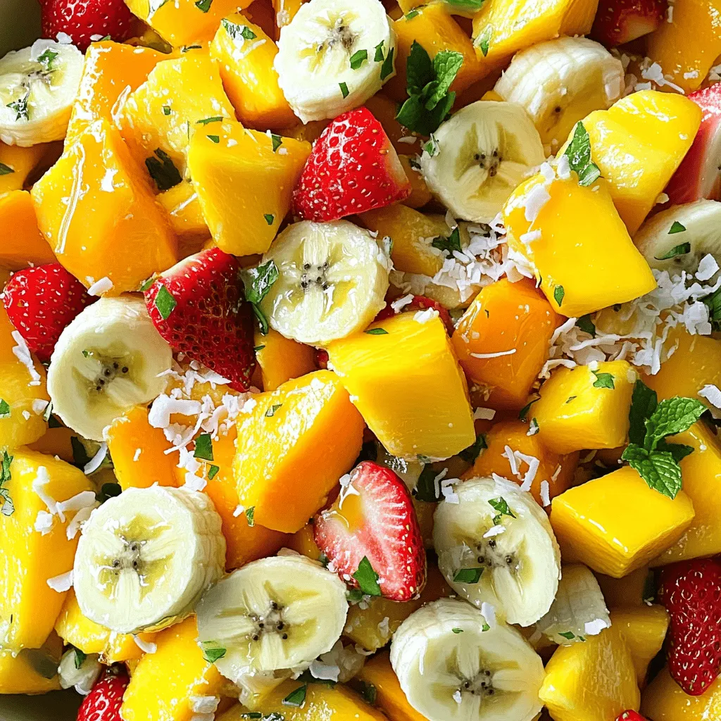 Creating a delicious tropical fruit salad starts with fresh ingredients. You want ripe and sweet fruits for the best taste. Here’s what you need: - 1 ripe pineapple, peeled and diced - 2 ripe mangoes, diced - 1 papaya, peeled and cubed - 1 cup strawberries, hulled and halved - 1 banana, sliced - 1/2 cup shredded coconut - 1 lime, juiced - 2 tablespoons honey or agave syrup (optional) - Fresh mint leaves for garnish Each serving of this tropical fruit salad is low in calories and full of vitamins. Fruits like mangoes and papayas give you vitamin C, which boosts your immune system. Pineapples help with digestion. Strawberries are rich in antioxidants. Bananas provide potassium, which is good for your heart. This salad not only tastes great but also nourishes your body. For the full recipe, you can check how to easily bring these flavors together! To start, wash all your fruits well. This keeps them clean and safe. For the pineapple, cut off the top and bottom. Stand it upright and slice off the skin. Dice the pineapple into small cubes. For the mangoes, cut along the seed and scoop out the flesh. Dice the mango into pieces. Next, peel the papaya and cut it in half. Remove the seeds, then cube the flesh. For the strawberries, remove the green tops and slice them in half. Lastly, slice the banana into rounds. When choosing fruits, look for ones that are firm but yield slightly when pressed. A ripe pineapple smells sweet at the base. Mangoes should feel soft but not mushy. Papayas should have a slight softness, and strawberries must be bright red with no dark spots. Now it’s time to mix the fruits. In a large bowl, add the diced pineapple, mangoes, papaya, strawberries, and banana. Toss them gently to combine. For the dressing, grab a small bowl. Squeeze the juice from one lime into it. Add honey or agave syrup, if you like. Whisk the lime juice and sweetener until mixed well. Drizzle this mixture over the fruit. Toss gently again to coat all the pieces evenly. Chill the salad in the fridge for about 30 minutes. This step is key as it helps the flavors blend. The cold fruit will taste even better! Before serving, gently fold in the shredded coconut. This adds a nice texture but be careful not to mash the fruit. Serve it in a bowl and enjoy your Tropical Paradise Fruit Salad! For the full recipe, check the top of this section. Freshness is key for a great tropical fruit salad. I always choose ripe fruits. Ripe fruits are sweet and juicy. They make the salad taste amazing. When you pick fruits, look for bright colors and a sweet smell. This means they are ripe and ready to eat. Balancing sweetness is important too. Lime juice adds a zesty kick. It makes the salad bright and refreshing. Start with one lime's juice. Taste as you go. If you want it sweeter, add honey or agave syrup. Just a bit can make a big difference. Serving your salad in a fun way makes it special. Use a big, clear bowl to show off the colors. You can also use individual cups for a personal touch. This makes it easy for guests to grab their own. Garnishing with fresh mint leaves adds a pop of color. The mint also adds a fresh taste. Just sprinkle a few leaves on top before serving. It makes your salad look beautiful and inviting. Leftovers can be stored for later. Use an airtight container to keep the salad fresh. It can last in the fridge for up to two days. But the fruit is best when fresh. Serving temperatures matter too. I like to chill the salad for about 30 minutes before serving. This helps the flavors mix and cools it down. Serve it cold for a refreshing treat. {{image_2}} You can enhance your tropical fruit salad by adding more fruits. Consider using kiwi, passion fruit, or dragon fruit. These fruits bring new flavors and colors. For kiwi, slice it thinly. Passion fruit adds a tangy kick, and dragon fruit adds a pop of pink. When adding these fruits, you may want to adjust the dressing. If you use more tart fruits, add a bit more honey or agave to balance the flavors. This keeps every bite delicious. If you want a lighter option, try substituting honey or agave with stevia. Stevia is a great natural sweetener with no calories. This change keeps your fruit salad sweet without added sugars. Also, consider using unsweetened coconut instead of sweetened. Unsweetened coconut gives texture without extra sweetness. These swaps make your tropical fruit salad healthier while still being tasty. You can create themed fruit salads for holidays or special events. For a summer party, try adding berries and mint to your tropical mix. This adds a festive touch. Pair your tropical fruit salad with grilled chicken or fish for a full meal. The bright flavors of the salad complement savory dishes well. You can even serve it in a pineapple shell for a fun presentation. This makes your dish stand out and impresses your guests. For the full recipe, check out the Tropical Paradise Fruit Salad section. To keep your tropical fruit salad fresh, use an airtight container. This method helps lock in moisture and flavor. You can store it in the fridge for up to three days. After that, the fruits may start to lose their crunch and taste. Always check for any signs of spoilage before enjoying leftovers. Can you freeze tropical fruit salad? Yes, you can! However, freezing may change the texture of some fruits. To freeze, place the salad in a freezer-safe container. Make sure to remove as much air as possible. This helps prevent freezer burn. Consume within three months for the best taste. Use glass or BPA-free plastic containers to store your fruit salad. Glass keeps fruits fresh longer and does not absorb smells. If you want an eco-friendly option, look for reusable silicone bags. They are a great way to store fruits without waste. Always choose containers that seal tightly to keep your salad safe and fresh. To pick ripe tropical fruits, look for these signs: - Pineapple: It should have a sweet smell and yield slightly when pressed. - Mango: Press gently; it should feel soft but not mushy. Look for deep color. - Papaya: A ripe papaya is golden and yields to gentle pressure. - Strawberries: They should be bright red and firm. Avoid any that are white or mushy. - Banana: Choose yellow bananas with some brown spots for sweetness. These indicators help ensure your salad tastes fresh and sweet. Yes, you can make this salad a few hours ahead of time. I recommend preparing it up to 4 hours in advance. Just keep it in the fridge to stay cool. The fruits will blend their flavors nicely. However, avoid making it a day before as some fruits might turn brown or mushy. Absolutely! This salad is great for meal prep. Here are my best tips: - Portion it out: Divide the salad into small containers for easy grab-and-go meals. - Use fresh fruits: Fresh fruits keep their taste and texture best. - Add dressing later: For best flavor, mix in the lime juice and honey right before you eat it. These steps help you enjoy this healthy delight all week long! For the full recipe, check out Tropical Paradise Fruit Salad. In this blog post, we explored how to make a delicious tropical fruit salad. We covered the ingredients, like fresh fruits and coconut, and shared tips for preparation and presentation. I emphasized the importance of using ripe fruits for the best taste. You can also try different variations for special occasions. With these simple steps, you can create a refreshing dish that’s sure to impress. Enjoy your tropical fruit salad, and don’t forget to have fun while making it!