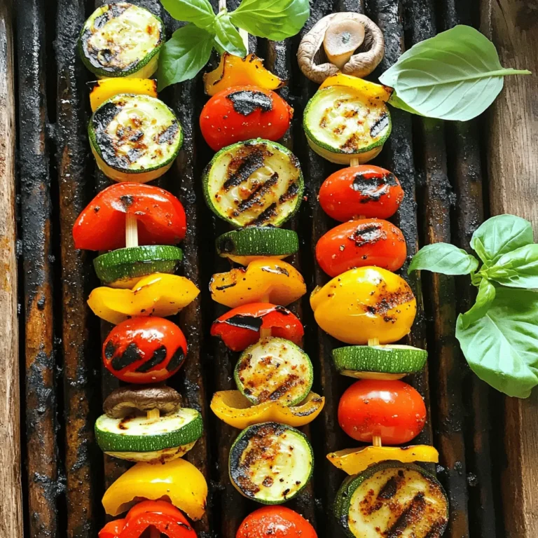 - 1 zucchini, sliced into thick rounds - 1 red bell pepper, cut into 1-inch squares - 1 yellow bell pepper, cut into 1-inch squares - 1 red onion, cut into quarters - 8 cherry tomatoes - 1 cup mushrooms, cleaned and stemmed These colorful veggies bring life to your skewers. Zucchini adds a soft bite. Bell peppers give a sweet crunch. Red onion brings a mild sharpness. Cherry tomatoes burst with flavor, while mushrooms add a hearty touch. Mixing these will make your dish pop. - 3 tablespoons olive oil - 2 teaspoons garlic powder - 1 teaspoon smoked paprika - 1 teaspoon dried oregano - Salt and pepper to taste The seasoning is vital for tasty skewers. Olive oil helps the veggies cook evenly. Garlic powder gives a savory punch. Smoked paprika adds a hint of smokiness. Oregano brings a fresh aroma. Salt and pepper enhance all the flavors. Mix these well to coat your veggies. - Fresh basil leaves Garnishes elevate your dish. Fresh basil leaves add a burst of color and flavor. They make your skewers look gourmet. Just sprinkle them on top right before serving. For the full recipe, check out the details provided earlier. Slicing and Chopping Start by slicing your zucchini into thick rounds. Cut the red and yellow bell peppers into 1-inch squares. Quarter the red onion and clean your mushrooms. Finally, wash the cherry tomatoes and set them aside. This mix of colors makes your skewers pop! Marinating In a large bowl, combine all the chopped veggies. In another bowl, mix olive oil, garlic powder, smoked paprika, dried oregano, salt, and pepper. Pour this marinade over the veggies. Toss them well until every piece is coated. Let them sit for a few minutes to soak up the flavors. Preheating Tips Preheat your grill to medium-high heat. This step is crucial. A hot grill ensures nice grill marks and helps the veggies cook evenly. Ensuring Grill Safety Before grilling, check your grill for any leftover food. Clean the grates if needed. This keeps your skewers from sticking and burning. Always have a spray bottle of water nearby to deal with flare-ups. Cooking Time and Temperature Thread the marinated veggies onto skewers, mixing colors and shapes for a stunning look. Place them on the grill for about 10-15 minutes. You want them tender but still crisp. Turning and Basting Turn the skewers every few minutes. This helps them cook evenly and get those beautiful grill marks. If you have extra marinade, brush it on the skewers while grilling. This adds extra flavor as they cook. For the full recipe, check out the section above! Vegetables Pairing Choose colorful veggies for your skewers. I love using zucchini, bell peppers, and mushrooms. They grill well and taste great together. You can also add onions and cherry tomatoes for extra flavor. Try mixing soft and crunchy veggies. This gives a nice texture contrast. Soaking Wooden Skewers If you use wooden skewers, soak them in water for about 30 minutes. This keeps them from burning on the grill. It’s a simple step that helps your skewers cook evenly. Direct vs Indirect Heat Grilling can use two heat methods: direct and indirect. Direct heat cooks food quickly over the flame. This is great for veggies that cook fast. Indirect heat is for longer cooking. Use it when you want to slow-cook larger pieces. For skewers, I recommend starting with direct heat. Using a Grill Basket A grill basket can save your veggies from falling through the grill. It holds smaller pieces together. This makes turning easier and helps with even cooking. If you have lots of small pieces, a grill basket is a must-have. Knowing When the Veggies are Done Look for bright colors and grill marks. Veggies should be tender but not mushy. You can also pierce them with a fork. If it goes in easily, they’re ready. Avoiding Overcooking Keep an eye on your skewers. Check them often while grilling. Overcooked veggies lose their flavor and crunch. Aim for about 10-15 minutes on the grill. This timing gives you the best results. For more details on making these tasty skewers, check the Full Recipe. {{image_2}} You can switch up your grilled veggie skewers with different vegetables. Try adding asparagus, eggplant, or even squash. Each adds its own taste and texture. You can also add proteins like tofu or halloumi. Tofu soaks up flavors well, while halloumi adds a creamy bite. Feel free to experiment with herbs and spices. Use fresh rosemary or thyme for a different flavor. You can also try different marinades. A balsamic vinaigrette or soy sauce can add a nice twist. For a spicy kick, add chili flakes or a touch of sriracha. Pair your skewers with dips and sauces. A cool yogurt dip or a zesty chimichurri works great. You can also serve your veggie skewers with grains like quinoa or a fresh salad. This adds more texture and makes for a complete meal. For the full recipe, check the details above. After enjoying your grilled veggie skewers, you might have some left. Store them in an airtight container. These can stay fresh in the fridge for up to three days. If you want to keep them longer, freezing is a great option. Place them in a freezer-safe bag or container. They can last for up to three months in the freezer. When it’s time to eat your leftovers, reheating is easy. Use the oven for the best taste. Preheat it to 350°F (175°C). Spread the skewers on a baking sheet. Heat for about 10 minutes until warm. You can also use a microwave if you are in a hurry. Just heat them for one to two minutes. To keep the veggies tasty, cover them with a damp paper towel in the microwave. Want to save time? Prepare your veggies in advance. Slice your zucchini, bell peppers, and onion a day before grilling. Store them in the fridge. You can also use grilled veggies in other dishes. Toss them in salads or pasta. Add them to wraps for a quick meal. These veggie skewers are not just for grilling; they add flavor to many meals! For the full recipe, check out the Grilled Veggie Skewers Delight. You should grill veggie skewers for about 10 to 15 minutes. Turn them every few minutes. This helps them cook evenly. You want them tender with nice grill marks. Yes, you can use frozen vegetables, but fresh tastes better. If you use frozen, thaw them first. Pat them dry to avoid excess moisture. This helps them grill nicely. Wooden or metal skewers work well for grilling. Wooden skewers need soaking in water first. This prevents them from burning. Metal skewers last longer and are easy to clean. Yes, grilled veggie skewers are very healthy! They are low in calories and rich in fiber. You get vitamins and minerals from the veggies, too. This makes them a great choice for meals. You can prepare the skewers ahead of time. Just keep them in the fridge until you're ready to grill. This saves time and makes for a quick meal. For the full recipe, check out the details above. Grilling veggie skewers is fun and simple. You learned about essential vegetables, tasty seasonings, and steps to grill safely. I shared tips to perfect your skewers and ways to mix flavors. Remember, try new veggies and spices for variety. Store leftovers properly to enjoy later. This method is healthy and great for meal prep. Enjoy your grilling and impress your friends with these delicious veggie skewers. Happy cooking!