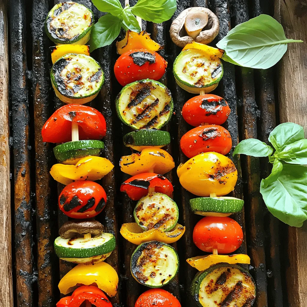 - 1 zucchini, sliced into thick rounds - 1 red bell pepper, cut into 1-inch squares - 1 yellow bell pepper, cut into 1-inch squares - 1 red onion, cut into quarters - 8 cherry tomatoes - 1 cup mushrooms, cleaned and stemmed These colorful veggies bring life to your skewers. Zucchini adds a soft bite. Bell peppers give a sweet crunch. Red onion brings a mild sharpness. Cherry tomatoes burst with flavor, while mushrooms add a hearty touch. Mixing these will make your dish pop. - 3 tablespoons olive oil - 2 teaspoons garlic powder - 1 teaspoon smoked paprika - 1 teaspoon dried oregano - Salt and pepper to taste The seasoning is vital for tasty skewers. Olive oil helps the veggies cook evenly. Garlic powder gives a savory punch. Smoked paprika adds a hint of smokiness. Oregano brings a fresh aroma. Salt and pepper enhance all the flavors. Mix these well to coat your veggies. - Fresh basil leaves Garnishes elevate your dish. Fresh basil leaves add a burst of color and flavor. They make your skewers look gourmet. Just sprinkle them on top right before serving. For the full recipe, check out the details provided earlier. Slicing and Chopping Start by slicing your zucchini into thick rounds. Cut the red and yellow bell peppers into 1-inch squares. Quarter the red onion and clean your mushrooms. Finally, wash the cherry tomatoes and set them aside. This mix of colors makes your skewers pop! Marinating In a large bowl, combine all the chopped veggies. In another bowl, mix olive oil, garlic powder, smoked paprika, dried oregano, salt, and pepper. Pour this marinade over the veggies. Toss them well until every piece is coated. Let them sit for a few minutes to soak up the flavors. Preheating Tips Preheat your grill to medium-high heat. This step is crucial. A hot grill ensures nice grill marks and helps the veggies cook evenly. Ensuring Grill Safety Before grilling, check your grill for any leftover food. Clean the grates if needed. This keeps your skewers from sticking and burning. Always have a spray bottle of water nearby to deal with flare-ups. Cooking Time and Temperature Thread the marinated veggies onto skewers, mixing colors and shapes for a stunning look. Place them on the grill for about 10-15 minutes. You want them tender but still crisp. Turning and Basting Turn the skewers every few minutes. This helps them cook evenly and get those beautiful grill marks. If you have extra marinade, brush it on the skewers while grilling. This adds extra flavor as they cook. For the full recipe, check out the section above! Vegetables Pairing Choose colorful veggies for your skewers. I love using zucchini, bell peppers, and mushrooms. They grill well and taste great together. You can also add onions and cherry tomatoes for extra flavor. Try mixing soft and crunchy veggies. This gives a nice texture contrast. Soaking Wooden Skewers If you use wooden skewers, soak them in water for about 30 minutes. This keeps them from burning on the grill. It’s a simple step that helps your skewers cook evenly. Direct vs Indirect Heat Grilling can use two heat methods: direct and indirect. Direct heat cooks food quickly over the flame. This is great for veggies that cook fast. Indirect heat is for longer cooking. Use it when you want to slow-cook larger pieces. For skewers, I recommend starting with direct heat. Using a Grill Basket A grill basket can save your veggies from falling through the grill. It holds smaller pieces together. This makes turning easier and helps with even cooking. If you have lots of small pieces, a grill basket is a must-have. Knowing When the Veggies are Done Look for bright colors and grill marks. Veggies should be tender but not mushy. You can also pierce them with a fork. If it goes in easily, they’re ready. Avoiding Overcooking Keep an eye on your skewers. Check them often while grilling. Overcooked veggies lose their flavor and crunch. Aim for about 10-15 minutes on the grill. This timing gives you the best results. For more details on making these tasty skewers, check the Full Recipe. {{image_2}} You can switch up your grilled veggie skewers with different vegetables. Try adding asparagus, eggplant, or even squash. Each adds its own taste and texture. You can also add proteins like tofu or halloumi. Tofu soaks up flavors well, while halloumi adds a creamy bite. Feel free to experiment with herbs and spices. Use fresh rosemary or thyme for a different flavor. You can also try different marinades. A balsamic vinaigrette or soy sauce can add a nice twist. For a spicy kick, add chili flakes or a touch of sriracha. Pair your skewers with dips and sauces. A cool yogurt dip or a zesty chimichurri works great. You can also serve your veggie skewers with grains like quinoa or a fresh salad. This adds more texture and makes for a complete meal. For the full recipe, check the details above. After enjoying your grilled veggie skewers, you might have some left. Store them in an airtight container. These can stay fresh in the fridge for up to three days. If you want to keep them longer, freezing is a great option. Place them in a freezer-safe bag or container. They can last for up to three months in the freezer. When it’s time to eat your leftovers, reheating is easy. Use the oven for the best taste. Preheat it to 350°F (175°C). Spread the skewers on a baking sheet. Heat for about 10 minutes until warm. You can also use a microwave if you are in a hurry. Just heat them for one to two minutes. To keep the veggies tasty, cover them with a damp paper towel in the microwave. Want to save time? Prepare your veggies in advance. Slice your zucchini, bell peppers, and onion a day before grilling. Store them in the fridge. You can also use grilled veggies in other dishes. Toss them in salads or pasta. Add them to wraps for a quick meal. These veggie skewers are not just for grilling; they add flavor to many meals! For the full recipe, check out the Grilled Veggie Skewers Delight. You should grill veggie skewers for about 10 to 15 minutes. Turn them every few minutes. This helps them cook evenly. You want them tender with nice grill marks. Yes, you can use frozen vegetables, but fresh tastes better. If you use frozen, thaw them first. Pat them dry to avoid excess moisture. This helps them grill nicely. Wooden or metal skewers work well for grilling. Wooden skewers need soaking in water first. This prevents them from burning. Metal skewers last longer and are easy to clean. Yes, grilled veggie skewers are very healthy! They are low in calories and rich in fiber. You get vitamins and minerals from the veggies, too. This makes them a great choice for meals. You can prepare the skewers ahead of time. Just keep them in the fridge until you're ready to grill. This saves time and makes for a quick meal. For the full recipe, check out the details above. Grilling veggie skewers is fun and simple. You learned about essential vegetables, tasty seasonings, and steps to grill safely. I shared tips to perfect your skewers and ways to mix flavors. Remember, try new veggies and spices for variety. Store leftovers properly to enjoy later. This method is healthy and great for meal prep. Enjoy your grilling and impress your friends with these delicious veggie skewers. Happy cooking!