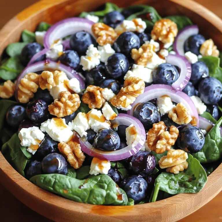To make a tasty Blueberry Feta Delight Salad, you need: - 2 cups fresh baby spinach - 1 cup blueberries, fresh or frozen (thawed) - 1/2 cup feta cheese, crumbled - 1/4 cup walnuts, roughly chopped - 1/4 cup red onion, thinly sliced - 3 tablespoons olive oil - 1 tablespoon balsamic vinegar - 1 tablespoon honey - Salt and pepper to taste This salad is not only delicious but also healthy. Each serving has about: - Calories: 210 - Protein: 5g - Carbohydrates: 15g - Fats: 17g - Fiber: 3g Blueberries give you vitamins, while feta adds protein and flavor. Choosing fresh ingredients makes your salad shine. Here’s how: - Spinach: Look for bright green leaves. Avoid any that are wilted. - Blueberries: Pick plump, firm berries with a deep blue color. - Feta Cheese: Fresh feta should smell milky and taste creamy. Check the date on the package. - Walnuts: Choose whole nuts with a light tan color. Avoid dark spots. - Red Onion: Pick firm onions with tight skin. They should feel heavy for their size. These tips help you create the best Blueberry Feta Delight Salad. For the full recipe, check out the recipe section above. To start, gather all your ingredients. You need fresh baby spinach, blueberries, feta cheese, walnuts, and red onion. Rinse the spinach and blueberries under cold water. If your blueberries are frozen, let them thaw. Next, crumble the feta cheese and chop the walnuts roughly. Slice the red onion thinly. Now, you have everything ready to go! For the dressing, take a small bowl. In it, whisk together olive oil, balsamic vinegar, honey, salt, and pepper. Mix these until you see a smooth blend. This dressing adds a nice tangy flavor to the salad. Grab a large salad bowl. Combine the spinach, blueberries, feta, and walnuts. Pour the dressing over the salad mix. Now, gently toss everything together. Make sure all the ingredients are covered in the dressing. Finally, add the sliced red onion and give it a light toss again. You can serve it right away or let it sit for about 10 minutes. This waiting time helps the flavors mix well. For a nice touch, serve it on a large platter or in individual bowls. You might want to sprinkle some extra feta and walnuts on top. This Blueberry Feta Delight Salad is ready to impress! Check out the Full Recipe for more details. To keep your Blueberry Feta Salad fresh, choose the best ingredients. Look for bright green spinach with no wilting. When picking blueberries, select plump ones with a deep hue. If you use frozen blueberries, make sure they are thawed and drained. Store your salad components separately until you're ready to serve. This way, the spinach stays crisp. To boost flavors, add a dash of lemon juice or zest. This brightens the dish and complements the blueberries. You can also toast the walnuts for a nutty crunch. Just heat them in a pan for a few minutes. For extra sweetness, mix in a few slices of ripe strawberries or peaches. This adds layers of taste to your salad. Presentation matters! Serve your salad on a large platter for a family-style meal. For an elegant touch, use individual bowls. Sprinkle extra feta and walnuts on top for a beautiful finish. You can also add edible flowers for a pop of color. Serve immediately for the best flavor and freshness. For a fun twist, try using a mason jar for each serving. This makes it easy to transport and looks great! {{image_2}} You can swap ingredients to change the flavor. Try using kale instead of spinach for a heartier base. You can also replace feta with goat cheese for a tangy twist. If you want a crunch, use pecans instead of walnuts. For a touch of sweetness, add sliced strawberries or raspberries. This salad shines in every season. In summer, include fresh herbs like basil or mint for extra freshness. In fall, add roasted butternut squash for warmth and depth. Winter calls for citrus like orange or grapefruit, brightening the dish. You can use pomegranate seeds in winter for a festive look and taste. To make this salad vegan, skip the cheese and use avocado for creaminess. If you're gluten-free, check that your balsamic vinegar is gluten-free. For a protein boost, add grilled chicken or chickpeas. This salad is easily adaptable to fit many diets, ensuring everyone can enjoy it. For the full recipe, explore how these variations can elevate your meal. To store leftover Blueberry Feta Salad, place it in an airtight container. Make sure to seal it tight to keep air out. This method helps maintain the salad's crispness and flavor. Store it in the fridge for up to three days. If you see any wilting, it’s best to toss those leaves. For the best taste, keep the dressing separate. If you mix everything before storing, the salad can get soggy. You can also store the nuts and cheese in separate bags. This keeps them crunchy and fresh. When you're ready to eat, just combine everything again! This salad is best served cold. If you want to eat it warm, you can give the nuts a quick toast. Just heat them in a dry pan for a few minutes. But remember, don't heat the salad itself. Heating can change the taste of the blueberries and the feta cheese. Enjoy it fresh for the best flavor! You can use goat cheese or ricotta for a different taste. Both add creaminess. If you want a vegan option, try tofu. Crumble it and season it for a similar texture. Yes, you can prepare the salad a few hours ahead. Just keep the dressing separate. This helps the greens stay crisp. Combine the salad and dressing right before serving. Fresh blueberries last about one week in the fridge. Keep them in their original container. Avoid washing until you’re ready to eat them. This keeps them fresh longer. Blueberries are full of vitamins and minerals. They are low in calories but high in fiber. They help support heart health and boost brain function. Eating them can improve your overall health. Yes, this salad works well for meal prep. You can pack it in containers. Just keep the dressing separate to maintain freshness. It’s a great way to enjoy healthy meals all week! For the full recipe, check out the Blueberry Feta Delight Salad. This blog post shared key steps for making a fresh salad. We covered ingredients, tips for freshness, and how to store leftovers. Try the advice for picking fresh items and enhancing flavor for the best results. We also explored fun variations to suit different tastes and diets. Remember to follow the storage tips to keep your salad fresh and tasty. Enjoy creating your perfect salad and sharing it with others!