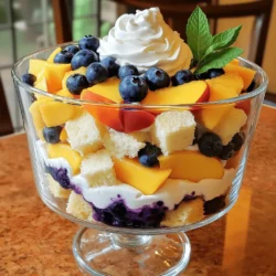 - 3 ripe peaches, peeled and sliced - 1 cup fresh blueberries - 2 cups vanilla pudding (store-bought or homemade) - 1 cup whipped cream - 4 cups angel food cake, cubed - 2 tablespoons honey (optional) - Fresh mint leaves for garnish The key to a great peach and blueberry trifle lies in using fresh ingredients. The ripe peaches bring a sweet and juicy flavor that shines through every layer. Blueberries add a burst of tangy goodness, making each bite exciting. For the pudding, you can use store-bought or make it at home. Homemade pudding often tastes better and allows you to control the sweetness. I like to whip my cream to add a light and airy texture. The angel food cake is perfect for soaking up the pudding and fruit juices. If you want a hint of sweetness, drizzle honey on the cake layers. Finish your trifle with a sprinkle of mint leaves. This not only adds a pop of color but also a fresh taste that brightens the dessert. Check out the Full Recipe for more details on how to put this delightful dish together. To make the pudding, you can choose store-bought or homemade. If you go for store-bought, simply follow the package instructions. It’s quick and easy. For homemade vanilla pudding, gather these items: - 2 cups milk - 1/2 cup sugar - 1/4 cup cornstarch - A pinch of salt - 1 teaspoon vanilla extract 1. In a saucepan, mix the milk, sugar, cornstarch, and salt. 2. Cook over medium heat. Stir well until it thickens. 3. Remove from heat and add the vanilla extract. 4. Let it cool before using in your trifle. Now, let’s prepare the angel food cake. This cake is light and fluffy, perfect for our trifle. 1. Take your angel food cake and place it on a cutting board. 2. Use a serrated knife to cut it into bite-sized cubes. 3. Aim for about 4 cups of cake cubes. This helps with even layers in the trifle. Layering is key to a beautiful trifle. 1. In a large trifle dish or individual cups, start with a layer of cake cubes at the bottom. 2. Next, spoon a layer of your prepared vanilla pudding over the cake. 3. Add a layer of sliced peaches and a handful of blueberries. If you want, drizzle a bit of honey on top for extra sweetness. 4. Repeat the layers: cake, pudding, peaches, and blueberries. Finish with a layer of whipped cream on top. Chilling your trifle is very important. - Cover the dish with plastic wrap. - Refrigerate for at least 1 hour. This time helps the flavors blend and the dessert to set. Finally, let’s make it pretty! 1. Before serving, take a moment to garnish. 2. Top your trifle with fresh blueberries, sliced peaches, and mint leaves. This adds a pop of color and freshness. This Peach and Blueberry Trifle is ready to impress! Enjoy the layers of flavor and texture in every bite. For the full recipe, check the details above. For the best pudding, keep it thick and smooth. If it is too runny, your trifle will not hold its shape. Make sure to chill the pudding well before layering it. This helps it set nicely. Choosing ripe peaches is key for great taste. Look for peaches that yield slightly to gentle pressure. They should smell sweet and fragrant. Avoid any hard or overly soft peaches, as they may not taste good. You can serve your trifle in two ways. For a big gathering, a large trifle dish works well. It looks great and feeds many people. For smaller servings, use individual cups or jars. This makes it easy to grab and enjoy. To avoid soggy layers, make sure the fruit is dry. Excess juice can make the cake mushy. You might also want to layer quickly. If you wait too long, the cake can absorb too much liquid. Even distribution of flavors is crucial. When layering, spread the pudding and fruit evenly. This way, every bite is packed with flavor. Don’t skip this step; it makes a big difference in taste! {{image_2}} You can change the fruits in this trifle for fun. Try adding strawberries or raspberries. These fruits bring fresh flavors and bright colors. Strawberries add a sweet, juicy bite, while raspberries give a little tartness. Mixing these fruits keeps your trifle exciting and tasty. Want to boost the flavors? Try adding almond extract to your pudding. Just a few drops can make a big difference. Almond extract has a lovely nutty taste that pairs well with peaches and blueberries. You can also use vanilla bean or lemon zest. These flavors can make your trifle even more delightful. If you need a gluten-free option, use gluten-free angel food cake. There are many brands available now. Just check the label to ensure it meets your needs. For a dairy-free pudding, coconut milk works great. You can also find dairy-free puddings at most stores. These swaps keep your trifle delicious and inclusive. To keep your Peach and Blueberry Trifle fresh, store it in the fridge. Use a tight-fitting lid or plastic wrap to cover it. This prevents the trifle from absorbing other smells in your fridge. Make sure the trifle stays cold and does not sit out for too long. This helps keep the flavors bright and the textures nice. You can freeze Peach and Blueberry Trifle, but it is not ideal. The texture changes when thawed. The whipped cream may become watery, and the cake can get soggy. If you still want to freeze it, do so before adding whipped cream. Layer the pudding and fruit, then cover it well. Thaw it in the fridge before serving, and add the whipped cream fresh. The trifle lasts about 3 to 4 days in the fridge. After that, the fruit can start to break down. You may notice the cake layers get soggy, too. So, it is best to enjoy the trifle within a few days for the best taste and texture. Always check for freshness before serving any leftovers. You can use several cake options in place of angel food cake. Here are a few: - Pound cake - Sponge cake - Ladyfingers These cakes add a nice texture and flavor to the trifle. Choose what you like best! Yes, you can prepare the Peach and Blueberry Trifle a day early. Just follow these steps: - Layer the cake, pudding, and fruit as usual. - Cover the trifle well with plastic wrap. - Store it in the fridge overnight. This allows the flavors to blend beautifully! Yes, you can make a vegan Peach and Blueberry Trifle. Here are some swaps: - Use a vegan sponge cake or ladyfingers. - Replace vanilla pudding with a plant-based version. - Use coconut whipped cream instead of regular whipped cream. These changes keep the dessert tasty and vegan-friendly! A typical serving of Peach and Blueberry Trifle has around 300 calories. The calories can vary based on the cake and pudding you use. You can check the Full Recipe for more specific details on calories based on your ingredients. This blog covered a delightful peach and blueberry trifle. We looked at ingredients, instructions, and tips for success. You learned how to prepare fresh fruit, pudding, and angel food cake. We explored fun variations and storage ideas. Enjoy making this tasty dessert. It’s perfect for gatherings or a sweet treat. With fresh flavors and easy steps, you can delight everyone. Trust that your trifle will be a crowd-pleaser!