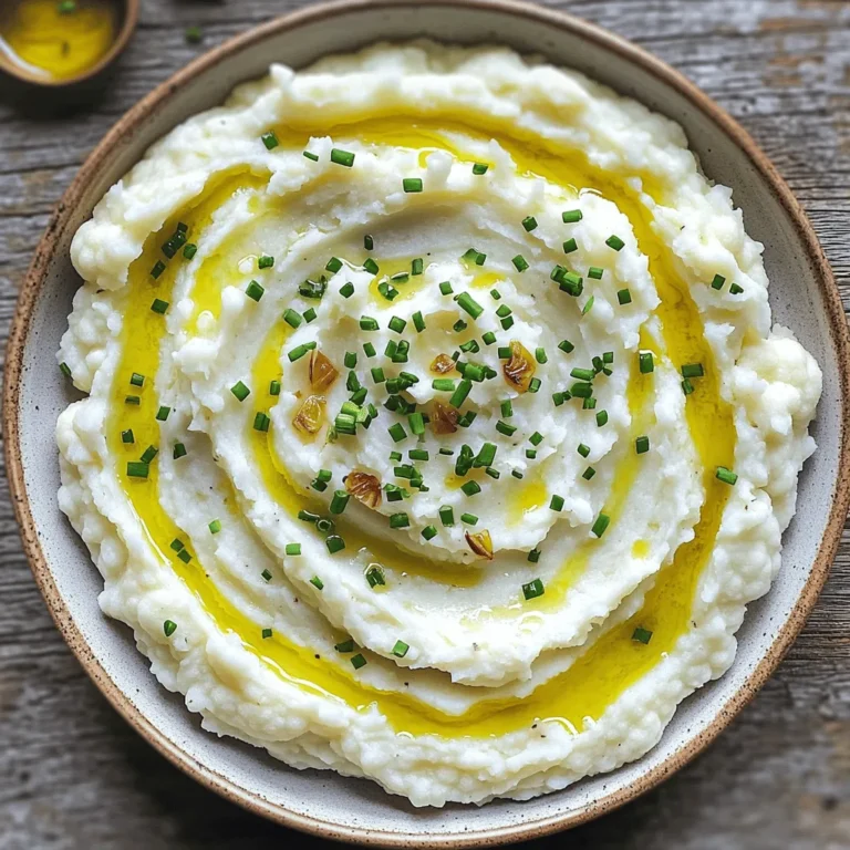 To make Roasted Garlic Mashed Cauliflower, you need a few key ingredients. Here’s what you will need: - 1 large head of cauliflower, cut into florets - 6 cloves of garlic, unpeeled - 2 tablespoons olive oil - 1/4 cup cream cheese, softened - 1/4 cup unsweetened almond milk (or regular milk) - Salt and pepper to taste - Fresh chives, chopped (for garnish) These ingredients create a creamy dish that packs a punch of flavor. The cauliflower serves as a great base. Roasting the garlic adds a sweet and rich taste. You can add a few things to enhance the flavor. Here are some ideas: - Grated Parmesan cheese for a cheesy kick - Fresh herbs like thyme or rosemary for extra aroma - A pinch of nutmeg for warmth - A splash of lemon juice for brightness These add-ins make it easy to customize the dish to your taste. Experiment and find your favorite flavor combinations! Roasted Garlic Mashed Cauliflower is not just tasty; it is also healthy. Here’s a quick look at its nutritional benefits: - Low in calories and carbs compared to regular mashed potatoes - High in fiber, which helps digestion - Packed with vitamins C and K - Contains antioxidants that support overall health This dish is a great choice for anyone looking to eat healthier without losing flavor. You can enjoy it guilt-free! For the full recipe, check out the [Full Recipe]. Start by cutting your large head of cauliflower into small florets. This helps them cook evenly. Next, take six cloves of garlic and leave them unpeeled. The skin protects the garlic and helps it roast perfectly. Toss the cauliflower and garlic together with two tablespoons of olive oil. Make sure every piece is well coated. This oil adds flavor and helps create a nice texture. Preheat your oven to 425°F (220°C) before you start roasting. Spread the cauliflower and garlic on a baking sheet lined with parchment paper. This prevents sticking and makes cleanup easier. Roast them in the oven for 25-30 minutes. You’ll know they are done when the cauliflower is tender, and the garlic is caramelized. Take them out and let them cool for a few minutes. This step is important to avoid burns when you squeeze the garlic. Once cooled, squeeze the roasted garlic cloves out of their skins and into a large bowl with the cauliflower. Add 1/4 cup of softened cream cheese and 1/4 cup of unsweetened almond milk. You can use regular milk if you prefer. Now, use a potato masher or an immersion blender to mash the mixture. Keep mashing until it reaches a smooth and creamy texture. If it feels too thick, add more almond milk to adjust. Finally, season with salt and pepper to taste. Serve hot, adding garnished fresh chives on top for a lovely finish. For the full recipe, check the details provided earlier. When you pick cauliflower, look for heads that are firm and heavy. The leaves should be fresh and green. Avoid any that have brown spots or dark patches. A good head of cauliflower will have tightly packed florets. This means it is fresh and will taste great. One common mistake is overcooking the cauliflower. It can turn mushy and lose flavor. Roast it just until tender. Another mistake is not seasoning enough. Salt and pepper can make a big difference in taste. Always taste your mash before serving. Adjust the seasoning to your liking. You can add more flavor to your roasted garlic mashed cauliflower with spices. Try adding a pinch of nutmeg for warmth. Paprika can give it a nice color and slight heat. If you like herbs, consider using thyme or rosemary. These can bring out the best in your dish. For the full recipe, check the details above. {{image_2}} You can add cheese or herbs to elevate the flavor of your mashed cauliflower. For a rich taste, mix in shredded cheddar or Parmesan cheese. These cheeses melt well and add creaminess. Fresh herbs like rosemary or thyme also work great. They bring a fresh touch that adds depth. If you want a vegan version, swap cream cheese for cashew cream. Soak cashews in water for a few hours, then blend them until smooth. Use plant-based milk, like oat or coconut milk, instead of regular milk. This keeps your dish creamy without dairy. You can also cook cauliflower in an Instant Pot or steamer for quick results. For the Instant Pot, add water and cook on high for 5 minutes. Use a quick release to let the steam out. If you use a steamer, cook the florets for about 10-15 minutes. Both methods keep the cauliflower tender and flavorful. For the full recipe, check the complete guide to Roasted Garlic Mashed Cauliflower. To keep leftovers fresh, first let them cool. Then, place the mashed cauliflower in an airtight container. Make sure to seal it well to avoid air exposure. Store it in the fridge for up to three days. If you want to keep it longer, freezing is a great option. When you're ready to eat, reheat on the stove or in the microwave. If using the stove, heat on low and stir often to prevent sticking. Add a splash of almond milk to restore creaminess. If you're using the microwave, cover the bowl with a lid or wrap. This keeps moisture in and helps it heat evenly. To freeze, spoon the leftovers into a freezer-safe container. Leave some space at the top for expansion. Seal tightly and label it with the date. This dish can freeze well for up to three months. When ready to enjoy, thaw it in the fridge overnight before reheating. For a quick thaw, use the microwave on defrost. For more details on making this dish, check out the Full Recipe. The best way to reheat Roasted Garlic Mashed Cauliflower is on the stove. Place it in a saucepan over low heat. Stir it often, and add a splash of almond milk or cream if it seems too thick. You can also use a microwave. Put it in a microwave-safe bowl, cover it, and heat it for one minute. Check and stir, then heat for another minute if needed. Yes, you can make Roasted Garlic Mashed Cauliflower ahead of time. Prepare it, then let it cool. Store it in an airtight container in the fridge for up to three days. When you are ready to eat, just reheat it. This makes it easy for meal prep or family dinners. Cauliflower is very healthy. It is low in calories and high in fiber. This helps with digestion and may keep you feeling full. Cauliflower is also rich in vitamins C and K. These vitamins help support your immune system and keep your bones strong. Plus, it has antioxidants that fight free radicals in your body. Enjoying this mashed cauliflower dish gives you all these great benefits and a tasty meal. For the complete recipe, check out the Full Recipe section. Roasted garlic mashed cauliflower is a tasty, healthy dish. We covered key ingredients, step-by-step instructions, and helpful tips. I shared versatile options for all diets and cooking methods. Remember to choose fresh cauliflower for the best flavor and texture. Storing and reheating leftovers properly keeps it delicious. Explore all these ideas for a fun cooking experience. Enjoy your meal and its yummy benefits!