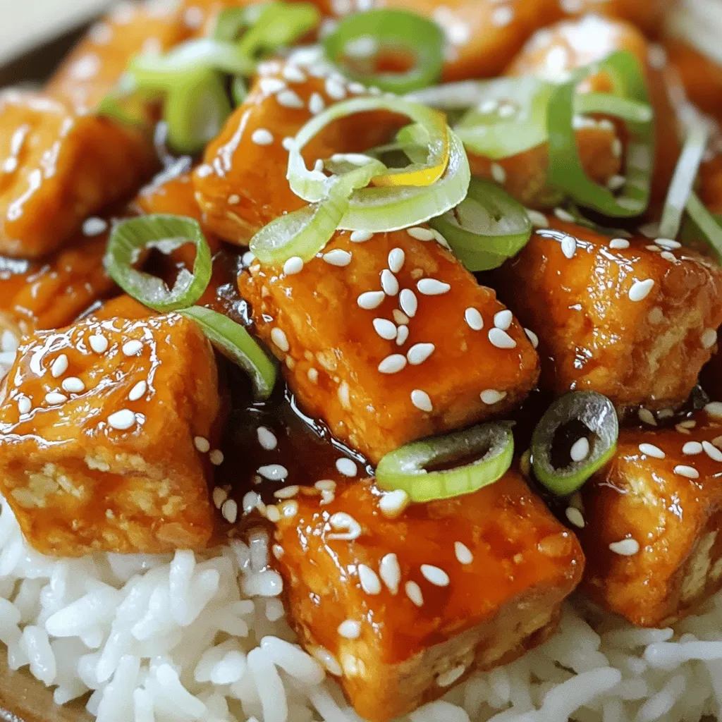 To make crispy teriyaki tofu, you need a few key ingredients. Here’s what you’ll gather: - 1 block (14 oz) firm tofu, pressed and drained - ¼ cup soy sauce (low sodium preferred) - 2 tablespoons maple syrup - 1 tablespoon rice vinegar - 1 tablespoon sesame oil - 2 cloves garlic, minced - 1 teaspoon fresh ginger, grated - 1 tablespoon cornstarch Each component adds flavor and helps create that crispy texture you crave. Cooking oils play a big role in achieving a crispy finish. For this recipe, you'll need: - 2 tablespoons vegetable oil (for frying) This oil helps fry the tofu to golden perfection without sticking. Garnishes not only make your dish look great but also add a burst of flavor. Consider these options for your crispy teriyaki tofu: - Sesame seeds for garnish - Green onions, sliced (for garnish) These simple additions elevate your dish and give it a pop of freshness. For the full recipe, check out the details above! Start with a block of firm tofu. Press it well to get rid of extra water. This helps the tofu absorb flavor better. Cut the tofu into 1-inch cubes. Make sure they are uniform in size for even cooking. Pat the cubes dry with a paper towel. This step is key for getting that crispy texture later. Next, you will create a tasty marinade. In a small bowl, combine soy sauce, maple syrup, rice vinegar, sesame oil, minced garlic, and grated ginger. Whisk them all together until mixed well. Place the tofu cubes in a shallow dish and pour the marinade over them. Ensure all sides of the tofu are coated. Let it marinate for at least 30 minutes. For more flavor, let it sit in the fridge for up to 2 hours. The longer, the better! Now it's time to fry the tofu. First, toss the marinated cubes in cornstarch. This will help create a nice crispy layer. Heat vegetable oil in a non-stick skillet over medium-high heat. Carefully add the tofu cubes to the skillet. Don’t overcrowd them; this can make them soggy. Fry each side for about 3-4 minutes until they are golden brown. Once done, remove the tofu and let it drain on paper towels. This will soak up any extra oil. For a finishing touch, return the reserved marinade to the skillet. Bring it to a simmer for 2-3 minutes to thicken. Add the crispy tofu back in and toss gently to coat. Now you're ready to serve! Enjoy your crispy teriyaki tofu with steamed rice or quinoa. To get the best crispy texture, start with firm tofu. Press the tofu well to remove water. Moisture leads to soggy tofu. Cut the tofu into even cubes for uniform cooking. Tossing the cubes in cornstarch is key. The cornstarch forms a nice crust. Fry the tofu in hot oil, but do not overcrowd the pan. This helps each piece cook evenly. Allow the tofu to fry undisturbed. This way, each side gets golden brown. A common mistake is not pressing the tofu enough. If you skip this step, your tofu will not crisp well. Another mistake is marinating too briefly. Aim for at least 30 minutes. Too much marinade can also make the tofu soggy. Make sure to dry the cubes after marinating. Lastly, avoid cooking on too low heat. Moderate to high heat is best for crispy results. For this recipe, use a non-stick skillet. It helps with easy flipping and prevents sticking. A spatula with a flat edge is great for flipping the tofu. You might also want a mixing bowl for the marinade. A cutting board and a sharp knife will make cutting the tofu easy. Lastly, a paper towel can help drain excess oil after frying. These tools will make your cooking process smooth and enjoyable. For the full recipe, check out the complete guide. {{image_2}} You can make this dish vegetarian by using plant-based sauces. For example, swap soy sauce with a mushroom soy sauce for a richer flavor. If you need it vegan, the recipe is already vegan-friendly. Just ensure all sauces are free from any animal products. To make the marinade gluten-free, use tamari instead of soy sauce. Tamari tastes similar but has no wheat. Always check labels to ensure the other ingredients are gluten-free. Maple syrup, rice vinegar, and sesame oil are usually gluten-free, making them safe choices. You can add more flavor by including different ingredients. Try adding some chili flakes for heat. Fresh herbs like cilantro or basil can also brighten the dish. You might enjoy adding vegetables such as bell peppers or snap peas during frying. These options create extra texture and color, making your dish even more appealing. Try these variations for a fun twist! For the full recipe, refer back to the beginning. To store leftover crispy teriyaki tofu, let it cool first. Place the tofu in an airtight container. Always keep it in the fridge. This will keep the tofu fresh for a longer time. You can enjoy it later in salads or rice bowls. When you reheat tofu, you want to keep it crispy. For the best results, use an oven or an air fryer. Set the oven to 375°F (190°C). Place the tofu on a baking sheet and heat for 10-15 minutes. This method helps revive the crunch. If you use a microwave, the tofu may turn soft. So, avoid that if you can. Marinated tofu can last in the fridge for about 3-5 days. Make sure to keep it in a sealed container. If you freeze marinated tofu, it can last for up to 3 months. However, freezing may change its texture. It may become a bit spongy after thawing. For the best taste, use marinated tofu within a week. You can bake or air-fry the tofu instead of frying it. To bake, preheat your oven to 400°F (200°C). After marinating, coat the tofu in cornstarch as usual. Place the tofu cubes on a baking sheet lined with parchment paper. Bake for 25-30 minutes, flipping halfway for even crispiness. For air-frying, set your air fryer to 375°F (190°C) and cook the tofu for about 15-20 minutes, shaking the basket halfway through. Both methods give you crispy tofu with less oil, keeping it lighter and healthier. Yes, you can use different types of tofu. Silken tofu works for a softer dish, but it won't get crispy. Firm tofu is best for a nice crunch. Extra-firm tofu is even better, as it has less moisture. This helps it crisp up nicely. If you prefer a plant-based option, check for tofu labeled as "super firm." It will maintain its shape and texture during cooking. Serve your crispy teriyaki tofu over steamed rice or quinoa. This adds a nice base and balances the flavors. You can also add stir-fried veggies for extra color and nutrients. Try broccoli, bell peppers, or snap peas for a fresh crunch. Drizzle some extra teriyaki sauce on top for added flavor. Garnish with sesame seeds and green onions for a beautiful touch. For a fun twist, wrap the tofu in lettuce leaves for a tasty taco-style meal. You can find the full recipe for Crispy Teriyaki Tofu above! You learned how to make Crispy Teriyaki Tofu step-by-step. We covered key ingredients, cooking methods, and tips for perfect texture. You can swap for vegan or gluten-free options too. Remember to store leftovers right to keep them crispy. My final thought? Enjoy experimenting with flavors. Make this dish your own, and share it with friends. They will love it!