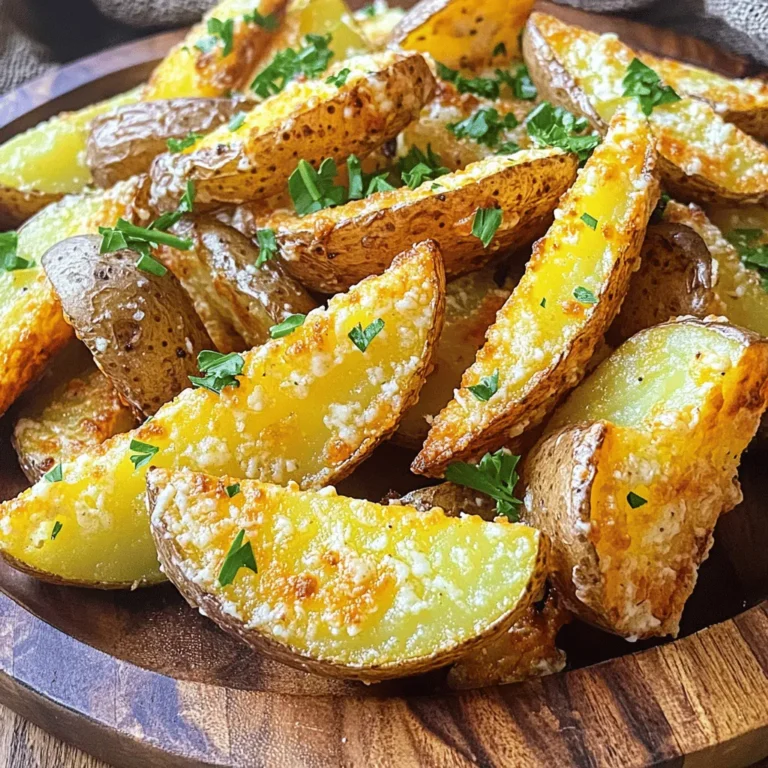 - 4 medium russet potatoes, cut into wedges - 1/2 cup grated Parmesan cheese - 2 tablespoons olive oil - 1 teaspoon garlic powder - 1 teaspoon onion powder - 1 teaspoon paprika - 1/2 teaspoon dried oregano - 1/2 teaspoon black pepper - Salt to taste - Fresh parsley, chopped (for garnish) For the perfect Air Fryer Parmesan Potato Wedges, you need fresh russet potatoes. I love using these because they give a fluffy inside and crispy outside. Make sure to cut them into even wedges. This way, they will cook evenly and all have that great crunch. Grated Parmesan cheese is key for flavor. It melts and gets crispy, adding a nice cheesy touch. Olive oil helps the seasoning stick. The garlic and onion powders boost the taste. Paprika gives a lovely color and a bit of warmth. Dried oregano and black pepper add more flavor, so don’t skip them! Finally, salt is important. It brings out all the other flavors. I like to finish with fresh parsley for color and freshness. It makes the dish look great and taste even better. This is the [Full Recipe] you will follow to make these tasty wedges! - Set temperature to 400°F (200°C) - Allow preheating for 5 minutes Preheating your air fryer is key. It helps the potato wedges cook evenly. Without this step, they may end up soggy. - Rinse, scrub, and cut into wedges - Pat dry to remove excess moisture Start by rinsing the russet potatoes. Scrubbing them well removes dirt. Next, cut the potatoes into wedges. Keep the skin on for extra crunch. After cutting, pat them dry with a paper towel. This step is crucial for crispiness. - Mix olive oil and seasonings - Toss potato wedges until evenly coated In a large bowl, combine olive oil, garlic powder, onion powder, paprika, oregano, black pepper, and salt. This mix adds great flavor. Toss the potato wedges in the bowl until they are fully coated. You want every wedge to taste amazing. - Sprinkle grated cheese over wedges - Gently toss again Now, sprinkle grated Parmesan cheese over the seasoned wedges. Toss them gently again, ensuring the cheese sticks to the potatoes. This cheese will create a tasty, crispy layer. - Place wedges in a single layer - Cook for 15-20 minutes, shaking halfway Place the coated wedges in a single layer in the air fryer basket. Avoid overcrowding; this ensures they cook well. Set the timer for 15-20 minutes. Halfway through, shake the basket to promote even cooking. You’ll know they’re done when they turn golden brown and crispy. - Transfer to a serving plate - Garnish with chopped parsley Once cooked, carefully transfer the wedges to a serving plate. For a pop of color and flavor, garnish with chopped parsley. This final touch makes your dish look and taste even better. For the full recipe, check the earlier section. To make your potato wedges crispy, start by drying them well. After cutting, pat them with a paper towel. This step removes extra moisture, which can make them soggy. Cooking time is also key. Aim for 15-20 minutes at 400°F (200°C). Check for doneness at 15 minutes. If they aren’t golden yet, give them a few more minutes. Shaking the basket is important, too. Halfway through cooking, pull out the basket and shake it gently. This helps the wedges cook evenly and get crispy all around. You can change up the spices to fit your taste. Try adding chili powder for heat or lemon zest for a fresh kick. If you love herbs, mix in some dried thyme or rosemary. These will add depth and make your wedges unique. Feel free to experiment and find your favorite mix! Sometimes, you may need to cook in batches. If your air fryer is small, don’t crowd the basket. This allows hot air to flow and crisp the wedges better. To keep them warm, place cooked wedges on a baking sheet in a low oven (about 200°F or 93°C). This way, everyone can enjoy them hot and crispy! For the full recipe, check here. {{image_2}} You can switch up the cheese in this recipe. Cheddar adds a sharp bite. Mozzarella brings a creamy texture. If you prefer plant-based options, vegan cheese works well too. Each cheese offers a unique taste, so feel free to mix and match. If you like heat, try adding cayenne pepper or chili powder. Just a pinch can make a big difference. Spice gives your potato wedges a kick. You can adjust the heat level to your liking. This variation adds excitement to your dish. Fresh herbs can elevate these potato wedges. Rosemary or thyme adds a lovely aroma and flavor. Chop them finely and toss them in with the seasoning. This twist makes your wedges more fragrant and fresh. Experiment with different herbs to find your favorite blend. To keep your leftover wedges fresh, place them in an airtight container. This helps avoid moisture loss. You can store them in the refrigerator for up to three days. Make sure they cool down before sealing the container. To enjoy crispy wedges again, reheating is key. The best way is to use the air fryer. Just set it to 350°F (175°C) and heat for about 5-7 minutes. This restores their crunch. You can also use an oven. Preheat it to 350°F (175°C) and spread the wedges on a baking sheet. Bake for 10 minutes or until they turn crispy again. Yes, you can freeze cooked wedges! To do this, let them cool completely. Then, place the wedges in a freezer bag. Remove as much air as possible, and seal the bag. They can stay in the freezer for up to three months. When ready to eat, reheat them in the air fryer for best results. Heat at 350°F (175°C) for about 10-12 minutes. This keeps them crispy and delicious. For the full recipe, check out the Crispy Air Fryer Parmesan Potato Wedges. Yes, you can use sweet potatoes! They offer a sweet flavor and a lovely color. Just remember to adjust the cooking time. Sweet potatoes cook faster than russet potatoes. Start checking for doneness at around 12 minutes. If they aren’t crispy yet, you can add a few extra minutes. To make these wedges vegetarian, ensure your cheese is vegetarian-friendly. Most Parmesan cheese is not vegetarian, as it may contain animal rennet. Look for a brand that uses microbial rennet or choose a different cheese, like pecorino or nutritional yeast. Both options will keep your dish tasty and meat-free. These crispy wedges pair well with many dips. Try serving them with: - Ketchup - Ranch dressing - Garlic aioli - Spicy sriracha mayo You can also enjoy them as a side for burgers, grilled chicken, or salads. They add a delightful crunch to any meal! For the full recipe, click here: [Full Recipe]. To sum up, making Air Fryer Parmesan Potato Wedges is simple and fun. You start with fresh russet potatoes, add tasty seasonings, and cook them in your air fryer for a crispy finish. I shared tips for perfecting the crunch and suggested various cheese and spice options. Remember, these tasty wedges pair well with many dips. Try out the variations and enjoy every bite! You’ll love how easy it is to make a delicious snack at home.