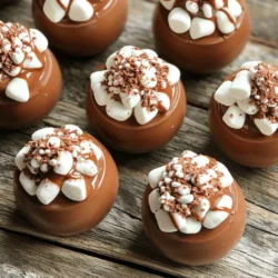 - 1 cup milk chocolate chips - 1/2 cup white chocolate chips - 1/2 cup cocoa powder - 1/2 cup mini marshmallows - 1/4 cup crushed peppermint candy (optional for extra flavor) To make hot chocolate bombs, you need some simple ingredients. First, gather the milk chocolate chips. They create a rich outer shell. Next, use white chocolate chips for a sweet surprise inside. Cocoa powder adds that classic chocolate flavor. Don’t forget the mini marshmallows! They bring a fun texture and sweetness. You can also add crushed peppermint candy for a holiday twist. These ingredients are easy to find at most stores. You can even customize your bombs with other flavors. Try adding different toppings or flavorings. You can make them unique every time! For the full recipe, you can refer to the Hot Chocolate Bombs section. Enjoy making these delicious treats! To start, you need to melt your milk chocolate chips. Place one cup of chocolate chips in a microwave-safe bowl. Heat it in the microwave for 30 seconds. Stir well after each interval until it is smooth. This keeps the chocolate from burning. Next, prepare your silicone mold. Make sure it is clean and dry. The mold should preferably be sphere-shaped for the best hot chocolate bombs. Now, we coat the mold with melted chocolate. Use about one tablespoon of the melted milk chocolate for each cavity. Use the back of your spoon to coat the sides. Make sure the edges are thicker. This will help keep your bombs intact. After coating, place the mold in the fridge for about 15 to 20 minutes. This allows the chocolate to harden properly. Once set, carefully remove the chocolate shells from the mold. Next, fill half of the chocolate spheres. Add one heaping tablespoon of cocoa powder, some mini marshmallows, and a sprinkle of crushed peppermint if you like. To seal the bombs, warm a plate in the microwave for a few seconds. Take an empty chocolate half and press it on the plate to melt the edge slightly. Quickly place it on top of the filled half and press gently to seal it. Let your hot chocolate bombs cool completely. This ensures they hold their shape. Once cooled, store them in an airtight container. Keep them in a cool, dry place until you are ready to enjoy. When you want to enjoy one, place it in a mug. Pour hot milk over it and stir. Watch as it melts into a delicious hot chocolate drink. For the full recipe, refer to the initial list of ingredients and instructions. To make the best hot chocolate bombs, you need to melt chocolate well. Here are some simple tips: - Use a microwave-safe bowl for melting. - Heat the chocolate in 30-second bursts. - Stir the chocolate between each burst to avoid burning. - If the chocolate gets too thick, add a bit of vegetable oil. A smooth finish is key to great bombs. Make sure your chocolate is fully melted and glossy. If you see any lumps, keep stirring. If you need to, heat it a bit more. Get creative with your hot chocolate bombs! Here are some fun flavor ideas: - Try adding a dash of cinnamon or nutmeg for warmth. - Mix in some caramel or hazelnut for a sweet twist. - Use orange zest for a bright, fresh taste. You can also add seasonal decorations. For winter, use white chocolate drizzle or sprinkles. For Valentine’s Day, try heart-shaped decorations. Each bomb can be unique and fun! When it's time to enjoy your hot chocolate bombs, think about your milk choice. Here are my favorites: - Whole milk makes it rich and creamy. - Almond milk gives a nice nutty flavor. - Oat milk is great for a dairy-free option. For a fun serving idea, set up a hot chocolate bar at your next gathering. Let guests choose their favorite bomb, milk, and toppings. This makes every cup special and personal. For the complete recipe, check the [Full Recipe]. {{image_2}} You can make hot chocolate bombs in fun flavors. One option is pumpkin spice. This flavor adds warm spices like cinnamon and nutmeg. Just mix in some pumpkin spice with your cocoa powder. It's great for fall! Another delicious flavor is salted caramel. You can add caramel sauce to the inside of the bomb. A sprinkle of sea salt on top gives it a sweet-salty taste. Both these flavors make your hot chocolate unique and tasty. If you want vegan hot chocolate bombs, use dairy-free chocolate. Replace milk chocolate chips with a vegan option. You can also use almond or oat milk for your drink. This way, everyone can enjoy them! For gluten-free options, be sure to check the labels on your ingredients. Most chocolate and cocoa powders are gluten-free. You can make these bombs safe for those who can't have gluten. Make your hot chocolate bombs festive! For Christmas-themed bombs, use red and green sprinkles. You can also add peppermint extract or crushed candy canes inside. This adds a nice holiday touch. For Valentine's Day, try using pink or red chocolate. Fill the bombs with heart-shaped marshmallows. These special touches make your bombs perfect for sharing with loved ones. You can find the full recipe in the section above and create these fun variations at home! To keep your hot chocolate bombs fresh, use an airtight container. This helps to keep moisture out and preserves their taste. A glass jar or a plastic storage box works well. Make sure the container is clean and dry before you store the bombs. Store your hot chocolate bombs in a cool, dry place. The best temperature is around 68°F to 70°F (20°C to 21°C). Avoid areas that get hot, like near the stove or in direct sunlight. Hot chocolate bombs can last for about two weeks if stored correctly. You can enjoy them fresh or keep them for a cozy treat later. Watch for signs of spoilage. If you see any white spots or if they smell off, it’s best to throw them away. Chocolate can bloom when it absorbs moisture, which affects taste and texture. Always check your bombs before you use them for a tasty cup of hot chocolate. For the full recipe, check out the detailed instructions above. Hot chocolate bombs are fun treats. They are chocolate shells filled with cocoa mix and marshmallows. When you add hot milk, they melt and create a creamy drink. This treat became popular in recent years, with recipes shared online. People love how they look and taste. Yes, you can find hot chocolate bombs in many places. Local shops or bakeries often sell them. You can also buy them online from specialty stores or large retailers. Look for ones with good reviews to ensure quality. Using hot chocolate bombs is easy. Place one bomb in a mug. Then, pour hot milk over it. Stir well to mix everything. You will see the bomb melt, releasing the cocoa and marshmallows. Enjoy your warm drink! Kids can help make hot chocolate bombs. However, they should be careful with hot chocolate and melting chocolate. Here are some tips for safety: - Adult supervision is a must when melting chocolate. - Use microwave-safe bowls to avoid burns. - Be cautious with the molds, as they can be slippery. Making hot chocolate bombs can be a fun family activity! In this blog post, you learned how to create hot chocolate bombs. We covered all the needed ingredients and provided simple steps to melt chocolate and assemble the bombs. You also saw tips for customizing your treats and storage advice. Hot chocolate bombs are not just fun to make; they are delicious to share. With different flavors and themes, you can impress anyone. Enjoy making these tasty treats and let your creativity shine!