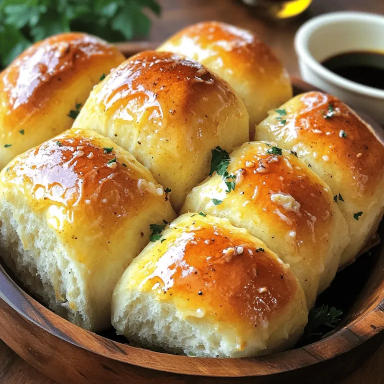 To make these tasty rolls, you need a few key items. Here are the must-have ingredients: - 3 cups all-purpose flour - 2 teaspoons instant yeast - 1 tablespoon sugar - 1 teaspoon salt - 1 cup warm milk (about 110°F) - 1/4 cup unsalted butter, melted - 1/2 cup grated Parmesan cheese - 4 cloves garlic, minced - 2 tablespoons chopped fresh parsley - 2 tablespoons olive oil These items create a rich, buttery dough with a strong garlic flavor. The Parmesan cheese adds a nice touch, making each bite delicious. You can add more flavor with some optional ingredients. Try these to make your rolls unique: - Italian seasoning for extra herbs - Red pepper flakes for a kick - Different cheeses like mozzarella or cheddar - Chopped green onions for freshness Feel free to mix and match these options. They can help you create a roll that fits your taste. If you have dietary needs, there are good swaps. Here are some substitutes: - Use gluten-free flour for a gluten-free option. - Almond milk or oat milk can replace regular milk. - Vegan butter works well instead of unsalted butter. - Nutritional yeast can replace Parmesan cheese for a dairy-free version. These swaps help you enjoy the rolls while meeting your dietary needs. For the full recipe, check out the link above. To start, warm your milk until it's about 110°F. In a large bowl, mix the warm milk with sugar and instant yeast. Let this sit for five minutes until it gets foamy. This lets the yeast wake up and work its magic. Next, gradually add the flour and salt into the bowl. Pour in the melted butter as well. Mix until you form a soft dough. Now, it's time to knead! Place the dough on a floured surface and knead for five to seven minutes. You want the dough to feel smooth and elastic. After kneading, put the dough in a greased bowl. Cover it with a kitchen towel and let it rise in a warm spot for about one hour. The dough should double in size. While the dough rises, prepare the garlic Parmesan mixture. In a small bowl, combine minced garlic, grated Parmesan, chopped parsley, and olive oil. Stir it well and set it aside. This mixture will give the rolls their tasty flavor. Once the dough has risen, punch it down gently. Divide it into twelve equal pieces. Roll each piece into a ball, then dip it in your garlic Parmesan mixture. Make sure each ball is well-coated. Arrange the coated balls in a greased bundt pan or a round baking dish. Stack them together for a fun look. Cover the dough balls with a towel and let them rise for another thirty minutes. Preheat your oven to 350°F. When the rolls have risen, bake them for twenty-five to thirty minutes. They should turn golden brown on top. After baking, remove the rolls and brush them with any leftover garlic mixture. Let them cool for a few minutes. Serve warm on a rustic wooden board. Add a small bowl of olive oil and balsamic vinegar for dipping. Enjoy your Garlic Parmesan Pull Apart Rolls! For the complete process, check the Full Recipe. To get the best dough, start with warm milk. This helps the yeast grow. Mix the warm milk, sugar, and yeast first. Wait five minutes until it foams. This shows the yeast is active. When adding flour, do it slowly. Knead the dough for five to seven minutes. It should feel smooth and elastic. If it feels sticky, add a bit more flour. Let it rise in a warm spot. The dough should double in size. This step is key for soft rolls. You can add more flavors to your rolls. Try mixing in herbs like rosemary or thyme. These add a fresh taste. You can use different cheeses too. Mozzarella or cheddar can work well. For a kick, add some red pepper flakes. This gives a nice heat. If you want a hint of sweetness, drizzle in honey. This balances the garlic's strong flavor. Don’t forget to adjust the garlic amount. More garlic means a stronger taste! One big mistake is not letting the dough rise enough. If it does not double, the rolls will be dense. Another mistake is baking at the wrong temperature. Always preheat your oven to 350°F. If you skip this, your rolls may not cook properly. Also, be careful when mixing the garlic mixture. Make sure you coat each dough ball well. If they are not coated, some rolls will lack flavor. Lastly, don’t rush the cooling time. Let them cool for a few minutes before serving. This helps the flavors meld nicely. For the full recipe, check the detailed instructions above. {{image_2}} You can easily make cheesy garlic pull apart rolls. Just add cheese to the dough. I love using mozzarella for its melty goodness. Mix in 1 cup of shredded mozzarella when you mix the flour and salt. This makes the rolls ooey-gooey inside. You can also sprinkle extra cheese on top before baking. The result? A cheesy, savory treat that everyone will love! For a fresh twist, try herb-infused pull apart rolls. Mix in your favorite herbs into the dough. Rosemary and thyme work great. Use about 1 tablespoon of dried herbs or 2 tablespoons of fresh herbs. Add them when you mix in the flour. This adds depth to the flavor. The smell of herbs while baking fills your kitchen with warmth. If you want something sweet, you can create sweet pull apart rolls. Replace the garlic and cheese with cinnamon and sugar. Use 1/2 cup of sugar and 2 teaspoons of cinnamon. Mix this blend with melted butter and dip each dough ball in it. You can also add raisins or chopped nuts for texture. Bake as usual, and you will have a sweet treat perfect for breakfast or dessert. For the full recipe, get ready to impress your family and friends with these fun variations! To keep your leftover garlic Parmesan pull apart rolls fresh, store them in an airtight container. This method helps to keep them soft and tasty. You can also wrap them in plastic wrap or foil. If you choose to use foil, make sure it is tightly sealed. Keep the container at room temperature for up to two days. If you want them to last longer, consider refrigeration. When you are ready to enjoy your leftover rolls, reheating is key. Preheat your oven to 350°F (175°C). Place the rolls in an oven-safe dish and cover them with foil. This helps to retain moisture. Heat for about 10 to 15 minutes. If you prefer, you can microwave them. Just heat them for 15 to 20 seconds at a time until warm. Be careful not to overheat, as they can become tough. If you have extra rolls, freezing is a great option. Allow the rolls to cool completely before freezing. Place them in a freezer-safe bag or container. Make sure to remove as much air as possible. You can freeze them for up to three months. To thaw, simply take them out of the freezer and let them sit at room temperature. For a warm treat, reheat them in the oven as mentioned above. Enjoy your tasty garlic Parmesan pull apart rolls whenever you want! You know the rolls are done when they turn golden brown. Take a quick look at the tops. They should look nice and crispy. You can also tap the bottom of a roll. If it sounds hollow, it is ready. The rolls should feel light and airy when you pick them up. Yes, you can make the dough ahead of time. This can save you time on a busy day. After you knead the dough, place it in a bowl. Cover it well and store it in the fridge. It’s best to use the dough within 24 hours. When you’re ready to bake, let it warm up and rise again. This makes it easier to shape. These rolls are great on their own, but you can make them even better. Serve them warm with olive oil for dipping. You can also pair them with marinara sauce. They go well with soups or salads too. Try placing them on a wooden board for a nice look. Add fresh herbs or some extra Parmesan on top for flair. You can find the Full Recipe to make these rolls today. You learned the key ingredients for delicious Garlic Parmesan Pull Apart Rolls. You gained steps for preparing the dough and baking your rolls perfectly. We covered tips to enhance flavor and avoid common mistakes. You also explored fun variations and how to store leftovers. Now, try making these rolls yourself. Enjoy sharing them with friends and family. Happy baking!