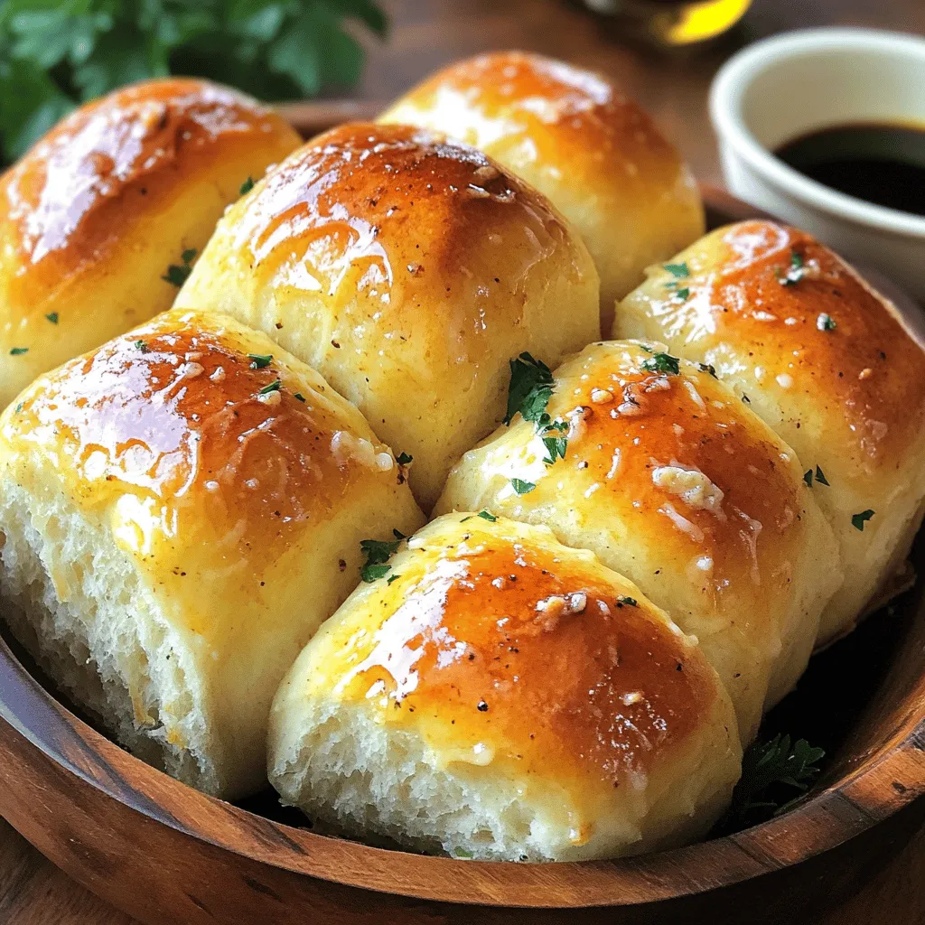To make these tasty rolls, you need a few key items. Here are the must-have ingredients: - 3 cups all-purpose flour - 2 teaspoons instant yeast - 1 tablespoon sugar - 1 teaspoon salt - 1 cup warm milk (about 110°F) - 1/4 cup unsalted butter, melted - 1/2 cup grated Parmesan cheese - 4 cloves garlic, minced - 2 tablespoons chopped fresh parsley - 2 tablespoons olive oil These items create a rich, buttery dough with a strong garlic flavor. The Parmesan cheese adds a nice touch, making each bite delicious. You can add more flavor with some optional ingredients. Try these to make your rolls unique: - Italian seasoning for extra herbs - Red pepper flakes for a kick - Different cheeses like mozzarella or cheddar - Chopped green onions for freshness Feel free to mix and match these options. They can help you create a roll that fits your taste. If you have dietary needs, there are good swaps. Here are some substitutes: - Use gluten-free flour for a gluten-free option. - Almond milk or oat milk can replace regular milk. - Vegan butter works well instead of unsalted butter. - Nutritional yeast can replace Parmesan cheese for a dairy-free version. These swaps help you enjoy the rolls while meeting your dietary needs. For the full recipe, check out the link above. To start, warm your milk until it's about 110°F. In a large bowl, mix the warm milk with sugar and instant yeast. Let this sit for five minutes until it gets foamy. This lets the yeast wake up and work its magic. Next, gradually add the flour and salt into the bowl. Pour in the melted butter as well. Mix until you form a soft dough. Now, it's time to knead! Place the dough on a floured surface and knead for five to seven minutes. You want the dough to feel smooth and elastic. After kneading, put the dough in a greased bowl. Cover it with a kitchen towel and let it rise in a warm spot for about one hour. The dough should double in size. While the dough rises, prepare the garlic Parmesan mixture. In a small bowl, combine minced garlic, grated Parmesan, chopped parsley, and olive oil. Stir it well and set it aside. This mixture will give the rolls their tasty flavor. Once the dough has risen, punch it down gently. Divide it into twelve equal pieces. Roll each piece into a ball, then dip it in your garlic Parmesan mixture. Make sure each ball is well-coated. Arrange the coated balls in a greased bundt pan or a round baking dish. Stack them together for a fun look. Cover the dough balls with a towel and let them rise for another thirty minutes. Preheat your oven to 350°F. When the rolls have risen, bake them for twenty-five to thirty minutes. They should turn golden brown on top. After baking, remove the rolls and brush them with any leftover garlic mixture. Let them cool for a few minutes. Serve warm on a rustic wooden board. Add a small bowl of olive oil and balsamic vinegar for dipping. Enjoy your Garlic Parmesan Pull Apart Rolls! For the complete process, check the Full Recipe. To get the best dough, start with warm milk. This helps the yeast grow. Mix the warm milk, sugar, and yeast first. Wait five minutes until it foams. This shows the yeast is active. When adding flour, do it slowly. Knead the dough for five to seven minutes. It should feel smooth and elastic. If it feels sticky, add a bit more flour. Let it rise in a warm spot. The dough should double in size. This step is key for soft rolls. You can add more flavors to your rolls. Try mixing in herbs like rosemary or thyme. These add a fresh taste. You can use different cheeses too. Mozzarella or cheddar can work well. For a kick, add some red pepper flakes. This gives a nice heat. If you want a hint of sweetness, drizzle in honey. This balances the garlic's strong flavor. Don’t forget to adjust the garlic amount. More garlic means a stronger taste! One big mistake is not letting the dough rise enough. If it does not double, the rolls will be dense. Another mistake is baking at the wrong temperature. Always preheat your oven to 350°F. If you skip this, your rolls may not cook properly. Also, be careful when mixing the garlic mixture. Make sure you coat each dough ball well. If they are not coated, some rolls will lack flavor. Lastly, don’t rush the cooling time. Let them cool for a few minutes before serving. This helps the flavors meld nicely. For the full recipe, check the detailed instructions above. {{image_2}} You can easily make cheesy garlic pull apart rolls. Just add cheese to the dough. I love using mozzarella for its melty goodness. Mix in 1 cup of shredded mozzarella when you mix the flour and salt. This makes the rolls ooey-gooey inside. You can also sprinkle extra cheese on top before baking. The result? A cheesy, savory treat that everyone will love! For a fresh twist, try herb-infused pull apart rolls. Mix in your favorite herbs into the dough. Rosemary and thyme work great. Use about 1 tablespoon of dried herbs or 2 tablespoons of fresh herbs. Add them when you mix in the flour. This adds depth to the flavor. The smell of herbs while baking fills your kitchen with warmth. If you want something sweet, you can create sweet pull apart rolls. Replace the garlic and cheese with cinnamon and sugar. Use 1/2 cup of sugar and 2 teaspoons of cinnamon. Mix this blend with melted butter and dip each dough ball in it. You can also add raisins or chopped nuts for texture. Bake as usual, and you will have a sweet treat perfect for breakfast or dessert. For the full recipe, get ready to impress your family and friends with these fun variations! To keep your leftover garlic Parmesan pull apart rolls fresh, store them in an airtight container. This method helps to keep them soft and tasty. You can also wrap them in plastic wrap or foil. If you choose to use foil, make sure it is tightly sealed. Keep the container at room temperature for up to two days. If you want them to last longer, consider refrigeration. When you are ready to enjoy your leftover rolls, reheating is key. Preheat your oven to 350°F (175°C). Place the rolls in an oven-safe dish and cover them with foil. This helps to retain moisture. Heat for about 10 to 15 minutes. If you prefer, you can microwave them. Just heat them for 15 to 20 seconds at a time until warm. Be careful not to overheat, as they can become tough. If you have extra rolls, freezing is a great option. Allow the rolls to cool completely before freezing. Place them in a freezer-safe bag or container. Make sure to remove as much air as possible. You can freeze them for up to three months. To thaw, simply take them out of the freezer and let them sit at room temperature. For a warm treat, reheat them in the oven as mentioned above. Enjoy your tasty garlic Parmesan pull apart rolls whenever you want! You know the rolls are done when they turn golden brown. Take a quick look at the tops. They should look nice and crispy. You can also tap the bottom of a roll. If it sounds hollow, it is ready. The rolls should feel light and airy when you pick them up. Yes, you can make the dough ahead of time. This can save you time on a busy day. After you knead the dough, place it in a bowl. Cover it well and store it in the fridge. It’s best to use the dough within 24 hours. When you’re ready to bake, let it warm up and rise again. This makes it easier to shape. These rolls are great on their own, but you can make them even better. Serve them warm with olive oil for dipping. You can also pair them with marinara sauce. They go well with soups or salads too. Try placing them on a wooden board for a nice look. Add fresh herbs or some extra Parmesan on top for flair. You can find the Full Recipe to make these rolls today. You learned the key ingredients for delicious Garlic Parmesan Pull Apart Rolls. You gained steps for preparing the dough and baking your rolls perfectly. We covered tips to enhance flavor and avoid common mistakes. You also explored fun variations and how to store leftovers. Now, try making these rolls yourself. Enjoy sharing them with friends and family. Happy baking!