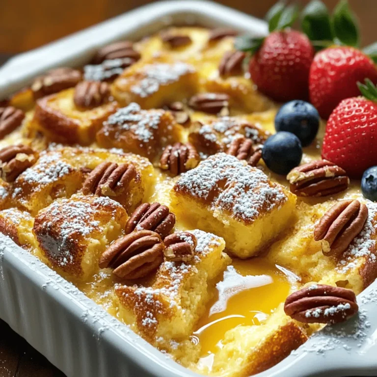 - 1 loaf of brioche or challah bread, cut into 1-inch cubes - 6 large eggs - 2 cups whole milk - 1 cup heavy cream - 1/2 cup chopped pecans or walnuts - Powdered sugar, for dusting - Fresh berries for garnish For the best French toast casserole, choose brioche or challah. These breads soak up the egg mixture well. Their soft texture creates a rich, fluffy dish. You can also use whole grain bread for a healthier twist. If you're looking for dairy alternatives, try almond milk or oat milk. They work great in this recipe and keep the flavor rich. A combination of these will give you good results. When choosing nuts, pecans add a nice crunch while walnuts offer a slightly milder taste. You can find the full recipe for this delicious casserole at the end of the article. 1. Start by preheating your oven to 350°F (175°C). This ensures even baking. 2. Grease a 9x13-inch baking dish with butter or cooking spray. This helps prevent sticking. 3. In a large bowl, whisk together the eggs, whole milk, heavy cream, and sugar. 4. Add vanilla extract, ground cinnamon, nutmeg, and salt to the egg mixture. Whisk until it’s smooth. 1. Now, take your cubed brioche or challah bread. Place it evenly in the greased baking dish. 2. Pour the egg mixture over the bread. Press down gently so the bread soaks up the liquid. 3. If you like nuts, sprinkle chopped pecans or walnuts on top for crunch. This adds great flavor. 1. Cover the dish with plastic wrap and place it in the fridge. Let it chill for at least two hours or overnight. This helps the bread absorb the mixture. 2. When ready to bake, take the casserole out of the fridge. Let it sit for about 15 minutes at room temperature. 3. Bake uncovered for 45-50 minutes. Look for a puffed and golden brown top. You can cover it with foil in the last 15 minutes if it browns too much. 4. Once baked, let it cool slightly. Dust with powdered sugar before serving warm. Enjoy with maple syrup and fresh berries! For the full recipe, check out the details above. To get the best texture, you need to soak the bread well. Soaking helps the bread absorb the egg mixture. Aim for at least two hours in the fridge. Overnight soaking is even better. This makes your casserole soft and rich. To prevent dryness, make sure you use enough liquid. The mix of milk, cream, and eggs keeps the bread moist. If you find your casserole is too dry, consider using more cream or milk next time. A good balance of liquid is key. For toppings, think about fresh fruits and maple syrup. Berries like strawberries and blueberries are great options. A dusting of powdered sugar adds a nice touch. You might also want to try nuts for crunch. They add flavor and texture. Pair your casserole with a side of bacon or sausage. This adds protein and balances the meal. For drinks, serve coffee or fresh juice. These make a lovely brunch spread. One common mistake is misjudging the baking time. Keep an eye on your casserole while it bakes. You want it puffed and golden brown. If it looks too dark, cover it with foil to prevent burning. Using the wrong type of bread is another issue. Soft breads like brioche or challah work best. They soak up the liquid well. Avoid using dry or crusty breads. They won't give you the soft texture you want in this classic dish. {{image_2}} You can make classic French toast casserole even more fun. Try adding chocolate chips for a sweet surprise. Fresh fruits like berries or bananas add color and taste. You can also change the spices to match your mood. Try adding a pinch of cardamom or ginger for a warm twist. Each change gives a new flavor to enjoy. Want a gluten-free version? Use gluten-free bread. There are many tasty options available. For a dairy-free dish, swap out the milk and cream for almond or oat milk. You can also use coconut cream instead of heavy cream. These simple swaps keep the casserole delicious for everyone. For special occasions, add festive flavors. Use pumpkin spice for a cozy autumn vibe. During the winter, try peppermint extract for a holiday treat. Citrus zest can brighten up the dish for spring. These twists create a fun way to celebrate with family and friends. To keep your French toast casserole fresh, start by cooling it. Once it’s cool, cover the dish tightly with plastic wrap or aluminum foil. You can also transfer the leftovers to an airtight container. Store it in the fridge for up to three days. When you want to enjoy it again, reheat it in the oven at 350°F (175°C) for about 15-20 minutes. This keeps it warm and tasty. You can freeze the casserole if you want to save it for later. To freeze before baking, assemble the casserole, then cover it tightly with plastic wrap and foil. You can freeze it for up to three months. When you are ready to bake it, thaw it in the fridge overnight. Bake it as usual at 350°F (175°C). If you've already baked it, let it cool before freezing. Wrap it tightly and reheat it from frozen or thawed for about 30-40 minutes. In the fridge, your casserole lasts about three days. If frozen, it can stay good for up to three months. Just remember that freezing may change the texture a bit, but it will still taste great. Enjoy your Classic French Toast Casserole whenever you want a delightful treat! For the full recipe, check out the details above. The best bread for French toast casserole is brioche or challah. These breads are soft and fluffy. They soak up the egg mixture well. This helps create a rich and creamy texture. Other options include sourdough or whole wheat bread. However, they may not be as sweet or soft. If you like a bit of crunch, add some crusty French bread. Just remember, the softer the bread, the better the casserole. Yes, you can easily make this casserole ahead of time. To do this, prepare the casserole and cover it with plastic wrap. Place it in the fridge for at least two hours, or overnight for the best flavor. This soaking time allows the bread to absorb the egg mixture well. When you are ready to bake, take it out and let it sit for about 15 minutes at room temperature. This helps it bake evenly. You will know the casserole is done when it is puffed and golden brown. This usually takes about 45-50 minutes at 350°F (175°C). The center should not jiggle when you gently shake the dish. If it looks too brown on top, cover it with aluminum foil. This will prevent it from burning while it finishes cooking. After baking, let it cool a bit before serving. It will be delicious! Enjoy this delightful breakfast treat with maple syrup and fresh berries. You can find the full recipe in the earlier sections. You now have the tools to make a tasty French toast casserole. We covered key ingredients, step-by-step instructions, and helpful tips. You learned how to achieve the best texture and avoid common mistakes. Plus, we shared delicious variations and storage options. With all this knowledge, you can impress your loved ones at breakfast or brunch. Enjoy making this dish and let your creativity shine!