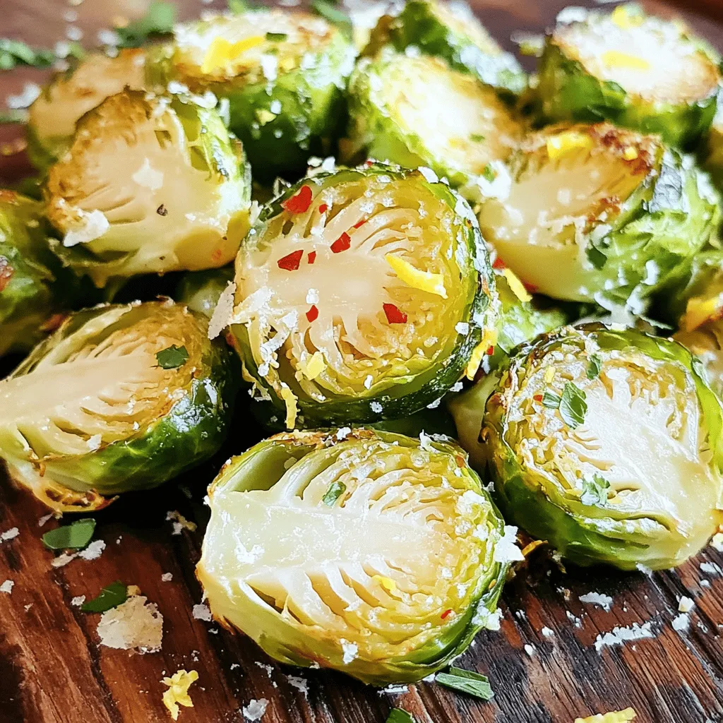 - 1 lb Brussels sprouts, trimmed and halved - 3 tablespoons olive oil - 4 cloves garlic, minced - Zest of 1 lemon - Juice of 1 lemon - 1 teaspoon salt - 1/2 teaspoon black pepper - 1/4 teaspoon red pepper flakes - 2 tablespoons grated Parmesan cheese When I make Lemon Garlic Roasted Brussels Sprouts, I start with the essential ingredients. First, I choose fresh Brussels sprouts. I trim them and cut them in half. This helps them cook evenly. I also use high-quality olive oil. It adds richness and helps the garlic flavor shine. Finely minced garlic gives a great aroma and taste. Next, I add some zest and juice from a lemon. The zest brightens the dish, while the juice adds tang. A touch of salt brings out all the flavors. For extra flavor, I often add black pepper and red pepper flakes. These spices enhance the taste and give a small kick. If I want a cheesy finish, I sprinkle some grated Parmesan cheese on top. This recipe is simple yet packed with flavor. You can find the full recipe at the beginning. Enjoy the cooking adventure! - Preheat oven to 425°F (220°C). - In a large mixing bowl, combine the halved Brussels sprouts, olive oil, minced garlic, lemon zest, lemon juice, salt, black pepper, and red pepper flakes. Toss well to ensure the sprouts are evenly coated. Starting with the prep, I love to get the oven hot. Preheating helps the sprouts crisp up nicely. Once your oven is ready, grab a mixing bowl. Toss in your trimmed and halved Brussels sprouts. Next, add olive oil to coat them. This oil helps with browning. Then, throw in the minced garlic. Garlic gives a nice kick of flavor. Next, zest a lemon into the bowl. The zest brings out a fresh taste. Squeeze the juice of that lemon in too. It brightens up the dish. Add the salt and black pepper for seasoning. If you want some heat, toss in red pepper flakes. Now, mix everything well so the sprouts are fully covered. - Spread on a baking sheet. - Roast for 20-25 minutes. Now it's time to roast! Take a baking sheet and spread the Brussels sprouts evenly. Place them cut-side down. This helps them caramelize. Roasting takes about 20 to 25 minutes. I like to stir them halfway through. This ensures even cooking and crispiness. Keep an eye on them. You want them golden brown and tender inside. - Sprinkle Parmesan cheese if desired. - Serve warm. When they’re done, take them out and check for that nice color. If you want, sprinkle grated Parmesan cheese on top while they are still hot. It melts wonderfully. Now, serve them warm. You can add extra lemon zest or a squeeze of lemon for flavor. Enjoy this tasty side dish with your favorite main course! For the full recipe, check out the comprehensive details provided. To get the best flavor from your Brussels sprouts, place them cut-side down on the baking sheet. This helps them caramelize nicely. The cut sides get crispy and brown, creating a tasty texture. Remember to stir them halfway through cooking. This action helps them roast evenly and prevents burning. You can have fun with the seasoning! Try adding different spices like smoked paprika or garlic powder. Fresh herbs can bring a lovely aroma to your dish. Consider using thyme or rosemary for a fresh twist. Just chop them fine and mix them in before roasting. A great way to make your dish pop is to garnish it with lemon zest. This adds color and a burst of flavor. You can also serve your Brussels sprouts with dips or sauces, like a creamy garlic sauce or a tangy vinaigrette. These options can elevate your meal and make it more exciting. For the full recipe, check out the earlier section! {{image_2}} You can change this dish in many fun ways. Adding bacon gives it a smoky flavor. Just chop some bacon and mix it with the Brussels sprouts before roasting. The bacon fat helps the sprouts cook evenly and adds great taste. You can also use different cheese options. Try feta or goat cheese for a tangy twist. They melt well and enhance the flavor. If you want a quicker option, try the air fryer. Set it to 375°F (190°C) and cook for about 15 minutes. Shake the basket halfway to ensure even cooking. The air fryer gives a crispy texture without needing much oil. You can also grill the Brussels sprouts. Just toss them in a grill basket and cook over medium heat for about 10-15 minutes. This method adds a nice smoky flavor and is great for summer cookouts. For vegan options, skip the cheese or use a plant-based substitute. Nutritional yeast can give a cheesy flavor without dairy. This dish is naturally gluten-free, so you don’t need to change much. Just make sure your other ingredients are gluten-free too. This way, everyone can enjoy the Lemon Garlic Roasted Brussels Sprouts. If you want to explore more ideas, check out the Full Recipe for extra tips and flavors. To store your Lemon Garlic Roasted Brussels Sprouts, let them cool first. Place them in an airtight container. Store this container in the fridge. They will stay fresh for about three to four days. If you want to freeze them, use a freezer-safe bag. Remove any air before sealing. They can last up to three months in the freezer. For the best taste, reheat Brussels sprouts in the oven. Preheat the oven to 350°F (175°C). Place the sprouts on a baking sheet. Heat for about 10 to 15 minutes until they are hot and crispy again. If you’re short on time, you can use the microwave. Place them on a safe plate and cover. Heat in 30-second bursts until warm. This method will not keep them as crispy. In the fridge, Lemon Garlic Roasted Brussels Sprouts last about three to four days. If you see any brown spots or a slimy texture, it’s time to toss them out. Trust your senses! If they smell off or look bad, don’t eat them. Always prioritize safety when it comes to food. Roasting Brussels sprouts takes about 20-25 minutes. Preheat your oven to 425°F (220°C). This high heat helps the sprouts get crispy. You want them tender inside and golden outside. Check them halfway through and stir for even cooking. Yes, you can prepare this dish ahead of time. Clean and cut the Brussels sprouts a day before cooking. Store them in the fridge in a sealed bag. Toss them with olive oil and garlic right before roasting. This keeps them fresh and tasty. These Brussels sprouts pair well with many dishes. Serve them alongside grilled chicken or fish for a healthy meal. They also go great with quinoa or rice. Add a fresh salad for a balanced plate. For a hearty meal, try them with steak or pork. Brussels sprouts are very healthy. They are low in calories but high in nutrients. They provide vitamins C and K, which are great for your body. Plus, they contain fiber, which helps your digestion. Eating Brussels sprouts can boost your immune system and help you feel full. Lemon garlic roasted Brussels sprouts are a tasty treat. We covered essential ingredients, cooking steps, and tips. You can vary flavors, methods, and storage options. Remember, roasting gives them a great crunch. Don't hesitate to add your favorite toppings or sides. Try this recipe for a fresh and healthy dish. You will enjoy the bright lemon flavor and savory garlic. Happy cooking!