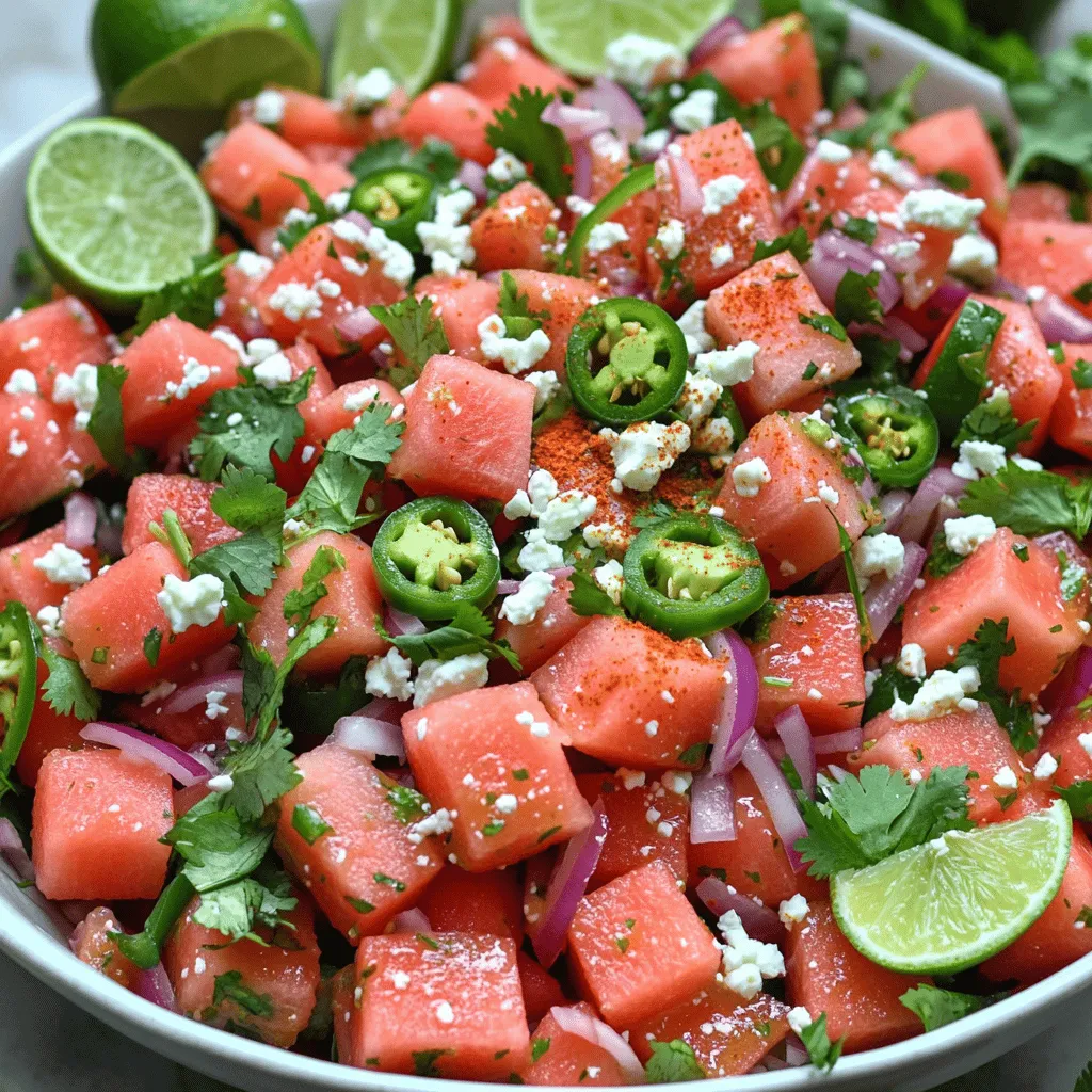 - 4 cups of cubed watermelon - 1/2 cup finely diced red onion - 1/4 cup chopped fresh cilantro - 1 jalapeño pepper, finely sliced (seeds removed for less heat) - 2 tablespoons lime juice - 1 tablespoon olive oil - 1 teaspoon chili powder - Salt to taste - Optional: Crumbled feta cheese for garnish The main ingredients in this salad are fresh and vibrant. Watermelon is the star, with its sweet and juicy flavor. I like to use ripe watermelon, as it adds the best taste. The red onion brings a nice crunch and a mild bite. Fresh cilantro gives the salad a bright, herbal note. For a little heat, I slice jalapeño pepper. You can remove the seeds for less spice, or keep them for more kick. The dressing is simple yet key. Lime juice adds tanginess, while olive oil brings richness. Chili powder gives a warm flavor. A pinch of salt enhances all the tastes. If you want, sprinkle feta cheese on top for a creamy touch. You can find the Full Recipe to create this zesty and refreshing treat! To start, you need to cube the watermelon. First, cut the watermelon in half. Next, place one half flat on the cutting board. Slice it into long strips about one inch thick. Then, turn the strips and cut them into cubes. Repeat this with the other half. Aim for even pieces for a nice look. Now, let's clean and prepare the jalapeño. Rinse it under cold water. Cut off the stem and slice it in half lengthwise. Use a spoon to scoop out the seeds for less heat. Then, finely slice the jalapeño. If you like it spicy, keep some seeds in. In a large mixing bowl, combine the cubed watermelon, diced red onion, chopped cilantro, and sliced jalapeño. Make sure everything is mixed well, so each bite has flavor. Next, make the dressing in a separate bowl. Whisk together the lime juice, olive oil, chili powder, and a pinch of salt. Mix until it’s smooth and well combined. This dressing is key to your salad's zesty taste. Now, it’s time to toss the salad. Pour the dressing over the watermelon mixture. Gently toss everything to coat. Taste it and adjust the flavor as needed. If it needs more salt or chili powder, add it now. Allow the salad to sit for about 10 minutes before serving. This wait helps the flavors mix well. If you like, sprinkle crumbled feta cheese on top for a tasty finish. Enjoy your Chili Lime Watermelon Salad! For the full recipe, check the earlier sections. To make your Chili Lime Watermelon Salad pop, consider adjusting the spice level. If you love heat, add more jalapeños. Keep the seeds for extra kick or remove them for milder flavor. This lets you control the heat perfectly. You can also add a hint of sweetness. A drizzle of honey or agave syrup can balance the spicy lime. This simple trick brings out the best in the watermelon. Experiment with how much you add until it’s just right for your taste. Serving your salad in a fun way makes it even more appetizing. Use a large salad bowl for a family-style dish. For individual servings, try small cups or mason jars. This adds a fun touch and makes it easy to share. Garnishing is key to elevating the dish. Sprinkle extra cilantro on top for a fresh look. Lime wedges on the side add color and make a great touch. If you use feta cheese, the white will contrast nicely with the bright colors. These simple steps make your salad look as good as it tastes. For the complete recipe, check out the Full Recipe section. {{image_2}} You can change things up in this salad. Try using different fruits like mango or pineapple. Both fruits bring sweetness and balance to the spicy flavor. Mango adds a tropical twist, while pineapple gives a tangy punch. You can also swap herbs. If you’re not a fan of cilantro, use mint instead. Mint adds a fresh taste that pairs well with the watermelon. Want to make this salad vegan? Just leave out the feta cheese. The salad stays bright and tasty without it. You can also add vegan cheese if you like. For gluten-free options, you can mix in nuts or seeds. These add crunch and nutrition without gluten. Feel free to get creative with toppings that fit your diet! To keep your Chili Lime Watermelon Salad fresh, store it in the fridge. Use a sealed container to keep air out. This salad is best eaten within two days. After that, the watermelon can become mushy. If you notice extra juice, drain it before serving. This helps keep the salad crisp. I don’t recommend freezing Chili Lime Watermelon Salad. Freezing changes the texture of watermelon. When thawed, it can become watery and unappetizing. It’s best to enjoy this salad fresh. If you want to prep ahead, chop your ingredients but mix them just before serving. This keeps the salad vibrant and delicious. For the full recipe, check the earlier section. Cutting watermelon evenly makes a big difference. First, slice the watermelon in half. Then, place each half flat on the cutting board. - Cut into wedges: Start from the center and cut into long triangles. - Cube the wedges: Take each triangle and cut it into small cubes. Aim for 1-inch pieces for uniform size. - Remove seeds: Check for seeds and remove them as you cut. This helps with texture. These tips help your salad look neat and feel great to eat. Yes, you can prep this salad ahead. However, I suggest keeping some parts separate to maintain freshness. - Watermelon: Cut and store it in an airtight container in the fridge. - Onion and jalapeño: Chop these and keep them in another container. - Dressing: Mix lime juice, olive oil, and spices ahead of time. Store it in a jar. Combine all ingredients just before serving. This keeps the watermelon crisp and the flavors bright. You can switch up the dressing based on your taste. Here are some ideas: - Honey lime vinaigrette: Mix honey with lime juice for sweetness. - Balsamic glaze: Drizzle some balsamic for a tangy twist. - Cilantro lime dressing: Blend cilantro with lime juice and olive oil for a fresh flavor. Feel free to explore different flavors that suit your mood! This recipe gives you four servings. Each serving is about one cup of salad. If you need more, just double the ingredients. You can easily adjust it for a larger crowd. Enjoy sharing this tasty treat! This blog post showed how to make a tasty Chili Lime Watermelon Salad. You learned about the main ingredients, how to prepare them, and mix everything together. We explored tips to adjust flavors and gave garnish ideas. Plus, we discussed ingredient swaps for personal taste and dietary needs. Remember, experimenting with this salad can lead to your unique favorite. Enjoy making it fresh and sharing it with others!