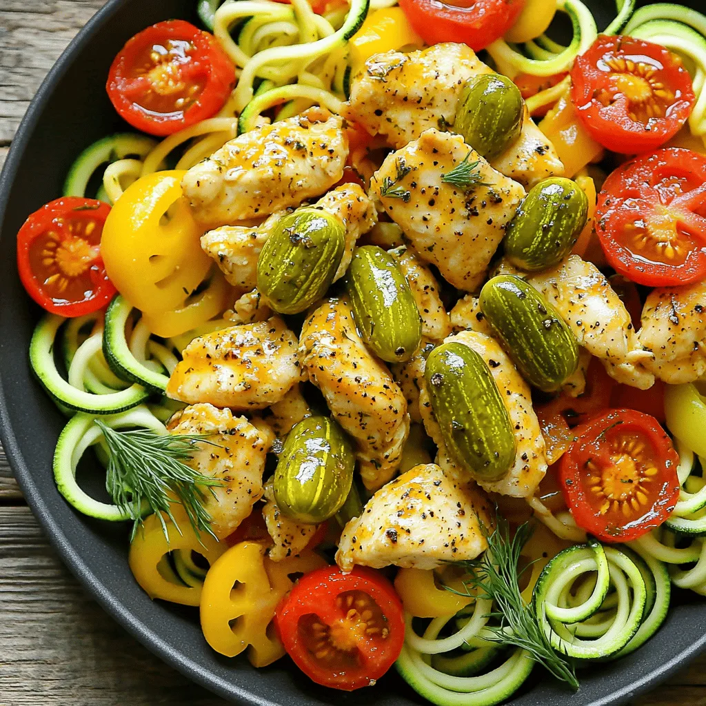 For this tasty Pickle Ranch Chicken and Zoodle Stir Fry, you will need: - 2 boneless, skinless chicken breasts, diced - 1 cup dill pickle juice - 1 tablespoon ranch seasoning mix - 2 medium zucchini, spiralized into zoodles - 1 bell pepper, sliced (any color) - 1 cup cherry tomatoes, halved - 2 tablespoons olive oil - 1 teaspoon garlic powder - 1/2 teaspoon black pepper - Fresh dill, for garnish These bright veggies and tender chicken bring great flavor and color to your plate. To make this dish, gather the right tools. You will need: - A large mixing bowl for marinating the chicken - A large skillet for cooking the chicken and veggies - A spiralizer or vegetable peeler for making zoodles - A cutting board and knife for prepping the veggies A heavy-bottomed skillet works best. It helps cook the chicken evenly and gives a nice sear. Check out the Full Recipe for step-by-step cooking instructions. To start, you need to marinate the chicken. Grab a bowl and add the diced chicken. Pour in the dill pickle juice until the chicken is fully covered. Cover the bowl and place it in the fridge for at least 30 minutes. This step adds great flavor and keeps the chicken juicy. Next, it's time to cook the chicken. Heat a large skillet over medium-high heat and add one tablespoon of olive oil. After a minute, take the chicken out of the marinade and toss the marinade. Sprinkle ranch seasoning over the chicken. Place the chicken in the hot skillet. Cook it for about 6-8 minutes. You want it golden brown and fully cooked. Once done, remove it from the skillet and set it aside. Using the same skillet, add the remaining tablespoon of olive oil. Next, toss in the sliced bell pepper. Cook it for 3-4 minutes until it softens. Now, add the zoodles and halved cherry tomatoes. Season them with garlic powder and black pepper. Stir gently while cooking for another 2-3 minutes. This keeps the veggies crunchy and fresh. Now, it's time to bring everything together. Add the cooked chicken back to the skillet with the vegetables. Toss everything for 1-2 minutes. This allows the flavors to mix well. Once combined, remove it from heat. If you like, garnish with fresh dill for a pop of color and flavor. Serve warm and enjoy your Pickle Ranch Chicken and Zoodle Stir Fry! For the complete instructions, check out the Full Recipe. To get that perfect crunch, slice your bell pepper thin. This helps them cook evenly. For the zoodles, spiralize them just before cooking. This keeps them fresh and firm. Avoid overcooking the veggies; they should stay bright and crisp. A quick stir-fry is key to maintain their texture. Want to boost the taste? Try adding a pinch of cayenne pepper for heat. Fresh herbs like basil or parsley can add a bright note. You might also sprinkle some grated Parmesan cheese on top. This gives a nice salty kick that pairs well with the chicken and zoodles. One common mistake is overcooking the chicken. Make sure to cook it until golden brown but not dry. Use a meat thermometer to check for doneness; it should be 165°F. Also, keep your workspace clean. This helps make cooking less stressful. Always read the recipe first before you start. This way, you won't miss any steps. For the best results, follow the full recipe closely. {{image_2}} You can switch the chicken for other proteins. Turkey works great if you want a lighter meal. Shrimp adds a nice twist and cooks quickly. For a vegetarian option, try tofu. Just press it to remove water and cut it into cubes. Marinade it the same way as chicken. This keeps the flavors strong and tasty. If you want to skip the zucchini, you have options. You can use spaghetti squash for a similar texture. Cauliflower rice is another great low-carb choice. It adds a nice crunch and absorbs flavors well. You can even try sliced bell peppers. They are colorful and add a nice bite to the dish. Adding a fun dip can change the game. A simple ranch dressing is perfect. You can make it by mixing plain yogurt and ranch seasoning. This gives a tangy kick. Another option is a spicy sriracha mayo. Mix mayo with sriracha for a creamy heat. Both will enhance your meal and keep it exciting. For more details, check the Full Recipe. To keep leftover Pickle Ranch Chicken and Zoodle Stir Fry fresh, follow these steps. First, let the dish cool to room temperature. Place it in an airtight container. This helps to prevent moisture loss and keeps flavors intact. Store it in the fridge for up to three days. For best taste, try to eat it within this time frame. When you’re ready to enjoy your leftovers, reheat them gently. Place the stir fry in a skillet over medium heat. Stir it often to ensure even warming. This method helps maintain the crispness of the zoodles and the juiciness of the chicken. You can also use a microwave if you’re in a hurry. Heat it in short bursts, stirring in between. This way, you won’t overcook the dish. If you want to store your stir fry for longer, freezing is a great option. Start by letting the dish cool completely. Then, pack it into a freezer-safe container, leaving some space for expansion. It can be frozen for up to three months. To thaw, move it to the fridge overnight. For a quick option, use the microwave on the defrost setting. After thawing, reheat it in a skillet for the best texture and flavor. For the full recipe, check out the Pickle Ranch Chicken and Zoodle Stir Fry. Yes, you can substitute ranch seasoning. You can make your own mix at home. Combine dried buttermilk, garlic powder, onion powder, dried dill, and salt. This gives you a fresh taste. You can also use Italian seasoning for a different flavor. Zoodles are a great option! They are low in carbs and calories. Zucchini noodles add extra nutrients. They are high in fiber and vitamins. Plus, they soak up flavors well. This makes your dish tasty and healthy. Store leftovers for up to three days in the fridge. Keep them in an airtight container. When ready to eat, check for freshness. If it smells or looks off, it's best to toss it. This blog post covered all the essential steps to make a tasty chicken dish. You learned about the main ingredients, equipment, and the cooking methods needed to achieve perfect flavor and texture. I shared tips to help beginners avoid mistakes and suggested some fun variations. Remember, experimenting with different proteins and veggies can make every meal unique. Enjoy trying new seasonings and side sauces. Cooking is fun, so keep it simple, and keep enjoying your time in the kitchen!
