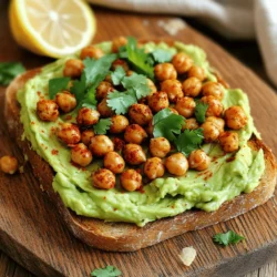- Ripe avocados - Canned chickpeas - Olive oil - Spices: smoked paprika, cumin, cayenne pepper - Seasoning: salt and black pepper - Bread options: whole grain or sourdough - Lemon juice - Fresh herbs: cilantro or parsley - Optional garnishes: red chili flakes To make my avocado toast with spicy chickpeas, gather the ingredients first. I love using ripe avocados. They add creaminess and flavor. Canned chickpeas are easy and quick. You can drain and rinse them for the best taste. Next, olive oil is a must. It adds richness and helps the spices stick. For spices, I use smoked paprika, cumin, and cayenne pepper. These give the chickpeas a warm kick. Don’t forget the salt and black pepper. They enhance all the flavors. When it comes to bread, I enjoy whole grain or sourdough. They provide a sturdy base. A squeeze of lemon juice adds brightness. Fresh herbs like cilantro or parsley bring freshness to the dish. If you like heat, sprinkle some red chili flakes on top. This ingredient list is simple yet packed with flavor. Each part plays a role in creating a tasty delight. For the complete recipe, check the section on step-by-step instructions. First, grab a medium bowl and add the chickpeas. Toss them with olive oil, smoked paprika, cumin, cayenne pepper, salt, and black pepper. Make sure every chickpea gets an even coating. This step is key for great flavor. If some chickpeas are not coated well, they will not roast evenly. Now, spread the chickpeas on a baking sheet lined with parchment paper. Set your oven to 400°F (200°C) and roast them for about 20 minutes. Halfway through, shake the pan to ensure even roasting. The goal is to get them crispy and golden. While the chickpeas roast, it’s time to toast your bread. You can use a toaster for convenience or grill it for a smoky flavor. Either way, aim for a golden brown finish. This adds a nice crunch to your toast, which pairs well with the creamy avocado. Next, take the ripe avocados and place them in a bowl. Mash them with a fork until you reach your desired texture. I like a chunky style, but you can make it smoother if you prefer. Add a splash of lemon juice, along with a pinch of salt and pepper. This brightens the flavor and helps stop browning. Once your bread is toasted, spread the mashed avocado generously over each slice. Make sure to cover every corner for a tasty bite. After that, take the roasted chickpeas and pile them on top of the avocado. This adds a spicy crunch that you will love. Now comes the fun part—garnishing! Sprinkle fresh cilantro or parsley over the top. If you like some heat, add a pinch of red chili flakes. This not only looks pretty but also adds extra flavor. Serve on a wooden board or a white plate for a beautiful presentation. For the full recipe, check the details provided. To find ripe avocados, look for a few signs. First, gently squeeze the avocado in your palm. It should feel slightly soft but not mushy. Next, check the color. A dark green or almost black skin often means it is ripe. If you are unsure, you can look under the stem. If it pops off easily and is green, the avocado is ready. For storage, keep unripe avocados at room temperature. Once they ripen, store them in the fridge. This slows down the ripening process and helps them last longer. You can spice up your chickpeas in many ways. Instead of smoked paprika, try garlic powder or curry powder. Both add great flavor. If you want a different texture, consider using lentils or black beans. They pair nicely with avocado and add more protein. Experiment and find what you like best! If you need gluten-free bread, many options are available. Look for gluten-free whole grain or sourdough. These still give you great taste and texture. When choosing your bread, think about flavors. A nutty bread can add depth to your dish, while a sourdough gives a nice tang. Pick the one that excites your taste buds! For the full recipe, check out the instructions above! {{image_2}} You might want to add more protein. Eggs are a great choice. A poached or fried egg works well on top. It adds creaminess and makes the dish filling. If you prefer plant-based options, try adding tofu or tempeh. Both give good texture and flavor. To spice things up, you can add more herbs and spices. Try fresh basil or dill for a twist. You might also enjoy a drizzle of sriracha or tahini sauce. Both add a nice kick and extra creaminess. Don't be afraid to experiment with flavors. If you want mini versions, cut the bread into smaller pieces. This makes for fun appetizers. You can also scale up the recipe. Just double the ingredients for meal prep. This way, you have tasty meals ready for the week. For the full recipe, check out the complete guide on Avocado Toast with Spicy Chickpeas! To keep your leftover avocado toast tasty, store it carefully. First, the bread can get soggy. To avoid this, separate the avocado from the bread. Place the toast in an airtight container. Wrap the avocado tightly in plastic wrap. This keeps it fresh. If you want to keep the chickpeas crispy, store them in a different container. You can freeze chickpeas for later use. Drain and rinse them first. Spread them on a baking sheet and freeze until firm. Then, transfer the chickpeas to a freezer bag. This way, they stay fresh for up to three months. To freeze avocados, mash them with lemon juice. This helps prevent browning. Place the mashed avocado in an airtight container. Fresh herbs last about a week in the fridge. Dried herbs can last much longer. Check the best-by dates on canned goods. Most canned chickpeas can stay good for years if unopened. Always store them in a cool, dry place. For the full recipe, check out the section above. To keep avocados fresh, store them properly. Here are some tips: - Use lemon juice: The acid slows browning. - Cover tightly: Wrap avocados in plastic wrap. - Store in the fridge: This slows oxidation. - Keep the pit: If you have half an avocado, leave the pit in the unused half. These methods help extend the life of your ripe avocados. Yes, you can! Here are some great alternatives: - Black beans: They add a rich flavor. - White beans: These are mild and creamy. - Lentils: Cooked lentils give a nice texture. Each option brings a unique taste and pairs well with the spices in this dish. Absolutely! Avocado toast is full of nutrients. Here’s why: - Avocados: They are packed with healthy fats and fiber. - Chickpeas: They provide protein and iron. - Whole grain bread: This option is high in fiber and vitamins. Together, these ingredients create a balanced meal that promotes health. Pair your avocado toast with these ideas for a complete meal: - Poached eggs: They add extra protein and richness. - Salad: A fresh side salad can add crunch. - Smoothies: A fruit smoothie complements the flavors well. These options create a colorful and satisfying meal experience. In this blog post, we explored how to make a tasty avocado toast topped with roasted chickpeas. We discussed key ingredients, preparation methods, and helpful tips for perfect results. Remember to choose ripe avocados and experiment with spices. You can customize your toast with different proteins and flavors. Whether for breakfast or a snack, this simple dish is both delicious and nutritious. Enjoy creating your unique version with the ideas we've shared!