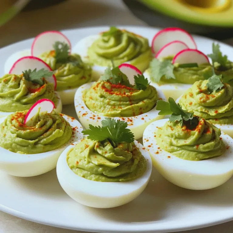 To make Avocado Deviled Eggs, you'll need a few simple ingredients. Here’s the list: - 6 large eggs - 1 ripe avocado - 2 tablespoons Greek yogurt - 1 tablespoon Dijon mustard - 1 tablespoon lime juice - 1/2 teaspoon garlic powder - 1/4 teaspoon smoked paprika - Salt and pepper to taste - Fresh cilantro for garnish (optional) - Sliced radishes for decoration (optional) These ingredients blend together to create a creamy, flavorful filling. The ripe avocado adds a rich texture and healthy fats. Greek yogurt gives a tangy note and keeps it light. Dijon mustard and lime juice add a zesty kick. Garlic powder and smoked paprika bring depth to the flavor. You can choose to garnish with cilantro and radishes to make your dish pop. Enjoy each bite as a healthy, tasty treat! For the full recipe, follow the steps to make these delicious snacks. Start by placing the eggs in a saucepan. Fill it with water so the eggs are covered by about an inch. Turn the heat to high and bring the water to a boil. Once boiling, cover the pan and take it off the heat. Let the eggs sit for 9 to 12 minutes. Use 9 minutes for creamy yolks and 12 minutes for firmer ones. After the time is up, move the eggs to a bowl of ice water. This stops the cooking and cools the eggs for easy peeling. Let them sit in the ice water for about 5 to 10 minutes. Once the eggs are cool, gently tap them to crack the shells. Peel the eggs under running water; this helps a lot. Cut each egg in half lengthwise. Carefully remove the yolks and place them in a mixing bowl. Now, add the ripe avocado, Greek yogurt, Dijon mustard, lime juice, garlic powder, smoked paprika, salt, and pepper to the yolks. Use a fork to mash everything together until it’s smooth and well mixed. This filling is where the flavor and nutrition come alive! Now it’s time to fill the eggs! Spoon or pipe the avocado mixture back into the hollowed egg whites. Fill them generously for a tasty bite. For a bit of flair, sprinkle extra smoked paprika on top. If you like, you can also garnish with fresh cilantro and slices of radish. This adds color and a bit more flavor. Enjoy your healthy and delicious avocado deviled eggs, packed with flavor and nutrition! You can find the full recipe to guide you through this process. To cook perfect eggs, start with cold water. Place the eggs in a pot. Cover them with water, about one inch above the eggs. Bring the water to a boil. Once it boils, cover the pot and remove it from the heat. Let the eggs sit for 9 to 12 minutes. If you want creamy yolks, choose 9 minutes. For firmer yolks, go for 12 minutes. After time is up, cool the eggs in ice water for 5 to 10 minutes. This stops the cooking and makes peeling easier. If you have leftover avocado deviled eggs, store them in the fridge. Use an airtight container to keep them fresh. Place a piece of plastic wrap over the eggs to reduce air exposure. They stay good for up to two days. After that, the avocado may brown, so enjoy them soon! You can switch up the recipe with different ingredients. If you want a vegan option, replace the egg yolks with blended chickpeas. Use tahini instead of Greek yogurt for creaminess. You can also add spices like cayenne for heat. Try other herbs too, like dill or chives, for new flavors. Mix and match to find your favorite taste! For the full recipe, check the details above. {{image_2}} To spice things up, add some heat to your avocado deviled eggs. You can mix in a teaspoon of hot sauce or some finely chopped jalapeños. This adds a nice kick. If you want more flavor, consider adding some cayenne pepper or chili powder. These spices give a warm, zesty taste. You can also top the eggs with sliced jalapeños for extra crunch and heat. For a Mediterranean twist, add some chopped olives and sun-dried tomatoes. These ingredients bring rich, savory flavors. You can swap Greek yogurt for creamy feta cheese. This gives a tangy taste that pairs well with avocado. To finish, sprinkle some fresh herbs like dill or parsley on top. This makes your dish colorful and fresh. To make these eggs vegan, skip the eggs and use tofu. Silken tofu works best for a creamy texture. Blend it with avocado, lime juice, and spices from the base recipe. This creates a rich filling without using eggs. You can add nutritional yeast for a cheesy flavor. Serve with a sprinkle of paprika for color. This version is healthy and perfect for plant-based diets. For the full recipe, check the details above. Store your avocado deviled eggs in the fridge. Use a sealed container to keep them fresh. They taste best when eaten within three days. If you want to keep them longer, separate the filling from the egg whites. This helps maintain texture and flavor. For longer storage, freeze the filling. Place it in an airtight container or a freezer bag. You can keep it frozen for up to a month. When ready to use, thaw it in the fridge overnight. Then, fill your egg whites just before serving. To keep your eggs fresh, avoid adding the garnish until serving time. This keeps the presentation nice and prevents sogginess. If you notice browning on the avocado filling, add a splash of lime juice. This keeps the color bright and appetizing. Always check for any off smells before eating. If something seems off, it's best to toss it. Enjoy your avocado deviled eggs while they're fresh! To stop the avocado from turning brown, use lime juice. It has citric acid that slows oxidation. When you mix it with the avocado, the color stays bright. Cover the mixture with plastic wrap. Press it tightly against the surface to keep air out. This helps keep it fresh longer. Yes, you can make this recipe ahead of time. Prepare the filling and store it in the fridge. Keep it in an airtight container to avoid browning. You can also boil the eggs a day before. Just fill them with the avocado mixture when you are ready to serve. If you don’t have Greek yogurt, use sour cream instead. It adds a nice tang and creaminess. You can also use mashed silken tofu for a dairy-free option. This will keep the dish smooth and tasty while being lighter. To check if your eggs are hard-boiled, do the spin test. Place an egg on a flat surface and spin it. If it spins smoothly, it’s hard-boiled. If it wobbles, it’s still raw. You can also crack an egg open; if the yolk is firm and yellow, it's done. This blog post covered how to make tasty avocado deviled eggs. We explored the simple ingredients and step-by-step instructions for cooking and assembling them. I shared tips for cooking eggs perfectly and storing leftovers. You also learned about fun variations, like the spicy or vegan options. Enjoy making these healthy snacks. They're not just yummy; they're easy too! Try them at your next gathering or just for fun. Happy cooking!
