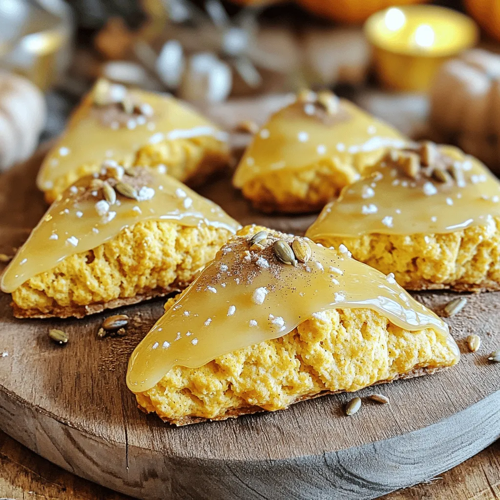 - 2 cups all-purpose flour - 1/2 cup brown sugar - 1 tablespoon baking powder - 1/2 teaspoon baking soda - 1/2 teaspoon salt - 1 teaspoon ground cinnamon - 1/2 teaspoon ground ginger - 1/4 teaspoon ground nutmeg - 1/2 cup unsalted butter, cold and cubed - 1/2 cup canned pumpkin puree - 1/4 cup heavy cream - 1 large egg - 1 teaspoon vanilla extract - 1 cup powdered sugar (for glaze) - 2 tablespoons maple syrup These ingredients create a rich, warm flavor in the scones. Fresh spices like cinnamon and nutmeg make the scones smell amazing. The pumpkin puree keeps them moist and adds a soft texture. - 1/2 cup chopped nuts (like pecans or walnuts) - 1/2 cup chocolate chips - 1/2 teaspoon allspice Adding nuts gives a nice crunch. Chocolate chips add sweetness. Allspice can deepen the flavor profile. You can mix and match these extras to suit your taste. For the full recipe, check out the details above. Mixing Dry Ingredients Start by whisking together the dry ingredients. In a large bowl, combine 2 cups of all-purpose flour, 1/2 cup of brown sugar, 1 tablespoon of baking powder, 1/2 teaspoon of baking soda, and 1/2 teaspoon of salt. Add in 1 teaspoon of ground cinnamon, 1/2 teaspoon of ground ginger, and 1/4 teaspoon of ground nutmeg. Mix until everything is well blended. Incorporating Cold Butter Next, it’s time to add the butter. Take 1/2 cup of cold, unsalted butter and cut it into small cubes. Use a pastry cutter or your fingers to blend the butter into the flour mixture. You want it to look like coarse crumbs. This step adds a nice flakiness to your scones. Combining Wet Ingredients In a separate bowl, mix your wet ingredients. Combine 1/2 cup of canned pumpkin puree, 1/4 cup of heavy cream, 1 large egg, and 1 teaspoon of vanilla extract. Whisk these together until smooth. Then, pour this mixture into the dry ingredients. Gently stir until just moistened. Be careful not to overmix. Forming the Dough Once your dough is ready, turn it out onto a floured surface. Shape it into a disc about 1 inch thick. This thickness is key to get the right texture. Cutting into Wedges or Rounds Now it's time to cut the scones. You can cut the disc into wedges, like a pizza, or use a biscuit cutter for round scones. Make sure to keep the cuts clean to help them rise evenly. Preheating the Oven Before you bake, preheat your oven to 400°F (200°C). Prepare a baking sheet by lining it with parchment paper. This helps prevent sticking and ensures even baking. Baking Time and Temperature Place the scones on the prepared baking sheet. Bake them for 15-18 minutes. They should be lightly golden when done. Keep an eye on them to avoid over-baking. For the full recipe, check the section above. Enjoy your baking! Avoiding Overmixing Mixing the dough too much can ruin your scones. It leads to tough scones. When you combine the wet and dry ingredients, mix gently. Stop as soon as you see no dry flour. This keeps your scones soft and fluffy. Ensuring Proper Thickness Shape your dough into a disc about 1 inch thick. If it's too thin, your scones might bake too fast and burn. If it's too thick, they won't cook evenly. Use a ruler or your hands to check. Aim for that perfect thickness for great results. Serving Suggestions Serve your scones warm for the best flavor. Place them on a rustic wooden board. This adds charm. Drizzle a little extra maple syrup around them for a sweet touch. You can also serve them with butter or cream on the side. Decorative Ideas for Serving Sprinkle some cinnamon on top for a pop of color. Add pumpkin seeds for crunch. You can also use fresh herbs like thyme for a fun contrast. These little details make your scones look gourmet and inviting. For the complete recipe, check out the Full Recipe. {{image_2}} You can make your maple glazed pumpkin scones even better. One way is to add nuts or chocolate chips. Walnuts or pecans give a nice crunch and flavor. If you prefer chocolate, try semi-sweet or dark chips. Just fold them into the dough before shaping the scones. Another way to enhance flavor is by using different spices. Besides cinnamon, ginger, and nutmeg, you can try allspice or cardamom. These spices add warmth and depth. Just use a little to keep the pumpkin flavor strong. If you need gluten-free scones, swap all-purpose flour with a gluten-free blend. Look for one that works well for baking. You may need to adjust the liquid amounts slightly. Start with the same measurements and see if the dough feels right. For a vegan version, replace the butter with coconut oil or vegan butter. Use a flax egg instead of a regular egg. Mix one tablespoon of ground flaxseed with three tablespoons of water. Let it sit for a few minutes until it thickens. This will help bind your dough. Try these variations to make your maple glazed pumpkin scones fit your taste or dietary needs. Enjoy creating your perfect scone! For the complete recipe, check the Full Recipe link. To keep your maple glazed pumpkin scones fresh, follow these best practices: - Cool Completely: Let the scones cool on a wire rack. This step stops steam from making them soggy. - Airtight Container: Place the scones in an airtight container. This keeps them moist and flavorful. - Room Temperature: Store at room temperature for up to 3 days. If you need more time, consider freezing them. When stored correctly, these scones remain soft and tasty. They make a great snack or breakfast treat! You can reheat your scones using either the oven or microwave. Here’s how: - Oven Method: Preheat the oven to 350°F (175°C). Place the scones on a baking sheet. Heat for about 5-10 minutes. This method keeps them crispy outside and soft inside. - Microwave Method: Place one scone on a plate. Heat for 10-15 seconds. This method is quick but may make them a bit soft. Choose the method that works best for you. Enjoy your warm, delicious scones again! For the full recipe, check out the section above. To make your scones extra fluffy, avoid overmixing the dough. Mix just until the ingredients come together. Also, use cold butter and add baking powder. This helps in creating air pockets, making the scones light. Common Mistakes to Avoid: - Overmixing the dough can lead to tough scones. - Using warm butter prevents proper rising. - Skipping the baking powder can affect texture. Yes, you can freeze the dough before baking. Shape the scones and place them on a baking sheet. Freeze them until firm, then transfer to a freezer bag. This way, you can enjoy fresh scones anytime. Freezing Instructions and Storage Duration: - Freeze unbaked scones for up to three months. - Label the bag with the date for easy tracking. - When ready to bake, no need to thaw, just add a few extra minutes to bake time. You can use whole milk or a non-dairy milk like almond or soy milk. However, these options may change the texture. Heavy cream adds rich flavor and helps with moisture. Alternatives and Their Impact on Texture: - Whole milk gives a lighter scone. - Almond milk may make them less rich but still tasty. - Avoid low-fat milk for best results. Scones are best enjoyed fresh. They can stay fresh for about two days at room temperature. Store them in an airtight container. Shelf Life and Signs of Spoilage: - Check for dryness or hard texture. - Look for any mold or off smells. - Refrigerate for up to a week if needed, but they may become dense. For the complete recipe on Maple Glazed Pumpkin Scones, refer to the Full Recipe section. You learned how to make delicious scones from scratch. We covered the ingredients, step-by-step instructions, and helpful tips. You now know how to shape, bake, and store your scones. You can also explore fun flavor variations or make dietary adjustments. Remember, practice helps you make perfect scones. Enjoy sharing your fresh-baked treats!