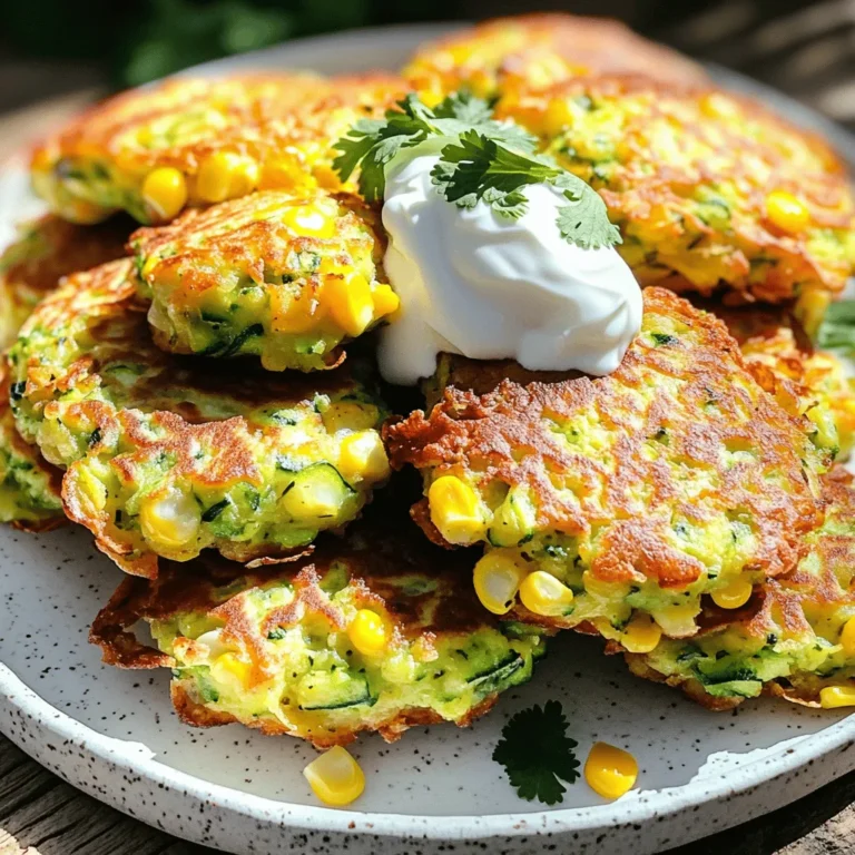 To make delicious zucchini corn fritters, you need fresh and simple ingredients. Here’s the list: - Grated zucchinis - Corn kernels - All-purpose flour - Cornmeal - Baking powder - Garlic powder - Onion powder - Smoked paprika - Salt and black pepper - Eggs - Fresh cilantro (optional) - Olive oil These ingredients come together to create a tasty treat. I love using fresh zucchinis and corn because they add great flavor and texture. The herbs and spices enhance the taste, making the fritters special. You can find the full recipe if you want to dive deeper into making these fritters. Remember, the key is to squeeze out excess moisture from the zucchinis. This step keeps the fritters crispy. Enjoy cooking! First, grab a large mixing bowl. In this bowl, combine the grated zucchinis and corn kernels. Make sure the zucchinis are dry. Excess moisture can make the fritters soggy. Next, add the dry ingredients: all-purpose flour, cornmeal, baking powder, garlic powder, onion powder, smoked paprika, salt, and black pepper. Stir them together until they mix well. Now, it’s time to incorporate the eggs and chopped cilantro. Fold them in gently until the mixture feels cohesive. If it seems too wet, add a bit more flour. Heat a non-stick skillet over medium heat. Add a thin layer of olive oil to coat the bottom. Once the oil is hot, drop spoonfuls of the fritter mixture into the skillet. Flatten them slightly with the back of your spoon. Cook each fritter for about 3-4 minutes on each side. Look for a golden brown color and a crispy texture. When done, remove the fritters from the skillet. Place them on a paper towel-lined plate to soak up any extra oil. Repeat this frying step with the remaining batter. Add more oil as needed to keep the skillet well-coated. You can find the full recipe above to help you follow along! Enjoy the process of making these tasty zucchini corn fritters! To make great zucchini corn fritters, start by avoiding sogginess. Squeeze out as much water from the grated zucchini as you can. This step is key. If your mixture is too wet, your fritters will be soft and mushy. You can also add a bit more flour to help absorb moisture. Next, think about flavor enhancements. Try mixing in fresh herbs like parsley or dill. You can also add some spicy pepper flakes for a kick. Different spices can elevate your fritters. Experiment with different flavors that you enjoy. When serving your fritters, think about accompaniments. A dollop of sour cream or yogurt works well. You can also serve them with fresh salsa for added zest. Both options add a nice touch and contrast to the fritters. For presentation tips, stack the fritters on a nice plate. Drizzle with some yogurt or sour cream. Sprinkle with fresh cilantro for a pop of color. This not only looks great but makes your dish more appetizing. Serve warm for the best taste experience. {{image_2}} You can easily adapt this recipe to fit your needs. Here are some options: - Gluten-free options: Substitute the all-purpose flour with gluten-free flour. This works well and keeps the fritters light. - Dairy-free versions: Instead of eggs, use flaxseed meal mixed with water. This will help bind the mixture without dairy. Adding unique flavors can make your fritters stand out. Try these ideas: - Spicy twists: Add chopped jalapeños or a pinch of cayenne pepper to the batter for a kick. - Herb combinations: Mix in fresh herbs like dill, basil, or parsley. These add freshness and depth to the taste. Explore these variations to make the dish your own. For a complete guide, check out the Full Recipe. To store leftover zucchini corn fritters, first let them cool. Place them in an airtight container. Make sure they are not stacked too high to avoid sogginess. They will stay fresh in the fridge for up to three days. When you want to reheat them, use a skillet over medium heat. This method keeps the fritters crispy. Heat them for about 2-3 minutes on each side until they are warm. If you want to freeze the fritters, it's best to freeze them before frying. Place the uncooked fritter mixture on a baking sheet. Form them into patties and freeze for about 2 hours. After they are firm, transfer them to a freezer bag. They can last up to three months in the freezer. When you’re ready to cook, thaw them in the fridge overnight. Reheat them in a skillet over medium heat for about 4-5 minutes on each side. This way, they will taste just as fresh as the day you made them. Don't forget to check the [Full Recipe] for the right cooking steps! Zucchini corn fritters are tasty bites made from fresh zucchini and corn. They are mixed with flour, spices, and eggs. Then, they are fried until golden brown. These fritters are crispy on the outside and soft on the inside. They make a great snack or side dish. To make your fritters crispy, follow these tips: - Squeeze out excess moisture from the grated zucchini. - Use a hot skillet with enough olive oil. - Don't overcrowd the pan; fry in small batches. - Cook until golden brown on each side. These steps help keep your fritters light and crisp. Yes, you can use frozen corn. Just thaw it and drain any excess water. Frozen corn works well in the recipe. It saves time and still gives a nice flavor. Many dips go well with zucchini corn fritters. Here are some great options: - Sour cream - Greek yogurt - Avocado sauce - Spicy salsa These dips add extra flavor and make your fritters even more enjoyable. To make vegan zucchini corn fritters, replace the eggs with flax eggs. Mix one tablespoon of ground flaxseed with three tablespoons of water for each egg. Let it sit until it thickens. You can also use a dairy-free milk substitute for extra moisture if needed. You’ve learned how to make tasty zucchini corn fritters step by step. From the right ingredients to cooking tips, you now have the tools for success. Remember to experiment with flavors and variations. Adjust the recipe based on your diet or preferences. Store leftovers properly for future snacks. Overall, these fritters are versatile and fun. Enjoy creating them for friends and family! Your kitchen is ready for delicious moments.