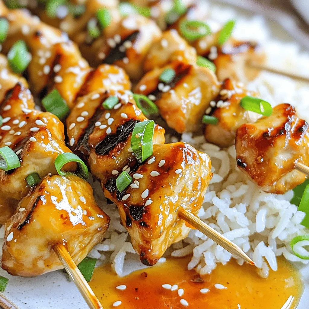 - 1 lb chicken breast, cut into 1-inch cubes - 1/4 cup honey - 2 tablespoons Sriracha sauce (adjust to taste) - 2 tablespoons soy sauce - 1 tablespoon fresh ginger, grated - 3 cloves garlic, minced - 1 tablespoon sesame oil - 1 teaspoon lime juice - Salt and pepper to taste - Bamboo skewers, soaked in water for 30 minutes (or metal skewers) - Green onions, sliced (for garnish) - Sesame seeds (for garnish) To make the best Honey Sriracha Chicken Skewers, start with fresh, high-quality ingredients. I like to use chicken breast for its lean texture. You can also swap it for chicken thighs for a juicier bite. Marinating the chicken is key. Mix honey, Sriracha, soy sauce, ginger, garlic, sesame oil, lime juice, salt, and pepper together in a bowl. This marinade brings out a sweet and spicy flavor that complements the chicken perfectly. - Grill or grill pan - Mixing bowl - Basting brush - Tongs For cooking, you will need a grill or a grill pan. A good mixing bowl helps in combining the marinade and chicken. Use a basting brush to apply extra marinade while grilling. Tongs are great for flipping the skewers without losing any juicy bits. - Chicken thighs instead of breast - Agave nectar as a honey substitute - Different hot sauces for varied flavor If you want a twist, try using agave nectar instead of honey. It adds a nice flavor, too. You can also change the heat level by using a different hot sauce. This way, you can make your skewers just how you like them! To start, grab a mixing bowl. In this bowl, combine the honey, Sriracha sauce, soy sauce, grated ginger, minced garlic, sesame oil, lime juice, salt, and pepper. Mix these well until you see a smooth blend. This marinade will add great flavor to the chicken. Next, add the cubed chicken breast to the bowl. Make sure every piece gets coated evenly. This step is key for a tasty outcome. Now, cover the bowl and place it in the refrigerator. You can let it marinate for at least 30 minutes. If you have time, going up to 2 hours is even better. The longer the chicken sits in the marinade, the more flavor it absorbs. This time allows the spices and sauces to penetrate the meat. You will taste the difference! Before grilling, preheat your grill or grill pan over medium-high heat. While it heats, thread the marinated chicken onto the soaked bamboo skewers. Pack the pieces snugly but avoid overcrowding them. Once the grill is hot, place the skewers on it. Grill for about 10 to 12 minutes. Turn the skewers occasionally. This helps to get nice grill marks and cook evenly. The chicken is ready when it reaches an internal temperature of 165°F (75°C). After grilling, let the skewers rest for a few minutes before serving. This keeps them juicy. Don’t forget to garnish with sliced green onions and sesame seeds for a pop of color! For the full recipe, check out the detailed instructions. Marinating the chicken is key to great flavor. I suggest marinating for at least 30 minutes. If you have time, go for 2 hours. This allows the chicken to soak up all the tasty notes. You can also adjust the Sriracha sauce. If you want it mild, use less. For more heat, add a bit more. Taste as you go! When grilling, it's important to check the chicken's temperature. I recommend using a meat thermometer. The chicken should reach 165°F (75°C) for safety. Avoid overcrowding the skewers. Leave space between each piece. This helps the chicken cook evenly and get those nice grill marks. For garnishing, sprinkle sliced green onions and sesame seeds on top. This adds color and crunch. You can serve the skewers on a bed of jasmine rice or with a fresh green salad. Both pair beautifully with the flavors of the chicken. You could even offer extra Sriracha on the side for those who enjoy a spicy kick! {{image_2}} You can switch up the protein in these skewers. Try using shrimp for a lighter taste. Tofu is a great choice for a vegetarian option. Just make sure to press it first to remove excess water. You can also use vegetables like bell peppers, zucchini, or mushrooms. They grill well and soak up flavor. To add even more taste, mix in fresh herbs. Cilantro and basil are tasty choices. You can also try different sauces or spices for unique flavors. Teriyaki sauce will give a sweet twist, while lime zest can add brightness. Customizing the flavor makes each meal special. These skewers shine as both appetizers and main dishes. Serve them over a bed of jasmine rice for a filling meal. A fresh green salad pairs well, too. You can even make a platter with different dipping sauces. This makes them fun to share at parties. For those who crave heat, offer extra Sriracha on the side. Check the Full Recipe for more ideas on how to enjoy your skewers! After enjoying your Honey Sriracha Chicken Skewers, store leftovers in an airtight container. Keep them in the fridge. They stay fresh for up to three days. Be sure to let them cool before sealing. They will taste great again when you reheat them! You can freeze the grilled skewers for later use. Place them in a freezer-safe bag or container. Remove as much air as possible to prevent freezer burn. They can last up to three months. When you're ready to eat, thaw them in the fridge overnight. Reheat them on the grill or in a pan until warm. Pre-marinating chicken is a great way to save time. You can marinate the chicken the night before. This gives the chicken more flavor. Use the skewers for lunchboxes or quick dinners. Pair them with rice or salad for a balanced meal. They are easy to grab and go! For the full recipe, check out the details above. I recommend marinating the chicken for at least 30 minutes. This time helps the chicken soak up the sweet and spicy flavors. If you have more time, let it marinate for up to 2 hours. Longer marinating gives the chicken a deeper taste. Yes, you can use other proteins. Chicken thighs work great if you want more flavor. If you prefer seafood, shrimp is a tasty option. For a vegetarian version, try using tofu or even large mushrooms. Just make sure to adjust the cooking times based on what you choose. These skewers pair well with several sides. Serve them over jasmine rice for a filling meal. A fresh green salad adds a nice crunch. You can also offer dipping sauces, like extra Sriracha or a cool yogurt sauce. Feel free to get creative with your sides! To amp up the heat, add more Sriracha to the marinade. You can also incorporate chopped fresh chili peppers for an extra kick. If you love heat, try a dash of cayenne pepper or crushed red pepper flakes. Just remember to taste as you go! In this article, we covered how to make delicious honey Sriracha chicken skewers. We went through the essential ingredients, step-by-step grilling instructions, and helpful tips to enhance flavor. You learned about variations and serving suggestions, plus how to store leftovers safely. Grilling these skewers can become a fun activity. With the right marinade and care, you will impress your friends and family. So gather your ingredients and get grilling for a tasty meal today!