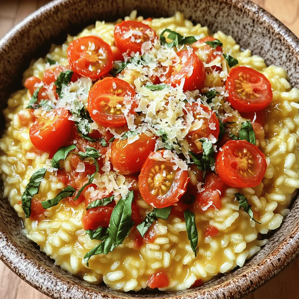 - 1 cup arborio rice - 4 cups vegetable broth, warmed - 1 medium onion, finely chopped - 2 cloves garlic, minced - 1 can (14 oz) crushed tomatoes - 1/2 cup heavy cream (or coconut cream) - 1/2 cup grated Parmesan cheese (or nutritional yeast) - 1/4 cup fresh basil, chopped - 2 tablespoons olive oil - Salt and pepper to taste - Cherry tomatoes for garnish When making creamy tomato basil risotto, these ingredients are key. Arborio rice gives that creamy texture. The rice absorbs broth slowly, creating a rich taste. Warm vegetable broth ensures that the cooking process flows smoothly. Onions and garlic add depth to the dish. Sauté them first to release their flavors. Crushed tomatoes bring a lovely acidity, balancing the creaminess. Heavy cream enhances the dish's richness, but coconut cream works well for dairy-free options. Parmesan cheese adds umami, while fresh basil gives a burst of freshness. You can also add olive oil for a silky finish and season with salt and pepper to taste. For a touch of color, garnish with halved cherry tomatoes. This creamy tomato basil risotto is a flavorful dinner delight. For the complete recipe, check [Full Recipe]. To start, heat the vegetable broth over low heat. Keeping it warm helps the rice cook evenly. Next, grab a large skillet. Add olive oil and heat it over medium heat. Once hot, add the chopped onion. Sauté the onion until it turns translucent, about 5 minutes. Then, add the minced garlic and cook until it becomes fragrant, about 1 minute. This step builds a great flavor base. Now, it’s time to toast the rice. Stir in the arborio rice, coating each grain in oil. Toast the rice for about 2 minutes until it looks slightly translucent. Then, add the crushed tomatoes and stir well. This gives the dish a rich, tangy flavor. Gradually add the warmed broth, using one ladle at a time. Stir frequently and wait for the liquid to be almost fully absorbed before adding more. This process takes about 18-20 minutes. Keep cooking until the rice becomes creamy and al dente. Once the rice is cooked, stir in the heavy cream, grated Parmesan cheese, and fresh basil. This will enhance the creaminess and add a fresh taste. Finally, season with salt and pepper to your liking. This is where your creamy tomato basil risotto comes to life! For the complete recipe, check out the [Full Recipe]. Enjoy your cooking! - Use high-quality broth for optimal flavor. A good broth adds depth to your risotto. - Stir frequently for creaminess. This releases starch from the rice, making it rich. - Consider dairy-free alternatives for cream and cheese. Coconut cream and nutritional yeast work well. - You can use fresh tomatoes in place of canned. Fresh adds brightness and flavor. - Best served immediately for texture and flavor. Risotto thickens as it cools, so enjoy it hot! - Pair with a side salad or garlic bread. These sides complement the creamy risotto perfectly. For the full recipe, check out the [Full Recipe]. {{image_2}} You can make creamy tomato basil risotto even better with fun add-ins. Adding vegetables can boost flavor and nutrition. Here are some ideas: - Spinach: Toss in fresh spinach for a vibrant color and taste. - Mushrooms: Sauté some mushrooms to add a rich, earthy flavor. - Chicken: Cook diced chicken to mix in for extra protein. - Shrimp: Add shrimp near the end for a seafood twist. These add-ins make the dish more exciting and filling. You can enhance the flavor of your risotto with a few simple tweaks. Consider these options: - White Wine: Pour in a splash of white wine before the broth. This adds depth and a hint of acidity. - Herbs: Try mixing in herbs like thyme or oregano. These bring a fresh taste that complements the basil. Experimenting with flavors can turn a good dish into a great one. If you want a vegan version of creamy tomato basil risotto, it’s easy to make some swaps: - Dairy Substitutes: Use coconut cream instead of heavy cream. This gives a creamy texture with a hint of sweetness. - Nutritional Yeast: Replace Parmesan cheese with nutritional yeast. It adds a cheesy flavor without dairy. With these changes, you’ll enjoy a lighter yet still creamy dish. For the full recipe, check out the Creamy Tomato Basil Risotto section. After enjoying your creamy tomato basil risotto, store any leftovers in an airtight container. This helps keep the flavors fresh. You can safely keep it in the refrigerator for up to three days. If you want the best taste, try to eat it within this time frame. If you have more risotto than you can eat, freezing it is a great option. To freeze risotto, let it cool completely. Then, scoop it into freezer bags or containers. Remove as much air as possible. This helps prevent freezer burn. When you're ready to enjoy it again, thaw the risotto in the fridge overnight. For reheating, place it in a pot over low heat. Add a splash of broth or water to bring back its creamy texture. When you reheat the risotto, it may seem a bit dry. To refresh the texture and flavor, add a little broth or water while heating. Stir well to make it creamy again. You can also mix in some fresh basil or a touch of cream to enhance the taste. Enjoy this delightful dish just like you made it from the full recipe! To make risotto creamy, use arborio rice. This rice has a high starch content. Stir often and add broth slowly. The slow addition of broth helps the rice release its starch. This process creates that rich, creamy texture we love. You can also finish with cream and cheese. These add richness and smoothness. A pinch of salt and pepper enhances the flavor too. Always taste as you go. This helps you adjust seasoning and creaminess. You can use normal rice, but the texture changes. Arborio rice is starchy and creamy. Normal rice lacks this starch. You may end up with a soupier dish. If you use jasmine or basmati, the rice won't absorb broth well. They will not give you the same creamy result. Stick with arborio for the best risotto experience. Creamy tomato basil risotto pairs well with many dishes. You can serve it with grilled chicken or shrimp. A fresh salad adds a nice crunch. Garlic bread is another great choice. It complements the flavors and adds texture. You can also serve roasted vegetables on the side. They add color and a health boost. Cooking risotto usually takes about 18-20 minutes. Start with the rice and broth, stirring often. The key is to watch the rice closely. Factors like heat and rice type affect cooking time. Lower heat takes longer but creates creaminess. Always taste for doneness. The rice should be creamy and slightly firm. You can prepare risotto ahead of time, but it's tricky. Cook it until just al dente, then cool it quickly. Store it in an airtight container in the fridge. When ready to eat, reheat and add broth. This keeps it creamy. However, fresh risotto tastes the best. If you can, make it just before serving. For the full recipe, check the section above. In this post, we explored making creamy tomato basil risotto. You learned about key ingredients like arborio rice and fresh basil. I shared step-by-step cooking instructions to ensure your risotto turns out perfectly. Don’t forget the tips for customizing flavors and storage. With a few tweaks, you can make it your own or enjoy it fresh. Remember, using quality ingredients makes all the difference. I hope you feel inspired to cook this delicious dish! Enjoy your culinary adventure!