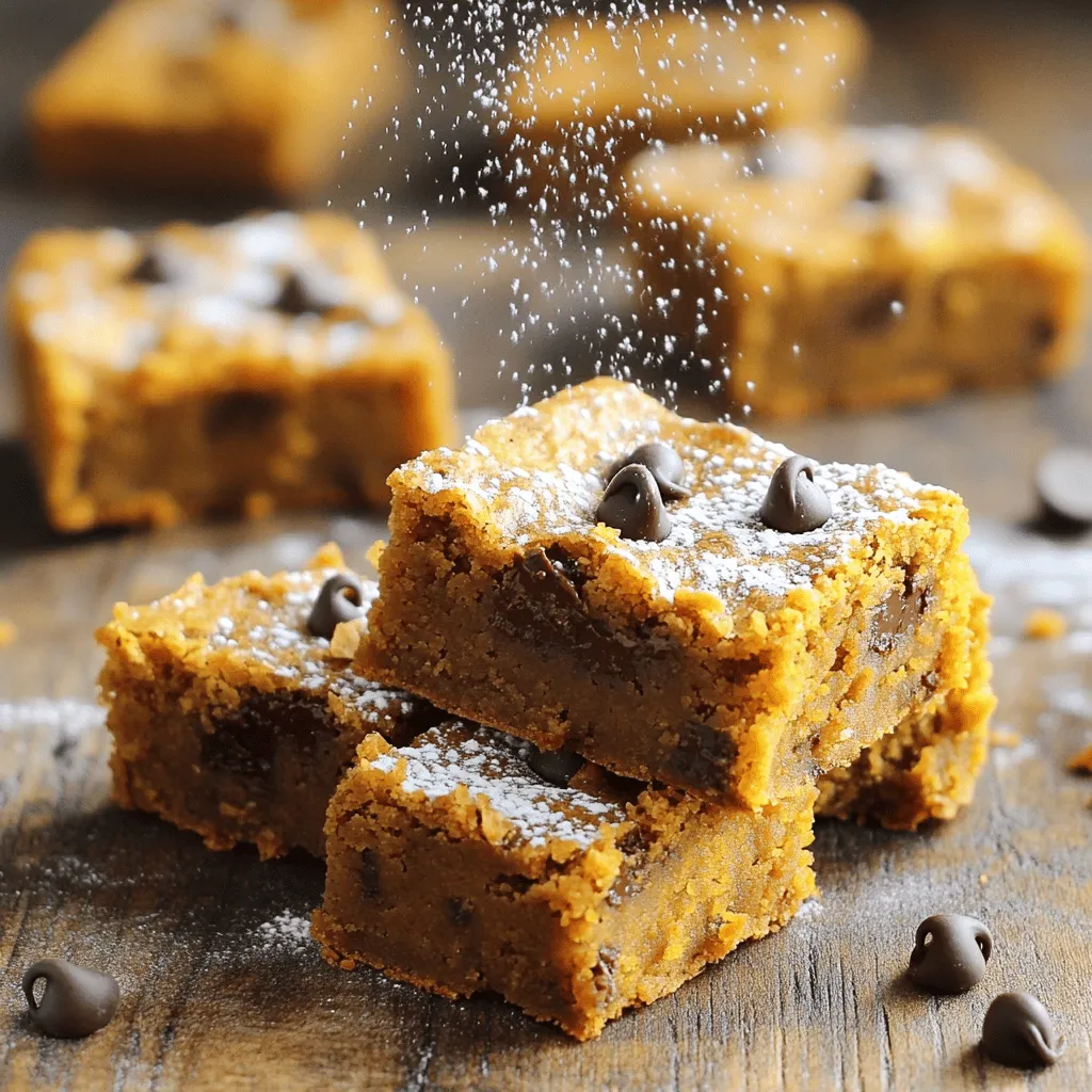 To make Pumpkin Chocolate Chip Blondies, you need a few key ingredients. These ingredients create a moist and tasty treat. Here’s what you will use: - 1 cup pumpkin puree (canned or fresh) - 1 cup brown sugar, packed - 1/2 cup granulated sugar - 1/2 cup unsalted butter, melted - 2 large eggs - 1 teaspoon vanilla extract - 1 1/2 cups all-purpose flour - 1 teaspoon baking powder - 1 teaspoon baking soda - 1 teaspoon ground cinnamon - 1/2 teaspoon ground nutmeg - 1/4 teaspoon salt - 1 cup semi-sweet chocolate chips These ingredients combine to create a soft and chewy texture. The pumpkin adds moisture and flavor, while the chocolate chips offer a sweet contrast. You can add a few optional ingredients for even more taste. Here are some ideas: - Chopped nuts (like walnuts or pecans) - Dried cranberries or raisins - Sea salt for a sweet-salty touch - A splash of maple syrup for more sweetness These additions can enhance the flavor and make your blondies unique. If you need to swap out some ingredients, here are some easy substitutions: - Use coconut oil instead of unsalted butter for a dairy-free option. - Replace all-purpose flour with almond flour for a gluten-free version. - Use flax eggs (1 tablespoon ground flaxseed mixed with 2.5 tablespoons water) in place of eggs for a vegan option. These swaps still keep the blondies delicious and satisfying. For the full recipe, check out the details above. First, gather all your ingredients. You need pumpkin puree, brown sugar, granulated sugar, and melted butter. Don’t forget the eggs, vanilla extract, flour, baking powder, baking soda, and spices. Line your baking pan with parchment paper. This helps with easy removal later. Preheat your oven to 350°F (175°C). In a large bowl, mix the melted butter, brown sugar, and granulated sugar. Stir it well until everything blends together. Next, add the pumpkin puree, eggs, and vanilla extract. Mix until it is smooth and creamy. In another bowl, whisk together the flour, baking powder, baking soda, cinnamon, nutmeg, and salt. This step is key for even flavor. Gradually add the dry mix to the wet mix. Stir gently. You want it just mixed, not overdone. Finally, fold in the chocolate chips. Make sure they are evenly spread throughout the batter. Now, pour the batter into your prepared pan. Use a spatula to spread it out evenly. Bake in the preheated oven for 25-30 minutes. Check for doneness by inserting a toothpick in the center. If it comes out clean with a few moist crumbs, the blondies are ready. Once baked, remove the pan from the oven. Allow the blondies to cool for about 10 minutes. Then, transfer them to a wire rack. Let them cool completely before cutting them into squares. To get the best texture, do not overmix your batter. This keeps the blondies soft and chewy. Make sure your butter is melted but not hot when mixing. Hot butter can cook the eggs. Use fresh spices for the best flavor. They add a warm kick to the blondies. If you want a richer taste, try brown butter instead of regular melted butter. For a fun twist, add chopped nuts or a swirl of peanut butter. This adds texture and flavor. Enjoy experimenting with your Pumpkin Chocolate Chip Blondies! For the full recipe, check out the detailed steps above. To get the best flavor from your blondies, use fresh spices. Ground cinnamon and nutmeg are key. They add warmth and depth. I also love to use high-quality chocolate chips. The chocolate melts and creates gooey pockets in each bite. Mix the ingredients gently to keep the blondies soft and chewy. Overmixing can make them tough. A few mistakes can ruin your blondies. First, don't skip the step of melting the butter. It helps blend the sugars well. Second, be careful with the baking time. Every oven is different. Start checking at the 25-minute mark. A toothpick should come out clean or with a few moist crumbs. Lastly, don’t rush cooling. Let them cool in the pan before cutting. This helps them hold their shape. For the best experience, serve these blondies warm. A light dusting of powdered sugar adds a nice touch. You can also drizzle melted chocolate on top for extra sweetness. Try pairing them with a scoop of vanilla ice cream. It creates a wonderful contrast of flavors and textures. Enjoy them with a warm drink, like spiced cider or hot cocoa. They make the perfect treat for any gathering! {{image_2}} You can easily make these blondies gluten-free. Just swap the all-purpose flour with a gluten-free blend. Look for a blend that has xanthan gum. This will help give the blondies a nice texture. The taste remains just as delicious. You will still enjoy the pumpkin and chocolate flavors. To make a vegan version, replace eggs with flax eggs. Mix 1 tablespoon of ground flaxseed with 2.5 tablespoons of water. Let it sit for 5 minutes until it thickens. Use a plant-based butter instead of regular butter. You can also use a dairy-free chocolate chip. This way, everyone can enjoy these treats! You can mix up the flavors in your blondies. Try adding a pinch of ginger or cloves for extra warmth. You can also toss in some chopped nuts like walnuts or pecans. If you want a twist, add dried fruit like cranberries or raisins. These small changes can make a big difference in taste. Each bite becomes a new experience. For the full recipe, make sure to check the original instructions. To keep your Pumpkin Chocolate Chip Blondies fresh, store them in an airtight container. Place a piece of wax paper between layers to prevent sticking. Keep them at room temperature for up to four days. If you want to keep them longer, consider refrigerating them. They can last up to a week in the fridge. Freezing blondies is easy and great for long-term storage. First, let the blondies cool completely. Then, cut them into squares. Wrap each square tightly in plastic wrap. Place them in a freezer bag or airtight container. They can last in the freezer for up to three months. When you want to enjoy them, just thaw them in the fridge overnight. To reheat your blondies, preheat your oven to 350°F (175°C). Place the blondies on a baking sheet. Heat them for about 10 minutes or until warm. You can also use the microwave for a quick option. Heat each square for about 15-20 seconds. Enjoy them warm for the best taste! Yes, you can use fresh pumpkin. Just cook it until soft, then puree it. This method gives a nice flavor. However, canned pumpkin is more convenient and consistent. Either option works well in the recipe. To check if the blondies are done, insert a toothpick into the center. If it comes out clean or with a few moist crumbs, they are ready. Keep an eye on them while baking, as oven times can vary. If you want to replace butter, try using coconut oil or applesauce. Both options keep the blondies moist. You can also use margarine as a direct swap. Each substitute may change the taste slightly, but they work well. For the full recipe, refer to the earlier section. Enjoy your baking! This article covered how to make delicious pumpkin chocolate chip blondies. We explored key and optional ingredients and even substitutions. I shared easy step-by-step instructions and tips for the best baking results. Remember, you can swap ingredients and try different flavors to make it your own. Don’t forget storage tips to keep them fresh. Enjoy baking these blondies and sharing them with others. They’re sure to impress!