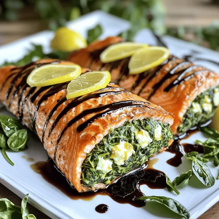 To make the savory spinach feta stuffed salmon, gather these ingredients: - 4 salmon fillets (6 oz each) - 2 cups fresh spinach, chopped - 1 cup feta cheese, crumbled - ½ cup cream cheese, softened - 2 cloves garlic, minced - 1 tablespoon lemon juice - 1 teaspoon dried oregano - 2 tablespoons olive oil - Salt and pepper to taste - Lemon slices (for garnish) You can try these options for a unique twist: - Substitute goat cheese for feta. - Add sun-dried tomatoes for extra flavor. - Include fresh herbs like dill or parsley. - Mix in chopped artichokes for added texture. This dish offers great nutrition: - Calories: Approximately 450 per serving - Protein: 40g - Carbohydrates: 6g - Fat: 30g - Fiber: 2g - Sodium: About 600mg This recipe is not only tasty but also provides good protein and healthy fats. You can find the full recipe in the main article. Start by gathering your ingredients. You need salmon fillets, fresh spinach, feta cheese, cream cheese, garlic, lemon juice, oregano, olive oil, salt, and pepper. Preheat your oven to 375°F (190°C). Next, heat one tablespoon of olive oil in a skillet over medium heat. Add the minced garlic and cook it for about one minute. When the garlic smells good, add the chopped spinach. Cook the spinach until it wilts, about 2-3 minutes. Once done, remove the skillet from heat and let it cool a bit. In a mixing bowl, combine the sautéed spinach with feta cheese, cream cheese, lemon juice, oregano, salt, and pepper. Mix it all well. Now, let’s prepare the salmon. Make a slit on the top side of each salmon fillet. This creates a pocket to hold the stuffing. Spoon the spinach and feta mixture into each pocket. Press it down gently to keep it secure. Heat the remaining tablespoon of olive oil in an oven-safe skillet over medium-high heat. Carefully place the stuffed salmon fillets in the skillet. Sear them for about 3-4 minutes on one side until they turn golden brown. After that, flip the fillets over. Transfer the skillet to your preheated oven and bake for 10-12 minutes. The salmon is ready when it flakes easily with a fork. Let it rest for a couple of minutes before serving. To achieve flaky salmon, start with fresh fillets. Always check for bones before cooking. Use gentle heat when cooking, and avoid overcooking. Salmon is done when it reaches an internal temperature of 145°F (63°C). Letting it rest allows the juices to settle, enhancing the flavor. Cook the salmon until it just flakes apart. This method keeps it moist and tender. You can serve it on a white platter with lemon slices for a fresh touch. For the full recipe, check the details above. When making spinach feta stuffed salmon, watch out for a few key issues. First, do not overcook the salmon. It should flake easily but remain moist. Second, avoid stuffing too much filling. The salmon may burst during cooking. Lastly, make sure to season properly. Salt enhances the flavors of the spinach and feta. To achieve perfect stuffed salmon, start with fresh ingredients. Use bright green spinach and creamy feta for the best taste. Make sure the salmon fillets are even in size. This ensures they cook at the same rate. When you stuff the salmon, press gently but firmly. This keeps the filling secure while cooking. Searing the salmon first adds a crispy texture, which you will love. Pair your stuffed salmon with simple sides for a great meal. Here are a few ideas: - Quinoa salad with cherry tomatoes and cucumber - Roasted asparagus with lemon zest - Garlic mashed potatoes for creamy comfort - Steamed broccoli drizzled with olive oil These sides balance the flavors of the salmon. They add color and nutrition to your plate. For a full experience, check out the Full Recipe for more ideas. Enjoy! {{image_2}} You can change the cheese for a new taste. Try goat cheese for a tangy flavor. Cream cheese adds creaminess but keeps the dish rich. For a milder option, use ricotta cheese. Each cheese gives the dish a unique twist. This lets you enjoy stuffed salmon in many ways. Adding herbs and spices can change your dish. Fresh dill or parsley brightens the flavors. If you like spice, try red pepper flakes or smoked paprika. These can bring warmth and depth to the dish. Mix and match to find your favorite blend of flavors. You can use other fish if salmon is not your choice. Try using trout for a similar taste. Cod is another great option, as it holds up well. Each fish brings its own flavor and texture. Feel free to experiment with any fish you enjoy. To keep your stuffed salmon fresh, place it in an airtight container. Make sure it cools first. Store it in the fridge. It should last for up to three days. If you have extra filling, store it separately. This helps keep the flavors fresh. When you want to enjoy leftover salmon, preheat your oven to 350°F (175°C). Place the salmon on a baking sheet. Cover it lightly with foil to keep it moist. Heat it for about 15-20 minutes. Check to see if it is heated through. You can also use the microwave, but be careful not to overcook it. If you want to freeze the stuffed salmon, wrap each fillet tightly in plastic wrap. Then, place it in a freezer-safe bag. Make sure to remove as much air as possible. This helps prevent freezer burn. You can freeze it for up to three months. When ready to eat, thaw it in the fridge overnight before reheating. For the best results, consider freezing the salmon before cooking. If you want to swap feta cheese, try goat cheese. It has a creamy texture and tangy taste. You can also use ricotta cheese for a milder flavor. Cream cheese works too, but it lacks the saltiness of feta. Choose based on what you like best! Yes, you can prep this dish ahead. Stuff the salmon and cover it. Keep it in the fridge for up to 24 hours. When ready, cook it as directed. This saves time and still tastes great! To check if the salmon is cooked, look for flaky texture. Use a fork to gently flake the fish. It should easily come apart. The color should change from bright pink to opaque. An internal temperature of 145°F (63°C) is perfect for safety. Many sides pair nicely with this salmon. Consider serving steamed asparagus or a fresh salad. Quinoa or rice can add a nice touch too. For a tasty finish, add a slice of lemon on top! Enjoy your meal! This blog post covered the key steps to create Spinach Feta Stuffed Salmon. We discussed ingredients, preparation, and cooking techniques to ensure your salmon is flaky. You learned tips to avoid common mistakes and ways to add your own twist. We also explored storage methods for leftovers and answers to frequent questions. Remember, cooking should be fun! With these guidelines, you can impress anyone at your next meal.