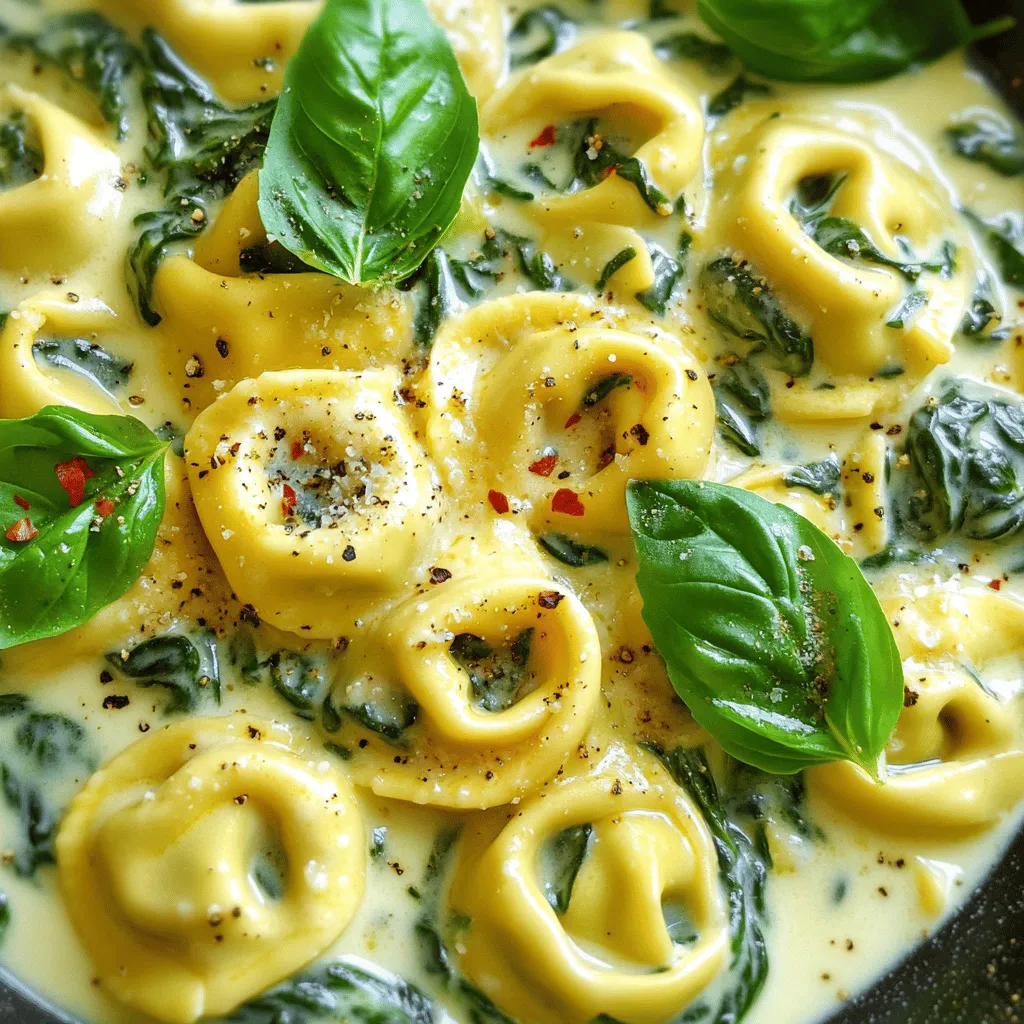 To make creamy spinach tortellini, gather these simple ingredients: - Cheese Tortellini (12 ounces) - Fresh Spinach (2 cups, chopped) - Olive Oil (1 tablespoon) - Garlic (3 cloves, minced) - Heavy Cream (1 cup) - Parmesan Cheese (1 cup, grated) - Nutmeg (1/2 teaspoon, freshly grated if possible) - Salt and Pepper to taste - Optional Ingredients (Crushed red pepper flakes, Fresh basil for garnish) Each ingredient plays a key role in creating a rich and satisfying dish. The cheese tortellini serves as a hearty base. Spinach adds color and nutrition. Olive oil brings richness, while garlic adds depth. Heavy cream creates that luscious texture. Parmesan cheese adds umami and saltiness. Nutmeg gives a warm, aromatic hint. Don't forget salt, pepper, and optional spices to elevate your dish! For the full recipe, check out the complete cooking instructions. - Prepare tortellini according to package instructions. - Ensure tortellini is al dente before draining. This gives it a nice bite. - Heat olive oil in a skillet over medium heat. This will add flavor. - Add minced garlic and sauté until fragrant. This takes about a minute. - Stir in chopped spinach and cook until wilted. It should take 2-3 minutes. - Lower heat and add heavy cream, simmer gently. This builds the sauce. - Gradually mix in parmesan cheese until melted. This adds creaminess. - Season with nutmeg, salt, pepper, and optional red pepper flakes. This brings out flavor. - Gently fold cooked tortellini into the creamy sauce. Make sure every piece is coated. - Allow to thicken slightly before serving. This helps the sauce cling to the pasta. For the complete process, check out the Full Recipe. To make your sauce creamy, use heavy cream. It adds richness and smoothness. When you pour the cream into the pan, keep the heat low. This helps prevent curdling. Stir the sauce often as it simmers. If you see any lumps, lower the heat more. To boost flavor, try adding crushed garlic or a pinch of cayenne. Fresh herbs like basil or parsley can brighten the dish. You can also swap Parmesan for other cheeses. Try using mozzarella for a milder taste or Gruyère for a nutty flavor. Pair creamy spinach tortellini with a fresh salad or garlic bread. A light, crunchy salad balances the rich sauce. For plating, use a wide bowl to show off the dish. Add a sprinkle of cheese and a basil leaf on top for color. This makes your meal look as good as it tastes. {{image_2}} You can add protein to your creamy spinach tortellini for extra flavor. Chicken, shrimp, or sausage work great. If you choose chicken, cook it in the skillet before adding garlic. For shrimp, add it when the spinach wilts. Sausage can be crumbled and browned first. Adjust cooking times to ensure each protein is cooked through. You can also mix in other veggies. Try bell peppers, zucchini, or mushrooms. These add texture and flavor. For a fresh twist, use seasonal produce. In spring, add peas or asparagus. In fall, consider butternut squash. Just make sure to sauté them well with the spinach. You can make this dish fit your diet. Look for gluten-free tortellini if you need it. Many brands offer this option. For a vegan version, swap heavy cream for coconut cream and use nutritional yeast instead of cheese. These changes keep the dish rich and tasty while meeting your dietary needs. To keep your creamy spinach tortellini fresh, use airtight containers. Glass or plastic containers work well. Make sure the tortellini is cool before sealing. This helps prevent steam buildup. Store in the fridge for up to three days. You can reheat creamy spinach tortellini in two ways: microwave or stovetop. For the microwave, place it in a bowl and cover it. Heat in short bursts, stirring often. For stovetop, use a non-stick pan on low heat. Add a splash of cream to keep it creamy. Stir gently until heated through. To freeze creamy spinach tortellini, let it cool first. Portion it into freezer-safe bags or containers. Remove as much air as possible. Label the containers with the date. It will last for up to three months. When ready to eat, thaw it overnight in the fridge. Reheat as mentioned above. Enjoy it just like fresh! For the full recipe, check out the link provided above. Yes, you can use frozen tortellini. Frozen tortellini saves time and is easy to find. Pros of frozen tortellini: - Convenient and quick to cook. - Longer shelf life than fresh tortellini. Cons of frozen tortellini: - May have a different texture than fresh. - Might take slightly longer to cook. To make creamy spinach tortellini lighter, you can swap some ingredients. - Use half-and-half instead of heavy cream. - Try low-fat cheese or less cheese overall. - Add more vegetables like zucchini or bell peppers. - Use less oil or a cooking spray for sautéing. This dish goes well with many sides. - A simple green salad with vinaigrette is great. - Roasted vegetables add flavor and color. - Garlic bread complements the creamy sauce nicely. - Light soups, like a tomato basil, work well too. For detailed cooking instructions, check the [Full Recipe](#). This blog post shared a simple and tasty way to make creamy spinach tortellini. You learned about the ingredients, cooking steps, and ways to enhance flavor. We also explored options for protein and veggies. Finally, I covered storage tips and answered common questions. Now you can make this dish deliciously your own. Enjoy cooking and share this meal with friends or family. Simple recipes like this can create joy at the table.
