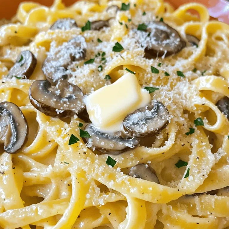 - 8 oz fettuccine or spaghetti - 2 cups mushrooms (cremini or button), sliced - 4 tablespoons unsalted butter - 4 cloves garlic, minced - 1/4 teaspoon red pepper flakes - 1/2 teaspoon dried thyme - 1/2 cup vegetable broth - 1/2 cup heavy cream - 1/4 cup grated Parmesan cheese (optional) - Fresh parsley for garnish - Salt and black pepper to taste - Different types of pasta (e.g., penne, linguine) - Additional herbs (e.g., basil, oregano) - Extra protein (e.g., chicken, shrimp) When I make Garlic Butter Mushroom Pasta, I love using simple and fresh ingredients. You can choose fettuccine or spaghetti for a classic base. The mushrooms bring a rich flavor. I prefer cremini or button mushrooms. They add a nice texture that pairs well with the creamy sauce. Butter is key in this dish. It gives the sauce that rich, savory taste. I always use unsalted butter, so I can control the saltiness. Fresh garlic adds a punch of flavor. Don't forget the red pepper flakes for a hint of heat. The thyme gives a lovely earthiness that complements the mushrooms. The vegetable broth adds depth to the sauce. Heavy cream is what makes this dish truly dreamy. If you like cheese, adding Parmesan on top is a great choice. It melts beautifully and adds a salty kick. For those who want to switch things up, try different pasta shapes or add fresh herbs. You can even add protein like chicken or shrimp for a heartier meal. This recipe is versatile, letting you customize it to your taste. You can find the full recipe for Garlic Butter Mushroom Pasta in the next section. - First, boil salted water in a large pot. - Add 8 oz of fettuccine or spaghetti. Cook until al dente. - Reserve 1 cup of pasta water, then drain the rest. Set the pasta aside. - In a large skillet, melt 4 tablespoons of unsalted butter over medium heat. - Add 2 cups of sliced mushrooms. Cook until they are browned and tender. - Stir in 4 cloves of minced garlic and 1/4 teaspoon of red pepper flakes. - Pour in 1/2 cup of vegetable broth to deglaze the pan. Scrape the bottom to lift up flavor. - Add 1/2 cup of heavy cream and 1/2 teaspoon of dried thyme. Stir and let it simmer. - Toss the cooked pasta with the sauce in the skillet. Mix well to coat every strand. - If the sauce is too thick, add some reserved pasta water for desired consistency. - Season with salt and black pepper to taste. Toss again before serving. - Serve warm, garnished with chopped parsley and grated Parmesan cheese if you like. This recipe is simple, yet full of flavor. It makes a delightful meal for any day. For the full recipe, check the detailed ingredients and steps. To get perfectly al dente pasta, start with a large pot of salted water. Bring it to a boil before adding your fettuccine or spaghetti. Cook it just until it’s firm to the bite. This should usually take about 8 to 10 minutes. Always check the package for exact times. After cooking, remember to reserve some pasta water. This helps adjust the sauce later. When sautéing mushrooms, heat your skillet over medium heat. Melt the butter and add the sliced mushrooms. Cook them for about 5 to 7 minutes. Look for a nice golden brown color. Stir occasionally to ensure even cooking. This step brings out their rich flavor. To add more depth to your sauce, consider using fresh herbs. Fresh parsley or thyme can really brighten the dish. You can also add a splash of lemon juice for acidity. If you prefer dried herbs, use them early in the cooking. They need time to release their flavor. For deeper taste, try adding a splash of white wine after sautéing the mushrooms. Let it simmer for a minute to cook off the alcohol. This adds a lovely complexity. Timing is key to keeping everything fresh. Start boiling your water while you slice the mushrooms. This way, you can cook the pasta and mushrooms almost at the same time. Keep an eye on both to avoid overcooking. If you're multitasking, gather all your ingredients first. This makes it easier to focus on cooking. Prepare your garlic and spices while the pasta cooks. This way, you can add them right after the mushrooms. Following this method will help you serve the meal hot and fresh. For the full recipe, check out the detailed instructions. {{image_2}} You can easily make this dish meat-free. You can substitute mushrooms with other vegetables. Spinach and zucchini work well. They add nice texture and flavor. If you want a vegan version, use vegan butter. You can also swap heavy cream for coconut cream. This keeps the creaminess without dairy. If you want a heartier meal, add grilled chicken or shrimp. Both pair well with the garlic butter flavor. For plant-based options, consider chickpeas or tofu. They soak up the sauce nicely and boost protein. To change the taste, add different spices. Lemon zest brightens the dish, while smoked paprika adds depth. You can also get creative with sun-dried tomatoes. They add a sweet yet tangy twist that elevates the dish. For even more flavor, try fresh herbs like basil or oregano. These add freshness and richness. Check out the [Full Recipe] to see how these variations can inspire your cooking! To store leftover Garlic Butter Mushroom Pasta, place it in an airtight container. This helps keep it fresh. You can store it in the fridge for 3 to 5 days. Before eating again, check for any strange smell or color. If you want to freeze the pasta, let it cool first. Then, transfer it to a freezer-safe container. Be sure to leave some space for expansion. You can freeze it for up to 3 months. To reheat without losing texture, thaw it in the fridge overnight before warming. To reheat your pasta, use the stove or microwave. On the stove, add a splash of water or broth. Stir it often until heated through. For the microwave, cover it loosely and heat in short bursts, stirring in between. To restore creaminess after freezing, add a little cream or butter while reheating. This will help bring back that lovely texture. Yes, you can use gluten-free pasta! I recommend brands like Barilla or Banza. They have great taste and texture. Cook them just like regular pasta. Make sure to check the package for cooking times. To add spice, use more red pepper flakes. You can also add fresh chili or hot sauce. For a smoky flavor, try adding smoked paprika. Taste as you go to find your perfect heat level. Pair this dish with a fresh salad or garlic bread. A light white wine, like Sauvignon Blanc, complements it well. Roasted vegetables also make a great side. You could even serve some grilled chicken for extra protein. Yes, you can prepare this dish ahead of time. Cook the pasta and sauce, then store them separately. Keep them in airtight containers in the fridge. To reheat, warm the sauce on low heat and add the pasta. For a lighter option, use half-and-half or whole milk. If you want a dairy-free choice, try coconut milk or cashew cream. These options still give a rich texture without the heavy cream. In this blog post, I covered how to make Garlic Butter Mushroom Pasta. I shared essential ingredients and step-by-step cooking instructions to help create a delicious dish. You can customize it with various pasta types, herbs, and proteins. In closing, this meal is quick, tasty, and flexible for different diets. Enjoy making it your own!
