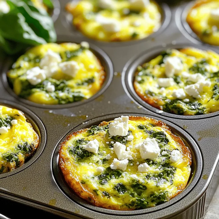To make Spinach Feta Egg Muffins, gather these easy ingredients: - 6 large eggs - 1 cup fresh spinach, chopped - 1/2 cup feta cheese, crumbled - 1/4 cup milk (dairy or dairy-free) - 1/4 cup red bell pepper, finely chopped - 1/4 cup onion, finely diced - 1 garlic clove, minced - 1/2 teaspoon salt - 1/4 teaspoon black pepper - 1/4 teaspoon red pepper flakes (optional) - Olive oil spray or muffin liners These muffins are packed with protein and nutrients. They fit well in many diets. They are low in carbs and gluten-free because they do not use flour. The use of dairy-free milk makes it a good choice for lactose-free diets. However, feta cheese contains dairy. Vegans should substitute eggs and cheese to make this dish work for them. You can swap out some ingredients if you want to try new flavors: - Use kale instead of spinach for a different green. - Swap feta cheese with goat cheese for a tangy twist. - Replace red bell pepper with zucchini for added moisture. - If you like spice, add diced jalapeños instead of red pepper flakes. - For a richer taste, try cream instead of milk. To explore the full recipe, check out the complete instructions for making these muffins. Start by preheating your oven to 350°F (175°C). This step is key for perfect muffins. Next, grab a 12-cup muffin tin. Use olive oil spray to coat each cup. If you prefer, line them with muffin liners. Either option helps with easy removal later. In a large bowl, crack 6 large eggs. Whisk them until smooth and combined. Next, add 1/4 cup of milk, 1/2 teaspoon of salt, and 1/4 teaspoon of black pepper. If you like a kick, throw in 1/4 teaspoon of red pepper flakes. Whisk again until everything mixes well. Now, stir in 1 cup of chopped spinach, 1/2 cup of crumbled feta, 1/4 cup of finely chopped red bell pepper, 1/4 cup of diced onion, and 1 minced garlic clove. Make sure these ingredients blend throughout the egg mixture. Carefully pour the egg mixture into the prepared muffin tin. Fill each cup about 3/4 full. Now, place the muffin tin in the oven. Bake for 18-20 minutes. You know they are done when they puff up and a toothpick comes out clean. Once baked, take them out and let them cool for a few minutes. Finally, gently remove the muffins from the tin. Enjoy them warm for a tasty breakfast or snack! You can find the Full Recipe for more details. To make your muffins fluffy, beat the eggs well. This adds air, which helps them rise. Use fresh eggs for the best results. Mixing the ingredients gently also keeps them light. Avoid overmixing; this can make them dense. Bake them at the right temperature of 350°F (175°C). To kick up the flavor, try adding fresh herbs. Chopped parsley or dill pairs well with spinach and feta. A dash of hot sauce can also spice things up. If you like a zestier taste, add lemon zest to the mix. You can swap out feta for goat cheese for a creamier bite. If your muffins sink, it might be due to overmixing. Be sure to fill each cup about 3/4 full. If they stick to the pan, grease it well with olive oil spray or use liners. For dry muffins, add a bit more milk or cheese. If you want to try something new, check out the Full Recipe for more ideas! {{image_2}} These muffins are great for vegetarians. You can easily add more veggies. Try mushrooms, zucchini, or cherry tomatoes. Just chop them small and mix them in. This adds color and flavor. You could also use different greens, like kale or Swiss chard. They all work well with feta. For a protein boost, add cooked meat. Crumbled bacon or diced ham will work. You can also add cooked sausage for extra flavor. If you want a meat-free option, try adding beans. Black beans or chickpeas can add protein and texture. Just remember to mash them a little before mixing. Feta is tasty, but you can switch it up. Try goat cheese for a tangy flavor. Cheddar adds a sharp taste. Mozzarella gives a nice stretch when melted. You can mix different cheeses too! Just keep the total amount the same as the feta in the full recipe. This way, your muffins stay fluffy and delicious. After enjoying your Spinach Feta Egg Muffins, store any leftovers in the fridge. Place them in an airtight container. They will stay fresh for about 4 to 5 days. To keep them tasty, make sure the container is sealed well. This helps prevent them from drying out. When you're ready to eat your muffins again, reheating is easy. You can use a microwave, oven, or toaster oven. If using a microwave, heat them for about 30 seconds. Check if they’re warm enough. If not, heat in 10-second bursts until they are hot. For the oven, preheat it to 350°F (175°C) and bake for about 10 minutes. This method helps keep them fluffy and delicious. If you want to save your muffins for a later date, freezing is a great option. First, let them cool completely after baking. Then, wrap each muffin tightly in plastic wrap. Place the wrapped muffins in a freezer-safe bag or container. They can last up to 3 months in the freezer. When you want to enjoy them, thaw in the fridge overnight. Reheat as mentioned above for the best taste. Spinach Feta Egg Muffins stay fresh for up to five days in the fridge. Keep them in an airtight container. If you want them to last longer, consider freezing them. Yes, you can make these muffins ahead of time. Bake them and store them in the fridge. You can also prep the mix the night before. Just pour it into the muffin tin and bake in the morning. These muffins pair well with fresh fruit or a light salad. You can also serve them with yogurt or a slice of whole-grain toast. For a heartier meal, add some turkey bacon or sausage on the side. You can find the full recipe for these muffins to try them out yourself! We explored how to make Spinach Feta Egg Muffins right from the ingredients to storage. You learned about ingredient choices, step-by-step instructions, and helpful tips for the best results. Remember, you can experiment with flavors and variations to suit your taste. Keep these muffins fresh by storing or freezing them. Baking can be simple and fun. Enjoy your kitchen time and share these tasty treats with friends!