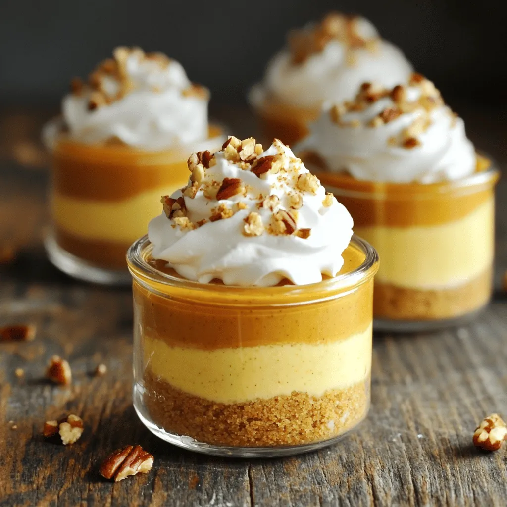 To make No Bake Pumpkin Cheesecake Cups, gather these simple items: - 1 cup graham cracker crumbs - 1/4 cup unsalted butter, melted - 2 (8 oz) packages cream cheese, softened - 1 cup pumpkin puree - 1 cup powdered sugar - 1 teaspoon vanilla extract - 1 teaspoon ground cinnamon - 1/2 teaspoon ground nutmeg - 1/2 cup heavy whipping cream - Whipped cream, for topping - Crushed pecans or walnuts, for garnish These ingredients create a creamy and flavorful dessert. Each part plays a role in texture and taste. If you have dietary needs, there are easy swaps. For gluten-free options, use gluten-free graham crackers. Instead of cream cheese, try dairy-free cream cheese for a vegan version. You can also use coconut cream in place of heavy whipping cream. Quality matters in cooking. Fresh cream cheese gives the best taste and texture. Look for pumpkin puree without added sugar or spices. Using pure vanilla extract enhances flavor. Always check the freshness of your spices; fresh ground cinnamon and nutmeg will make a big difference. Choose unsalted butter for better control over saltiness. These tips help you make the best No Bake Pumpkin Cheesecake Cups. For the full recipe, check the details above. To start, gather your ingredients. You need graham cracker crumbs and melted butter. In a medium bowl, mix the crumbs with the butter. Make sure to coat all the crumbs well. This helps create a tasty crust. Next, take small cups or jars. Divide the crumb mixture evenly into each cup. Press it down firmly. This will be the base of your dessert. Now, let’s make the creamy filling. In a large bowl, add softened cream cheese. Beat it until it is smooth and fluffy. Then, add the pumpkin puree and powdered sugar. Mix in vanilla extract, cinnamon, and nutmeg. Keep beating until everything is well combined. In another bowl, whip the heavy cream until it forms stiff peaks. Gently fold this whipped cream into your pumpkin mix. Be careful not to deflate the cream. This step gives your cheesecake a light texture. It’s time to assemble your cups! Spoon the pumpkin cheesecake filling over the crusts in each cup. Layer it generously for a rich taste. Once done, place the cups in the fridge. Chill them for at least four hours. This helps the cheesecake set. Just before serving, add a dollop of whipped cream on top. Sprinkle crushed pecans or walnuts for a nice crunch. Enjoy your no bake pumpkin cheesecake cups! For the full recipe, refer to the recipe section above. When making no bake pumpkin cheesecake cups, avoid a few common mistakes. First, do not skip softening the cream cheese. Cold cream cheese makes it hard to mix. Second, be gentle when folding in the whipped cream. Over-mixing can deflate it, making your dessert less fluffy. Lastly, ensure your crust is packed tightly. A loose crust will crumble when you serve it. To keep your cheesecake cups creamy, start with room temperature cream cheese. Beat it well until smooth before adding other ingredients. When combining pumpkin puree and spices, make sure they are mixed evenly. This helps avoid lumps. Whipping the heavy cream is key, too. Whip it until stiff peaks form, then fold it in slowly. This keeps the mixture light and airy. For serving, use clear cups or jars to show off those beautiful layers. Top each cup with a generous dollop of whipped cream. A sprinkle of crushed pecans or walnuts adds a nice crunch. You can also drizzle a bit of caramel sauce for extra sweetness. Chill your cups for at least four hours before serving. This helps the flavors meld together. For the full recipe, check out the details above. {{image_2}} You can easily switch up the flavors in your pumpkin cheesecake cups. Try adding a few tablespoons of cocoa powder for a chocolate twist. Chocolate melts smoothly into the pumpkin mix. You can also drizzle in some maple syrup for a sweet touch. The rich flavor of maple pairs well with pumpkin. Mix these in when you combine the pumpkin and cream cheese. This way, the flavors blend well. Serving your cheesecake cups can be fun! Mason jars are great for this dessert. They look cute and are easy to transport. Just layer the crust and filling inside the jars. You can also make a parfait. In this method, layer the crust, filling, and whipped cream in a tall glass. This creates a beautiful, layered look. It also gives everyone a chance to see the lovely colors. If you have dietary needs, don’t worry! You can make this dessert gluten-free. Use gluten-free graham crackers for the crust. For a vegan version, swap the cream cheese with vegan cream cheese. Use coconut cream instead of heavy cream. The taste will still be amazing! You can enjoy this treat without any worry. To store your no bake pumpkin cheesecake cups, keep them in the fridge. Cover each cup with plastic wrap or a lid. This helps retain freshness. It also prevents any odors from other foods in the fridge. Make sure they are sealed tightly. You want to keep them as creamy and delicious as possible. If you want to keep them longer, you can freeze the cheesecake cups. Just make sure they are in airtight containers. This will help avoid freezer burn. When you're ready to eat them, take them out of the freezer. Let them thaw in the fridge overnight for the best taste. They may lose some creaminess when frozen, but they’ll still be tasty! These cheesecake cups last about 5 days in the fridge. After that, they may start to lose their texture and flavor. If you freeze them, they can last for up to 2 months. You do not need to reheat these cups. Serve them cold for the best experience. Enjoy them straight from the fridge for a refreshing treat! To make No Bake Pumpkin Cheesecake Cups, start with the crust. Mix graham cracker crumbs and melted butter in a bowl. Press this mix into the bottom of cups. Next, beat softened cream cheese until smooth. Add pumpkin puree, powdered sugar, vanilla, cinnamon, and nutmeg. Mix until combined. In a new bowl, whip heavy cream until stiff peaks form. Fold this into the pumpkin mix. Spoon the filling into the cups over the crust. Chill for at least four hours. Top with whipped cream and crushed nuts before serving. Check the Full Recipe for detailed steps. Yes, you can use canned pumpkin for this recipe. It saves time and ensures a good texture. Just make sure you choose 100% pumpkin puree. Avoid pumpkin pie filling, as it has added sugar and spices. Canned pumpkin adds flavor and keeps the process simple. If you need a substitute for heavy cream, you have a few options. You can use coconut cream for a dairy-free version. Another choice is to combine milk and butter. Mix 3/4 cup milk with 1/4 cup melted butter. This mix will mimic the fat content of heavy cream, making it a good alternative. No Bake Pumpkin Cheesecake Cups last about 4 to 5 days in the fridge. Store them in an airtight container to keep them fresh. If you want to keep them longer, consider freezing them. They can last up to 2 months in the freezer. Just thaw them in the fridge before serving. In this article, we explored how to make No Bake Pumpkin Cheesecake Cups. You learned about key ingredients, including clever substitutions for different diets. I provided simple, step-by-step instructions for making the crust and filling, along with tips to avoid common mistakes. You also discovered fun variations and best storage practices. These cups are not only tasty but also easy to share. Try them out for your next gathering. Enjoy your delicious dessert creation!