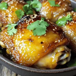 - 4 bone-in, skin-on chicken thighs - 1/2 cup honey - 4 cloves garlic, minced - 1/4 cup soy sauce (low sodium) - 2 tablespoons apple cider vinegar - 1 teaspoon fresh ginger, grated - 1 teaspoon sesame oil - Salt and pepper to taste - Fresh cilantro for garnish - Sesame seeds for garnish - Rice or quinoa - Steamed vegetables - Salad options Gathering the right ingredients is key to making great honey garlic chicken thighs. The chicken thighs are rich and juicy, and the honey adds a sweet touch. Garlic brings depth, while soy sauce gives that savory umami flavor. Apple cider vinegar adds a bit of tang, balancing the sweetness. You can also use fresh ginger for a warm spice. Sesame oil adds a nutty taste. Don’t forget to season with salt and pepper to enhance the flavors. For garnishing, fresh cilantro and sesame seeds brighten up the dish and add texture. Now, think about what to serve alongside these chicken thighs. Rice or quinoa makes a perfect base. Steamed veggies add color and crunch. A fresh salad can bring a nice contrast to the rich chicken. These simple sides round out your meal beautifully. For the full recipe, check out the [Full Recipe] section above. To start, I mix the marinade ingredients in a large bowl. I use honey, minced garlic, soy sauce, apple cider vinegar, grated ginger, sesame oil, salt, and pepper. I whisk them well until combined. Next, I reserve 1/4 cup of this marinade in a separate bowl for later. I take the chicken thighs and coat them fully with the marinade. Cover the bowl and place it in the fridge. I let them marinate for at least 30 minutes, but two hours gives a richer flavor. While the chicken marinates, I preheat the oven to 425°F (220°C). I heat a small amount of oil in an oven-safe skillet over medium-high heat. Once hot, I remove the chicken thighs from the marinade, discarding the used marinade. I place the thighs skin-side down in the skillet. I sear them for about 5 minutes until the skin turns golden brown and crispy. After searing, I flip the chicken thighs over and pour the reserved marinade on top. I carefully transfer the skillet to the preheated oven. I bake the chicken for 25 to 30 minutes until it reaches an internal temperature of 165°F (75°C). For a nice glaze, I switch the oven to broil during the last 5 minutes. I watch closely to caramelize the glaze, giving it a sticky finish. Now, it’s almost time to serve! To get the best flavor, marinate the chicken for at least 30 minutes. For even better taste, try to marinate it for 2 hours. The longer you marinate, the deeper the flavor becomes. Use low-sodium soy sauce for a nice balance. This type keeps the dish from being too salty. Searing the chicken is key to crispy skin. Heat a small amount of oil in your skillet. Place the chicken skin-side down and cook for about 5 minutes. This gives that nice golden brown color. When broiling the chicken, watch it closely. The glaze can burn quickly, and you want that perfect sticky finish. If your chicken thighs turn out dry, try reducing the cooking time. Check the internal temperature with a meat thermometer. Aim for 165°F (75°C) for juicy chicken. If you find the dish too sweet, add a little more soy sauce. This will balance out the sweetness and enhance the overall flavor. For the full recipe, check the details above. {{image_2}} You can change the sweetener in this dish. Agave syrup or maple syrup works well. They add a unique twist to the flavor. You can also switch up the herbs you use for garnish. Fresh parsley or green onions can add bright color and taste. If you want to grill the chicken, it’s easy! Just marinate as usual. Then, preheat your grill to medium-high heat. Cook the chicken thighs skin-side down for about 6-8 minutes. Flip and cook for another 6-8 minutes until done. This method gives a nice smoky flavor. You can also use a slow cooker. Place the marinated chicken in the cooker. Cook on low for 4-6 hours or on high for 2-3 hours. This method makes the chicken very tender and juicy. For sides, think Asian-inspired. Serve with jasmine rice or stir-fried veggies. They complement the flavors nicely. You can also get creative with garnishes. Try adding crushed peanuts, sliced chili, or lime wedges. These add texture and flavor to your meal. For the full recipe, check out the Honey Garlic Chicken Thighs section. To keep your honey garlic chicken thighs fresh, use airtight containers. Glass or plastic containers work well. Make sure to let the chicken cool down before sealing. Store the leftovers in the fridge right away. They will stay good for up to four days. You can freeze cooked chicken thighs for later meals. Wrap each thigh in plastic wrap, then place it in a freezer bag. This helps prevent freezer burn. To reheat, thaw the chicken in the fridge overnight. Heat it in the oven at 350°F (175°C) until warm. This usually takes about 15-20 minutes. Cooked chicken thighs are best eaten within four days in the fridge. If you freeze them, they last about three months. Watch for spoilage signs like a bad smell or a slimy texture. If you see these, it's best to throw the chicken away. Enjoy your honey garlic chicken like it’s meant to be enjoyed! If you want a honey substitute, use maple syrup. It has a similar sweetness. Agave syrup also works well. You can try brown sugar mixed with water for a quick fix. Just remember, the flavor may change slightly. Yes, you can use boneless chicken thighs. They cook faster than bone-in thighs. Reduce the baking time to about 20 minutes. Always check that the chicken reaches 165°F for safety. To make this dish gluten-free, swap soy sauce with tamari. Tamari has a similar taste and is gluten-free. You can also use coconut aminos. This option is slightly sweeter and less salty. Serve honey garlic chicken thighs with rice or quinoa for a filling meal. Steamed veggies like broccoli or green beans add crunch. A fresh salad with mixed greens also makes a nice side. Check the internal temperature of the chicken. It should reach 165°F (75°C). Look for golden brown skin and juices running clear. These signs show that your chicken is fully cooked. In this post, we explored honey garlic chicken thighs. You learned about key ingredients, step-by-step instructions, and helpful tips for perfecting the dish. Remember to adjust the marinade time for flavor and try different cooking methods. You can even swap ingredients to suit your taste. Storing leftovers properly will keep them fresh longer. Enjoy serving this delicious meal with your favorite sides. With these insights, you'll impress everyone at your table!