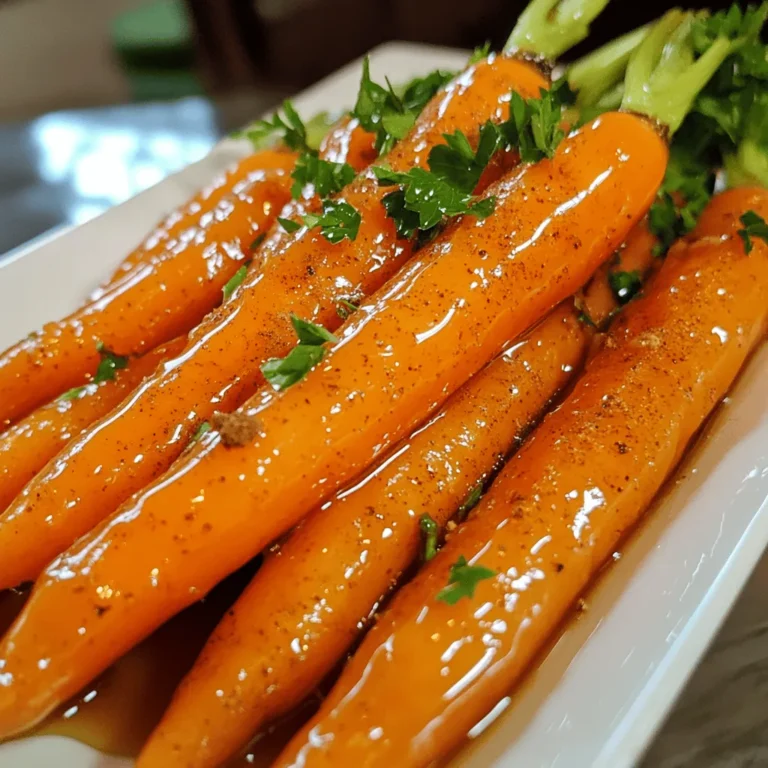 To make maple glazed carrots, you need the following items: - 1 pound baby carrots (or regular carrots, peeled and cut into sticks) - 1/4 cup pure maple syrup - 2 tablespoons unsalted butter - 1 teaspoon ground cinnamon - 1/2 teaspoon salt - 1/4 teaspoon black pepper - 1 tablespoon chopped fresh parsley (for garnish) These ingredients work together to create a sweet and savory dish. You can try different options for this recipe. For carrots, you can use regular carrots. Just peel and cut them into sticks. If you want a richer flavor, try using dark maple syrup. It has a bolder taste. For a twist, add a pinch of nutmeg for extra warmth. If you want a vegan option, use coconut oil instead of butter. This dish is both tasty and nutritious. Here is what one serving offers: - Calories: 140 - Total Fat: 7g - Saturated Fat: 4g - Carbohydrates: 20g - Dietary Fiber: 3g - Sugars: 12g - Protein: 1g These values can help you track your daily intake. Maple glazed carrots are a healthy side to any meal. For the full recipe, check the earlier section. To make maple glazed carrots, start by boiling water. Use a medium saucepan and bring one cup of water to a boil over medium-high heat. Add one pound of baby carrots or cut regular carrots into sticks. Cook them for 4-5 minutes. They should be tender yet still crisp. Drain the carrots and set them aside. Next, in the same saucepan, melt two tablespoons of unsalted butter over medium heat. Once melted, pour in a 1/4 cup of pure maple syrup. Add one teaspoon of ground cinnamon, 1/2 teaspoon of salt, and 1/4 teaspoon of black pepper. Stir well to mix all the ingredients. Now, add the cooked carrots back into the saucepan. Cook for an additional 5-7 minutes. Stir occasionally until the carrots are well coated. You want the glaze to thicken slightly. When ready, remove from heat and transfer the glazed carrots to a serving dish. Garnish with one tablespoon of chopped fresh parsley for a bright touch. The key to perfect maple glazed carrots lies in timing. Boil the carrots for 4-5 minutes. They should remain firm. Cooking them longer can make them mushy. When you add the carrots to the glaze, keep the heat at medium. This ensures the glaze thickens without burning. If you notice the glaze is too thin, cook it a bit longer. To make this recipe, you need a few basic kitchen tools: - Medium saucepan - Colander for draining - Wooden spoon or spatula for stirring - Measuring cups and spoons for accurate amounts These tools will help you create a delicious dish without fuss. For the full recipe, refer to the complete guide above. To make the best maple glazed carrots, start with fresh carrots. Baby carrots work well, but you can use regular ones. Cut them into sticks for even cooking. Always boil them just until tender. This keeps them crisp and adds a nice texture. Use real maple syrup for a richer flavor. It makes a big difference! When melting the butter, watch it closely. You don’t want it to brown. Stir the glaze often while cooking to coat all the carrots. This ensures even flavor in every bite. One mistake is overcooking the carrots. They should be tender but still have a bite. If you cook them too long, they will turn mushy. Another mistake is not using enough salt. Salt brings out the sweetness of the maple syrup. Don’t skip the black pepper either; it adds a nice kick. Make sure to taste your glaze before serving. You may want to add extra syrup or spice. Maple glazed carrots make a great side dish. They pair well with roasted chicken or pork. You can also serve them with quinoa or rice for a healthy meal. A sprinkle of fresh parsley adds color and taste. For a special touch, try serving them on a festive plate. They look great on any table! If you want the full recipe, check out the detailed instructions above. {{image_2}} You can easily change this recipe to fit different diets. If you want a vegan dish, swap the butter for coconut oil or a plant-based butter. Use agave syrup or brown rice syrup instead of maple syrup for a different sweet taste. If you need gluten-free options, this recipe is already gluten-free as is! You can add new flavors to your maple glazed carrots. Try adding a splash of fresh orange juice or zest for a bright twist. A sprinkle of nutmeg can give a warm spice touch. If you enjoy heat, add a pinch of cayenne pepper for a slight kick. For a savory twist, mix in some garlic powder or fresh thyme. You can make this dish fit any season or holiday. In fall, add chopped apples for a sweet touch. For winter, mix in roasted chestnuts or walnuts for crunch. Around Thanksgiving, these carrots can add color to your table. During spring and summer, use fresh herbs like mint or dill to brighten the dish. For the full recipe, check out the Maple Glazed Carrots section. After you enjoy your maple glazed carrots, let them cool. Place leftovers in an airtight container. This keeps them fresh longer. Store them in the fridge. They will taste great for up to four days. If you want to keep them longer, consider freezing. Just make sure they are fully cooled before freezing. To freeze, use a freezer-safe container. You can also use freezer bags. Remove as much air as possible before sealing. Label the bag with the date. For best taste, use them within three months. To reheat, thaw them overnight in the fridge. Then, heat them in a pan over low heat. Stir often until warm. You can also use the microwave. Heat in short bursts, stirring in between. Maple glazed carrots can last in the fridge for about four days. If you notice any off smells or slimy texture, it's time to toss them. Discoloration is another sign of spoilage. Always trust your senses. If they don’t look or smell right, don't eat them. Keeping these tips in mind will help you enjoy your maple glazed carrots even longer. Don't forget to check out the Full Recipe for more details! To make maple glazed carrots from scratch, start with fresh carrots. You can use baby carrots or regular ones. Peel and cut the regular carrots into sticks. Boil a cup of water in a medium saucepan. Add the carrots and cook for about 4-5 minutes. They should be tender but still crisp. Drain the carrots and set them aside. In the same saucepan, melt unsalted butter over medium heat. Next, add pure maple syrup, ground cinnamon, salt, and black pepper. Stir until mixed well. Then, add the cooked carrots to the syrup mixture. Cook for 5-7 minutes, stirring often. This helps coat the carrots in the glaze. Finally, transfer them to a dish and garnish with fresh parsley. You can find the full recipe at the top of this article. Yes, you can use frozen carrots. They are a great option if you don't have fresh ones. Just remember to thaw them before cooking. Frozen carrots may not need as much time to cook. Keep an eye on them to ensure they stay crisp. You may want to reduce the boiling time to about 3-4 minutes. This helps avoid mushy carrots. After boiling, follow the same steps in the recipe for the glaze. If you don’t have maple syrup, you can try honey or agave syrup. Both provide a sweet flavor similar to maple syrup. Brown sugar mixed with water can also work. For a deeper flavor, use molasses, but add less since it's strong. Adjust the amount to taste. Each of these options will change the flavor slightly, but they still create a tasty glaze. In this post, we explored how to make delicious maple glazed carrots. We covered the essential ingredients, cooking steps, and expert tips to make the dish perfect. You learned about variations for different diets and how to store leftovers properly. Maple glazed carrots are tasty and easy to make. With the right tips, you can impress anyone at your table. Enjoy making this dish for your family and friends!