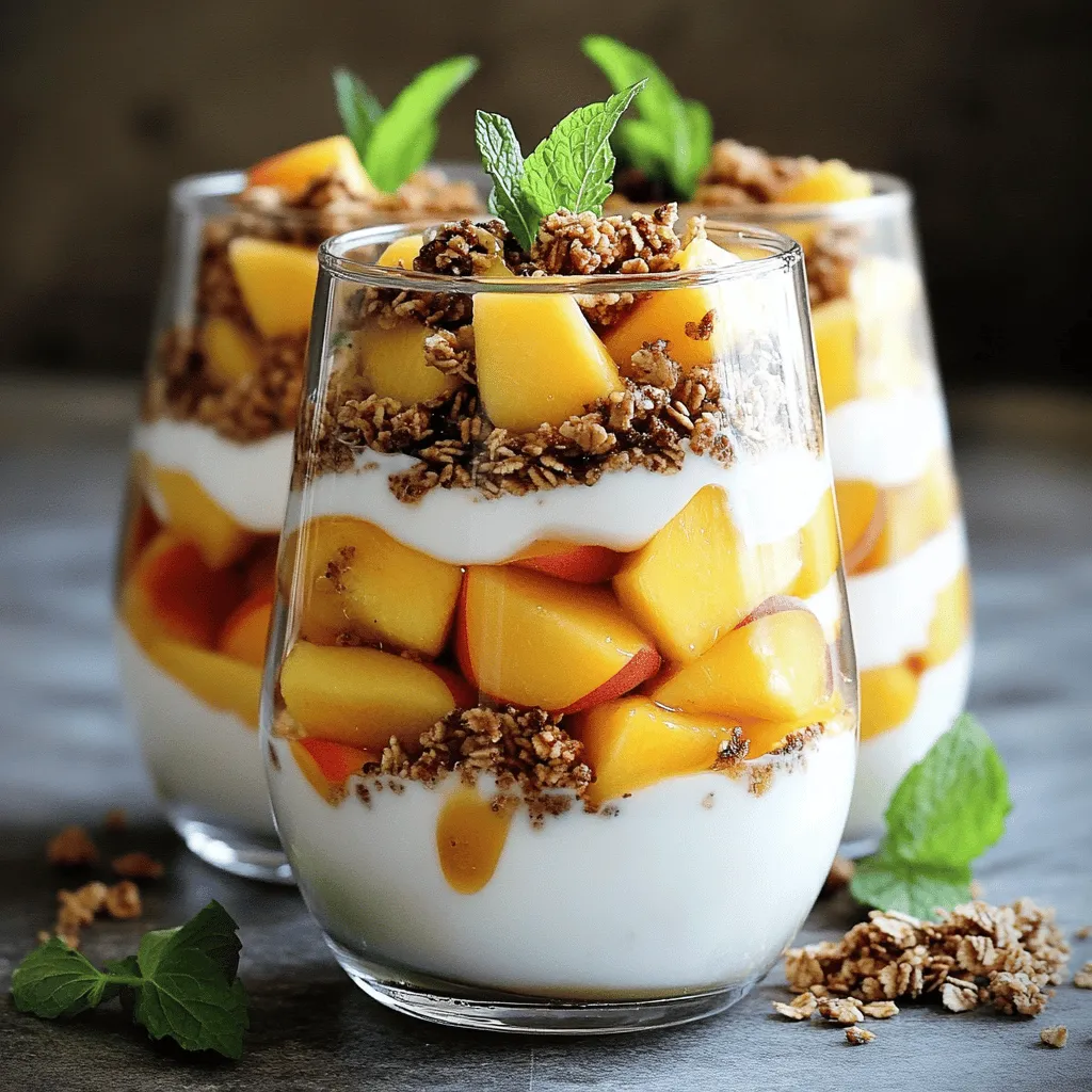To make this peach yogurt parfait, you need the following ingredients: - 2 ripe peaches, diced - 2 cups Greek yogurt (plain or vanilla) - 1/2 cup granola (or your favorite nutty mix) - 2 tablespoons honey or maple syrup - 1 teaspoon vanilla extract - 1/4 teaspoon cinnamon - Fresh mint leaves for garnish These ingredients work together to create a fresh and tasty delight. The peaches add sweetness, while the yogurt provides creaminess. Granola gives a nice crunch. You can change this recipe to suit your taste. Here are some fun options: - Berries (like strawberries or blueberries) for added flavor - Nuts (such as almonds or walnuts) for crunch - Coconut flakes for a tropical twist - Chia seeds for extra health benefits Feel free to mix and match these ingredients. Each option will add a new layer of flavor to your parfait. Sometimes, you may not have all the ingredients on hand. Here are some substitutes you can use: - Use regular yogurt if you don’t have Greek yogurt. - Swap peaches for any other fruit, like bananas or apples. - Honey can be replaced with agave syrup or sugar. - If you want a nut-free option, use seeds instead of granola. These substitutes keep the recipe tasty and easy to make. Just remember, the flavors might change a bit but will still be delicious! You can find the full recipe to guide you through the process. To start, grab a medium bowl. You will mix Greek yogurt, honey, vanilla extract, and cinnamon. Use a spatula or whisk to blend until the mix is smooth. This creamy base adds richness and flavor to your parfait. Now, it's time to layer. Take serving glasses or bowls. Start with about 1/4 cup of the yogurt mixture at the bottom. Next, add 1/4 of the diced peaches on top. Then, sprinkle about 2 tablespoons of granola. Repeat these layers until you fill the glasses. Finish with a layer of yogurt. Add a few peach slices and a sprinkle of granola on top. For the final touch, garnish with fresh mint leaves. This adds a pop of color and freshness. Serve the parfaits in clear glasses. This way, you can show off the beautiful layers. A drizzle of honey on top gives it an extra sweet note. Enjoy your Peach Yogurt Parfait Fresh and Tasty Delight! For the detailed recipe, check the Full Recipe section. When you pick peaches, look for ones that feel slightly soft. They should have a nice sweet smell. The skin should be smooth and a bit fuzzy. If the peach is too hard, it is not ripe. A ripe peach will have a golden hue, not green. You can also gently press it; if it gives a little, it’s ready to eat! Layering your parfait is key to its beauty. Start with a layer of yogurt at the bottom. Use about 1/4 cup for each layer. Next, add peaches, then granola. Keep repeating these layers. Make sure the last layer is yogurt. This keeps the granola crunchy. It also looks pretty! Use clear glasses to show off those lovely layers. Serve your parfait right after you make it. This keeps the granola crispy. You can add a drizzle of honey on top for sweetness. Fresh mint leaves add a nice touch of color and flavor. Try serving it at breakfast or as a snack. It’s a great way to impress your friends and family. For the full recipe, check out the Peach Paradise Yogurt Parfait! {{image_2}} You can change the taste of your parfait by using different fruits. Try berries like strawberries, blueberries, or raspberries. For a tropical twist, use mango or pineapple. Each fruit adds its own flavor and sweetness. You can even mix fruits together for a fun blend. Just remember to pick ripe fruit for the best taste. While Greek yogurt is a favorite, you can try other types too. Plain yogurt or flavored yogurt works well. You could even use low-fat or whole milk yogurt. If you want something creamier, go for a custard-style yogurt. Each option gives a unique texture and flavor to your parfait. To make a vegan version, swap out dairy yogurt for plant-based options. Almond, coconut, or soy yogurt are great choices. These yogurts still give you a nice creaminess. Use maple syrup or agave instead of honey for sweetness. You can make a delightful, dairy-free peach yogurt parfait easily! For the full recipe, check out Peach Paradise Yogurt Parfait . If you have leftover parfaits, store them in the fridge. Use an airtight container to keep them fresh. This helps maintain the yogurt's creaminess and the peaches' juiciness. Avoid stacking layers too high to prevent squishing. Enjoy your parfait within two days for the best taste. Meal prep makes mornings easier. Prepare the yogurt mixture and store it separately. Chop your peaches and keep them in a sealed bag. Store granola in a dry place to keep it crunchy. Layer everything just before you eat. This keeps the parfait fresh and tasty. Greek yogurt lasts about one to three weeks in the fridge. Check the date on the container. Fresh peaches can last around five days at room temperature. If they become too soft, use them right away. Granola usually lasts up to six months if sealed well. Always check for any signs of spoilage before using. For the full recipe, check out the Peach Paradise Yogurt Parfait . You can prepare the yogurt mixture a day before. Mix the Greek yogurt, honey, vanilla, and cinnamon. Store it in the fridge. Slice the peaches the night before too, but keep them in lemon juice to stop browning. Layer everything right before serving. This keeps the parfait fresh and tasty. I don’t recommend freezing the parfait. The yogurt may get icy and grainy when thawed. The peaches can turn mushy. If you want to save some, freeze the yogurt mixture without layers. When ready to eat, thaw it in the fridge and layer with fresh peaches and granola. You can swap granola with many tasty options. Try crushed nuts or seeds for crunch. Puffed rice or oats also work well. For a sweeter touch, use crushed cookies or cereal. These choices keep your parfait delicious and fun! To wrap up, we explored how to make a delicious peach yogurt parfait. We covered key ingredients and fun ways to change them up. I shared easy steps to make the parfait and tips for choosing the ripest peaches. Plus, I gave storage advice to keep your parfait fresh. Remember, you can get creative with fruits and yogurt options. Enjoy your tasty treat, and feel free to experiment!