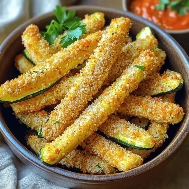 To make crispy air fryer zucchini fries, gather these simple ingredients: - 2 medium zucchinis, cut into fries - 1 cup whole wheat bread crumbs - 1/2 cup grated Parmesan cheese - 1 teaspoon garlic powder - 1 teaspoon onion powder - 1/2 teaspoon smoked paprika - 1/2 teaspoon salt - 1/4 teaspoon black pepper - 2 large eggs, beaten - Olive oil spray Using fresh zucchinis makes a big difference. They should feel firm and heavy. Fresh zucchinis have better taste and texture. Whole wheat bread crumbs add a nice crunch. They also boost fiber content. Always choose high-quality Parmesan cheese. It adds flavor and richness to the fries. Spices should be fresh, too. Old spices lose flavor and aroma. Good ingredients lead to a better dish. If you are gluten-free, use gluten-free bread crumbs. They work well and keep the fries crispy. For a dairy-free option, try nutritional yeast instead of Parmesan. It gives a cheesy flavor without dairy. If you want a vegan recipe, skip the eggs. Use a mixture of ground flaxseed and water instead. This will help the crumbs stick to the zucchini. These swaps keep the dish tasty for everyone! To start, grab two medium zucchinis. Wash them well to remove any dirt. Cut each zucchini into fries, aiming for 1/4-inch thick pieces. This helps them cook evenly. Try to make them as uniform as possible. Uniform sizes mean they will fry at the same rate. Lay the fries on a towel to absorb extra moisture. This step ensures they become crispy later. Next, prepare your breading. In a shallow bowl, mix the whole wheat bread crumbs, grated Parmesan cheese, garlic powder, onion powder, smoked paprika, salt, and black pepper. Stir well so all the spices mix together. In another bowl, beat the two large eggs until well mixed. Now, take each zucchini fry and dip it in the beaten egg. Let any extra egg drip off. Then, coat the fry in the breadcrumb mixture. Press gently to make sure the crumbs stick well. Now it’s time for air frying! Preheat your air fryer to 400°F (200°C). This should take about 3 to 5 minutes. While it preheats, lightly spray the air fryer basket with olive oil spray. Arrange the zucchini fries in a single layer in the basket. Make sure not to overcrowd them; they need space to cook. Lightly spray the tops of the fries with more olive oil. Air fry for 10 to 12 minutes. Shake the basket halfway through to ensure even cooking. The fries should turn golden brown and crispy. Once done, carefully remove them and let them cool for a moment before you dig in. For extra flavor, serve with marinara sauce or garlic aioli. Enjoy your crispy air fryer zucchini fries! Check the [Full Recipe] for more details. To make your zucchini fries super crispy, follow these tips: - Use fresh zucchini: Fresh zucchini holds less water. This helps keep your fries crisp. - Cut evenly: Make sure all fries are the same size. This ensures they cook at the same rate. - Dry the zucchini: After cutting, pat the fries with a paper towel to remove moisture. - Coat well: Press the zucchini into the breadcrumb mix. This helps the coating stick better. Preheating your air fryer is key for crispiness. Here are the steps: - Set the right temperature: Always preheat to 400°F (200°C). - Time it right: Preheat for 3-5 minutes. This gets the air fryer hot before you add food. - Use olive oil spray: Lightly spray the basket before adding fries. This helps them crisp up. Avoid these mistakes for the best results: - Overcrowding the basket: Lay fries in a single layer. Too many fries can lead to steaming, not crisping. - Skipping the spray: Forgetting to spray olive oil can result in soggy fries. - Not shaking the basket: Shaking halfway through helps fries cook evenly. By following these tips and tricks, your crispy air fryer zucchini fries will turn out perfect every time. Check the Full Recipe for all the details! {{image_2}} You can boost the flavor of your zucchini fries easily. Try adding spices like cayenne pepper for heat. Or mix in Italian herbs like oregano and basil for a fresh taste. You can also use a blend of cumin and coriander for a warm, earthy flavor. Just sprinkle these spices into the bread crumb mix before coating the zucchini. If you want to switch up the cheese, there are great options. You can use nutritional yeast for a cheesy flavor without dairy. Or try crumbled feta for a tangy twist. For a rich taste, opt for aged cheddar or smoked gouda. Each choice will give your fries a unique flavor while keeping them crispy. Making a vegan version of zucchini fries is simple. Instead of eggs, use flaxseed meal mixed with water. Use two tablespoons of flaxseed meal with six tablespoons of water. Let it sit for a few minutes until it thickens. You can also skip cheese or use a vegan cheese alternative. This way, you still get that crispy, tasty snack without any animal products. For the full recipe, check out the detailed steps above. To keep leftover zucchini fries fresh, place them in an airtight container. Make sure they cool down before sealing. Store them in the fridge for up to three days. This method helps maintain their texture and flavor. When you're ready to enjoy your leftover fries, use the air fryer for reheating. Set it to 350°F (175°C). Place the fries in the basket in a single layer. Heat them for about 5-7 minutes. This will help them regain their crunch. To freeze zucchini fries, first, let them cool completely. Arrange them in a single layer on a baking sheet. Freeze for 1-2 hours until solid. Once frozen, transfer them to a freezer bag. Label the bag and store them for up to three months. When you’re ready to eat, cook them straight from the freezer, adjusting the time as needed. For the full recipe, follow the steps outlined above. You can serve air fryer zucchini fries with many tasty dips. Marinara sauce is a classic choice. It adds a nice tangy flavor. You can also try garlic aioli for a creamy touch. Ranch dressing works well too, giving a cool contrast to the fry's crunch. Fresh herbs like parsley or basil can brighten up the dish. Pairing these fries with a side salad can add freshness and balance. Using frozen zucchini is not ideal for this recipe. Frozen zucchini has more water, so it can get soggy. Fresh zucchini is best for keeping fries crispy. If you only have frozen, you can try it, but expect a different texture. Thaw the zucchini first and pat it dry with paper towels. This step helps reduce moisture before breading and cooking. Zucchini fries are done when they turn golden brown and crispy. Check them at about 10 minutes into cooking. If they look pale, give them a couple more minutes. You can also use a fork to test. If it goes through easily, they are ready. Remember, shaking the basket halfway through helps them cook evenly. Enjoy your crispy fries! You learned about the key ingredients for zucchini fries and their quality. I shared step-by-step instructions for preparing, breading, and air frying them. I also included tips for extra crispiness and common mistakes to avoid. You can explore flavor variations, storage tips, and reheating methods. Now, you can enjoy delicious, crispy zucchini fries anytime. With these steps, you will impress everyone with this simple dish. Use fresh ingredients, follow the tips, and make it your own! Enjoy every bite.
