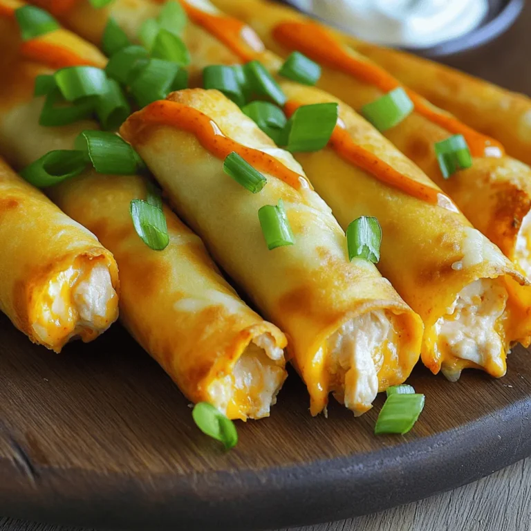 To make Cheesy Buffalo Chicken Taquitos, you need simple and tasty ingredients. Here’s what you will need: - 2 cups cooked chicken, shredded - 1/2 cup buffalo sauce - 1 cup shredded cheddar cheese - 1/2 cup cream cheese, softened - 1/2 cup green onions, finely chopped - 8 small flour tortillas - 1 cup oil for frying - Salt and pepper to taste These ingredients blend to create a creamy and spicy filling. The chicken gives it protein, while the cheeses add creaminess. The buffalo sauce packs a punch, making each bite exciting. You can customize your taquitos with extra flavors or swaps. Try adding: - Cooked bacon bits for a smoky taste - Jalapeños for extra heat - Black beans for added fiber If you want a lighter option, you can use Greek yogurt instead of cream cheese. You can also swap flour tortillas for corn ones, if preferred. No taquito is complete without a great dip! Here are some tasty sauce ideas: - Sour cream: Cool and creamy. - Ranch dressing: A classic choice that pairs well. - Blue cheese dressing: For a bold flavor. These dips enhance the flavors and provide a nice contrast to the spice of the buffalo sauce. Serve your taquitos with one or more of these sauces for a fun meal. For the full recipe, check out the detailed instructions. Start by gathering your ingredients. In a large bowl, combine the cooked chicken, buffalo sauce, cheddar cheese, cream cheese, and green onions. Mix everything well until it’s creamy and smooth. Don't forget to season with salt and pepper to taste. This filling packs a flavorful punch and gets ready in no time. Next, warm the tortillas. This makes them soft and easy to roll. Place about 2-3 tablespoons of the chicken mixture at one end of each tortilla. Roll it tightly, tucking in the sides as you go. If needed, use a toothpick to hold them together. Make sure they are sealed well to keep the filling inside during cooking. Now it's time to fry! Heat oil in a large skillet over medium heat. Once hot, place the taquitos seam-side down. Fry them for about 3-4 minutes on each side until they turn golden brown and crispy. This step is crucial for that perfect crunch! After frying, transfer them to a paper towel-lined plate to drain any excess oil. Enjoy them hot with sour cream on the side. For the full recipe, check out the details provided earlier. To get the crispiest taquitos, start with hot oil. Heat the oil to 350°F. If it's too cool, the taquitos will soak up the oil and get soggy. Fry them in small batches. This keeps the temperature steady. Cook for 3-4 minutes on each side. Look for a golden brown color. Once done, place them on a paper towel to absorb extra oil. You can adjust the spice level of your taquitos. If you want more heat, add chopped jalapeños to the filling. A little cayenne pepper can also boost the spice. For a milder version, use less buffalo sauce or mix it with ranch dressing. You can also add garlic powder or onion powder for extra flavor. Don't forget to taste your filling before you roll the taquitos. Serving is key to making your taquitos look great. Arrange them on a colorful platter. Garnish with chopped green onions for a fresh look. You can drizzle some extra buffalo sauce on top for flair. Serve with a bowl of sour cream on the side. This adds a creamy contrast to the spicy taquitos. For a fun touch, use toothpicks for easy eating. Make sure to check out the Full Recipe for detailed steps on making these tasty treats! {{image_2}} You can switch up the filling for your taquitos. Try using pulled pork or beef instead of chicken. For a vegetarian option, use black beans or lentils. Adding corn or diced tomatoes can give your taquitos a fresh taste. Mix in some spinach or kale for extra nutrients. You can also change the cheese; pepper jack adds a nice kick. If you want a healthier taquito, bake them instead of frying. Preheat your oven to 425°F. Place the rolled taquitos on a baking sheet lined with parchment paper. Spray them lightly with cooking oil. Bake for about 15-20 minutes, or until they turn golden and crispy. This method cuts down on oil and adds crunch without frying. Want to turn up the heat? Add diced jalapeños or serrano peppers to the filling. You can also mix in extra buffalo sauce for a spicier kick. For those who love bold flavors, try using a spicy cheese blend. This will give your taquitos a fiery twist that spice lovers will enjoy. Store leftover taquitos in an airtight container. Make sure they cool completely before sealing. This helps keep them fresh. They can last in the fridge for up to three days. Just remember, the longer they sit, the less crispy they become. To freeze taquitos, let them cool fully first. Place them in a single layer on a baking sheet. After they freeze solid, transfer them to a freezer bag. Make sure to remove as much air as you can. These can last up to three months in the freezer. When you’re ready to eat, you can reheat them straight from frozen. For the best results when reheating, use an oven. Preheat it to 375°F (190°C). Place the taquitos on a baking sheet and bake for about 10-15 minutes. This helps restore their crispy texture. You can also use an air fryer for about 5-7 minutes at 350°F (175°C). Both methods work great for keeping that crunch. For more details, check out the Full Recipe. Yes, you can use rotisserie chicken. It saves time and adds great flavor. Just shred the chicken and mix it with the other ingredients. The buffalo sauce, cheese, and cream cheese blend well with the chicken. This will give your taquitos a tasty kick. Using rotisserie chicken makes this recipe quicker and easier. To make taquitos gluten-free, use gluten-free tortillas. Many brands offer these in stores. Just check the label to ensure they fit your needs. The rest of the ingredients are naturally gluten-free. Mix your filling as usual and roll it in the gluten-free tortillas. You’ll enjoy the same cheesy, spicy taste without gluten. I love serving these taquitos hot and fresh. Arrange them on a platter for a fun look. Add some chopped green onions on top for color. Provide a bowl of sour cream for dipping. You can also drizzle some extra buffalo sauce on the top for added flavor. This makes a great snack or appetizer for any gathering. For the full recipe, check out the cooking instructions above. In this post, we explored how to make Cheesy Buffalo Chicken Taquitos. We covered the main ingredients, tasty dips, and the steps to prepare them. You now know how to achieve perfect crunchiness and flavor. The variations let you get creative, while storage tips help preserve your taquitos. The FAQs answered your key questions. Enjoy making these taquitos your way and share them with others. They're sure to be a hit! Keep experimenting and have fun in the kitchen.