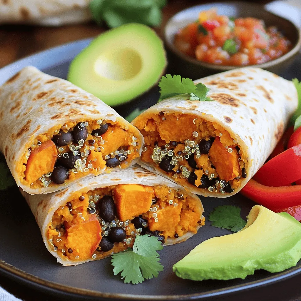 To make Vegan Sweet Potato Black Bean Burritos, gather these ingredients: - 2 medium sweet potatoes, peeled and diced - 1 can (15 oz) black beans, rinsed and drained - 1 cup cooked quinoa - 1 red bell pepper, diced - 1 small red onion, diced - 2 cloves garlic, minced - 1 teaspoon ground cumin - 1 teaspoon smoked paprika - ½ teaspoon chili powder - Juice of 1 lime - Salt and pepper to taste - 4 large whole wheat tortillas - Fresh cilantro, chopped (for garnish) - Avocado, sliced (for serving) - Salsa (for serving) Using fresh ingredients can enhance flavor and texture. Fresh sweet potatoes and bell peppers provide a crisp bite. They also pack more nutrients than canned versions. However, canned items like black beans save time. They are still healthy if you rinse them well. You can mix fresh and canned ingredients as you like. This balance can make cooking easier and faster. Sweet potatoes are rich in vitamins A and C. They support your immune system and eye health. Black beans provide protein and fiber, which help keep you full. Quinoa adds more protein and is gluten-free. This makes the dish perfect for plant-based diets. Red bell peppers are high in antioxidants and vitamins. They add color and crunch to your burritos. Overall, these key ingredients create a meal that is tasty and full of nutrients. Start by preheating your oven to 400°F (200°C). Take your two medium sweet potatoes and peel them. Dice them into small pieces. Place the diced sweet potatoes on a baking sheet. Drizzle them with a bit of olive oil, and sprinkle salt and pepper on top. Toss them to coat evenly. Roast these for about 20 to 25 minutes. Stir them halfway through to help them cook evenly. The sweet potatoes should be tender and slightly caramelized when done. Next, grab a large skillet and heat a tablespoon of olive oil over medium heat. Add the diced red onion and red bell pepper. Sauté these for about 4 to 5 minutes until they become soft. Then, add minced garlic and cook it for another minute. This step brings out great flavors. Now, it's time to add the roasted sweet potatoes, black beans, and cooked quinoa to the skillet. Sprinkle in cumin, smoked paprika, and chili powder. Squeeze in the juice of one lime. Mix everything well and heat it for 3 to 5 minutes. Taste and adjust salt and pepper if needed. Now, lay out your large whole wheat tortillas on a flat surface. Spoon a generous amount of the sweet potato-black bean mixture into the center of each tortilla. Fold the bottom edge of the tortilla up over the filling. Then, fold in the sides and roll tightly to enclose everything. Repeat this with the rest of the tortillas and the filling. If you want extra crispiness, heat a skillet with olive oil. Place the burritos seam-side down and cook for 2 to 3 minutes on each side until golden brown. Enjoy your delicious meal! For the full recipe, check the section above. Roasting sweet potatoes brings out their natural sweetness and flavor. First, preheat your oven to 400°F (200°C). Next, peel and dice your sweet potatoes into small cubes. Toss them with a bit of olive oil, salt, and pepper. Spread them out on a baking sheet in a single layer. This step ensures even roasting. Roast for about 20-25 minutes. Stir them halfway for even cooking. When they are tender and slightly caramelized, they are ready! The sweet potatoes will add a great texture to your burritos. To keep your burritos from falling apart, sealing them well is key. Start by laying your tortilla flat. Spoon the sweet potato-black bean mixture into the center. Don’t overfill; about a generous half-cup works best. Fold the bottom edge of the tortilla up over the filling. Then, fold in the sides and roll tightly from the bottom. You want to create a snug wrap. If you want extra security, you can place the burrito seam-side down on a hot skillet. This will help seal the edges and create a crispy finish. Spices can transform your burritos from good to amazing! Use cumin for a warm, earthy taste. Smoked paprika adds a lovely smokiness. Don't forget chili powder for a hint of heat. These spices work well together and elevate the sweet potato and black bean flavors. You can also experiment with fresh herbs like cilantro or a squeeze of lime juice for brightness. Adjust the spices to your taste; cooking should be fun and personal! {{image_2}} To make these burritos gluten-free, swap whole wheat tortillas for gluten-free wraps. You can find these at most grocery stores. Make sure to check the labels for any hidden gluten. Rice paper wraps are another fun option. They add a nice texture and are easy to use. Feel free to mix in different veggies. Try corn, spinach, or zucchini for a twist. You can also change the spices. For a kick, add cayenne or chipotle powder. If you want a sweeter taste, sprinkle in some cinnamon. These swaps keep the meal fresh and fun. If you want more protein, tofu or tempeh are great choices. Cook them with spices before adding to the mix. You can also add nuts or seeds like pumpkin or sunflower seeds. These options not only boost protein but also add crunch and flavor. For the full recipe, be sure to check the link above! To store leftover burritos, wrap each one in plastic wrap. Place them in an airtight container. This keeps them fresh for up to three days in the fridge. If you want to keep them longer, consider freezing. To reheat your burritos, use an oven or a skillet. For the oven, preheat it to 350°F (175°C). Place the burrito on a baking sheet for about 15 minutes. If using a skillet, heat on medium-low. Cook for 3-4 minutes on each side, until warm. This keeps the tortilla crispy. To freeze burritos, wrap each one tightly in foil or plastic wrap. Place them in a freezer bag, removing as much air as possible. You can freeze them for up to three months. When ready to eat, thaw in the fridge overnight. Then reheat as mentioned above. This method saves time and keeps meals ready! Yes! You can prepare the filling a day early. Store it in the fridge. When you’re ready, just fill the tortillas and roll them up. This saves time and lets the flavors blend. You can use pinto beans, chickpeas, or lentils. Each gives a unique taste and texture. If you want a different style, try adding some cooked mushrooms for a savory touch. These burritos have mild spices. The cumin and smoked paprika add warmth without heat. If you like spice, add more chili powder or fresh jalapeños to the filling. Taste as you go! - How to make vegan sweet potato black bean burritos gluten-free? To make these burritos gluten-free, use corn tortillas instead of whole wheat. They will hold the filling well and taste great. Also, check the label on spices to ensure they are gluten-free. We discussed how to make tasty sweet potato black bean burritos. I shared essential ingredients and their health benefits. You learned step-by-step instructions to prepare, cook, and assemble your burritos. I also offered tips for roasting sweet potatoes and keeping your burritos sealed. Plus, I shared variations for gluten-free options and extra protein. Remember, proper storage is key for leftovers. Enjoy making these burritos your own, and have fun experimenting with flavors! You’ll love the taste and benefits.