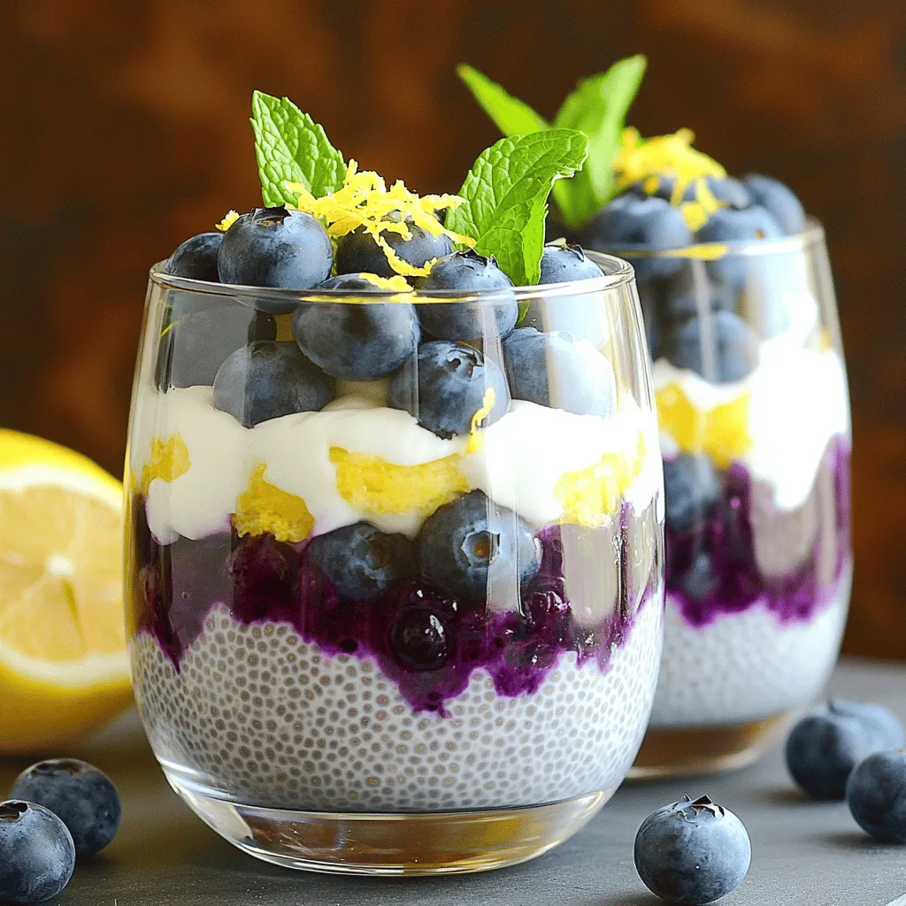 To make the perfect lemon blueberry chia pudding, gather these simple ingredients: - 1 cup almond milk (or any milk of choice) - 1/4 cup chia seeds - 2 tablespoons maple syrup (or honey) - Zest and juice of 1 lemon - 1/2 teaspoon vanilla extract - 1 cup fresh blueberries - Pinch of salt If you want to switch things up, here are some great substitutes: - Milk: Use coconut milk for a creamier texture. Oat milk is also a good choice. - Sweetener: Try agave syrup or brown sugar instead of maple syrup or honey. - Lemon: Use lime juice if you want a different citrus flavor. Gather these tools before starting your cooking adventure: - Medium bowl or jar for mixing - Whisk to combine ingredients - Clear glasses or bowls for serving These tools make the process easy and fun. You’ll enjoy preparing this delightful dessert! For the full recipe, check out the details above. To make Lemon Blueberry Chia Pudding, start by gathering your ingredients. You will need almond milk, chia seeds, maple syrup, lemon zest, lemon juice, vanilla extract, and fresh blueberries. In a medium bowl or jar, combine: - 1 cup almond milk (or any milk of choice) - 1/4 cup chia seeds - 2 tablespoons maple syrup (or honey) - Zest and juice of 1 lemon - 1/2 teaspoon vanilla extract - Pinch of salt Whisk them together until smooth. Let the mixture sit for about 10 minutes. This allows the chia seeds to soak up the liquid and expand. After 10 minutes, whisk again to break up any clumps. This step ensures a creamy texture. Now, cover your bowl or jar. Place it in the fridge for at least 4 hours. You can also leave it overnight for the best results. Chilling is key to thickening the pudding. Once the pudding is set, stir it again. If it feels too thick, add a splash of almond milk to get your desired texture. When ready to serve, layer the chia pudding in bowls or clear glasses. This shows off the beautiful layers. Add fresh blueberries between the layers for a pop of color. For a final touch, sprinkle some lemon zest on top. You can also add mint leaves for a fresh look. This adds extra flavor and makes your dish look stunning. Enjoy your Lemon Blueberry Chia Pudding! To get chia seeds spread out well, mix them in the liquid right away. Stir the mixture for at least a minute until you see no dry seeds. After ten minutes, whisk again to break up any clumps. This helps each seed soak up the liquid fully. If you skip this step, you might end up with lumps in your pudding. To boost the flavor, use fresh ingredients. Choose ripe blueberries and fresh lemon juice. The zest adds a nice kick, so don’t skip it! For a sweeter taste, adjust maple syrup or honey to your liking. You could also add a pinch of cinnamon for a warm touch. Always taste as you go! One common mistake is not letting the pudding chill long enough. Four hours is best, but overnight is even better. This gives chia seeds time to thicken. Another mistake is not whisking enough. If you skip whisking after the seeds swell, the pudding can be clumpy. Lastly, remember to check the consistency before serving. If it seems too thick, just add a bit of almond milk to loosen it up. {{image_2}} You can change up the lemon blueberry chia pudding in fun ways. Try using other fruits like strawberries, raspberries, or mangoes. Each fruit brings its own unique taste. You can also add spices like cinnamon or nutmeg for warmth. For a tropical twist, you might mix in coconut milk and pineapple. The options are endless! This recipe is easy to adapt for different diets. It is already vegan if you use maple syrup. If you want it gluten-free, you are all set since chia seeds are naturally gluten-free. You can also use any plant-based milk, like oat or soy milk, for added variety. This makes the pudding friendly for many diets. Serving your pudding can be just as fun as making it! Layer the chia pudding in clear glasses with more fresh fruit. This creates a beautiful parfait. You could also blend it with ice for a smoothie. If you want to impress, add whipped coconut cream on top. Each way you serve it looks lovely and tastes great! For the full recipe, check out the Lemon Blueberry Chia Delight 🫐. Store your leftover lemon blueberry chia pudding in a clean, airtight container. This helps keep it fresh. Make sure the lid is tight to avoid odors from other foods. It is best to use glass jars or plastic containers. Clear jars let you see the layers, which is a nice touch. The pudding lasts about 3 to 5 days in the fridge. After that, the texture may change. Always check for any off smells or unusual looks before eating. If it looks or smells strange, it's better to toss it out. You can freeze the pudding for longer storage. Freeze it in small portions to make thawing easy. To thaw, move it to the fridge for a few hours or overnight. You can also microwave it for a few seconds. Stir well after thawing to restore its creamy texture. Enjoy your tasty pudding even after some time! Chia seeds are tiny but mighty! They pack a big punch of nutrients. First, they are high in fiber. This helps with digestion and keeps you full. They also have omega-3 fatty acids, which are good for your heart. Plus, chia seeds are rich in protein, calcium, and antioxidants. When you eat them, they can help support energy and overall health. Yes, you can make this pudding ahead of time. In fact, I recommend it! Making it the night before gives the chia seeds time to soak and swell. This helps create that perfect pudding texture. You can store it in the fridge for up to three days. Just remember to stir it well before serving! Yes, refrigerating the pudding is key. Chilling helps the chia seeds absorb the liquid. This makes the pudding thick and creamy. It also enhances the flavors of the lemon and blueberries. If you skip this step, the pudding may not set properly. So, always remember to chill it for at least four hours or overnight for the best results. In this blog post, we explored how to make Lemon Blueberry Chia Pudding. We covered the ingredients needed and shared possible substitutes. I also detailed the preparation steps and suggestions for serving. Tips helped avoid common mistakes, and we discussed different flavor variations. Lastly, we reviewed proper storage methods. Chia pudding is a fun and healthy treat. Experiment with flavors and enjoy your creation!