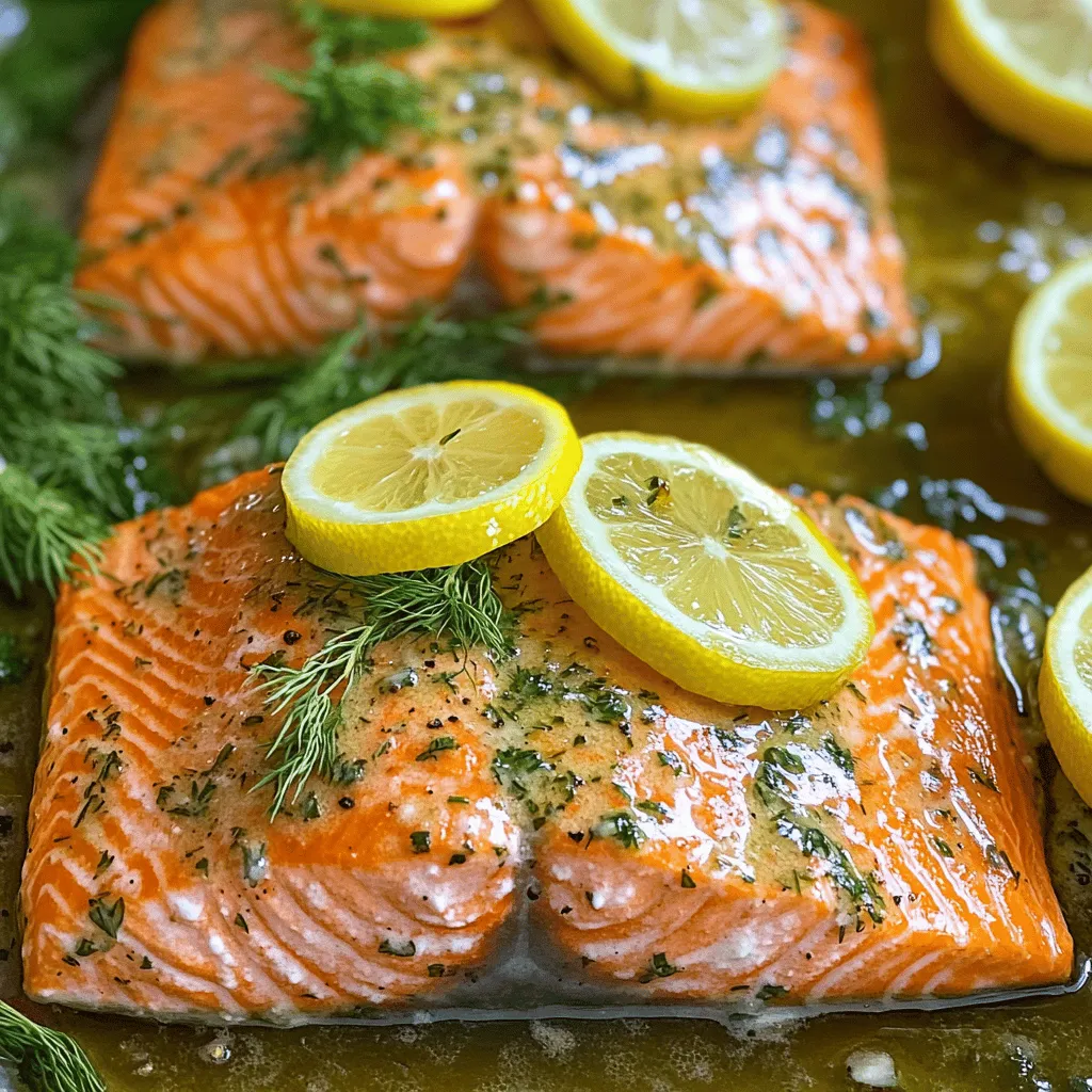 - 4 salmon fillets (6 oz each) - 4 tablespoons unsalted butter - 4 cloves garlic, minced - 1 tablespoon fresh parsley, chopped - 1 tablespoon fresh dill, chopped - 1 tablespoon fresh thyme, chopped - Juice of 1 lemon - Zest of 1 lemon - Salt and pepper to taste - Lemon slices for garnish - Fresh herbs for garnish (optional) When you start making Garlic Butter Herb Salmon, gather these ingredients first. You need fresh salmon fillets, which have a nice pink color. The butter adds richness, while garlic gives it a strong flavor. Fresh herbs bring brightness to the dish. I love using parsley, dill, and thyme for their unique tastes. Don’t forget the lemon! The juice and zest add a fresh and tangy note. Salt and pepper enhance all the flavors. You can use lemon slices as a pretty garnish. Fresh herbs can also add color and taste. For the full recipe, follow the steps I laid out after this section. Every ingredient plays a role in making this dish both tasty and beautiful. Let’s get cooking! - Preheat oven to 400°F (200°C). - Prepare a lined baking sheet for the salmon. Start by preheating your oven. This step ensures your dish cooks evenly. While the oven warms up, take a baking sheet and line it with parchment paper. This helps with easy cleanup and keeps the salmon from sticking. - Melt butter in a saucepan. - Sauté garlic until fragrant. - Mix in herbs and lemon flavorings. Next, melt the butter in a small saucepan over medium heat. Once melted, add the minced garlic. Sauté it for about 1-2 minutes until it smells great. Be careful not to let it brown. After that, remove the saucepan from heat. Stir in the chopped parsley, dill, thyme, lemon juice, lemon zest, salt, and pepper. This mix becomes your garlic herb butter sauce. - Brush fillets with garlic herb butter. - Bake for 12-15 minutes. - Check for doneness and rest before serving. Now, place the salmon fillets on the lined baking sheet. Brush each fillet with the garlic herb butter sauce you made. Make sure to coat them well. Pour any leftover sauce over the fillets. Place the sheet in the preheated oven and bake for 12-15 minutes. Salmon is done when it flakes easily with a fork and reaches 145°F (63°C). After baking, let the salmon rest for a minute. This helps keep it juicy. Enjoy this flavorful dish! For the complete recipe, check the Full Recipe link. To check the salmon for doneness, use a fork. Gently poke the salmon fillet. If it flakes easily, your salmon is done. The internal temperature should reach 145°F (63°C). A meat thermometer can help with accuracy. Let the salmon rest for a minute after baking. Resting allows the juices to settle. This helps keep the salmon moist and flavorful. You can add more flavor with some optional ingredients. Consider adding capers for a briny kick. A splash of white wine can also enhance the sauce. These additions can elevate the dish. For sides, I recommend simple and fresh options. Steamed asparagus or green beans pair nicely. A light salad with lemon vinaigrette complements this dish well. Garnishing can make your dish look even better. Use lemon slices and fresh herbs like parsley or dill. This adds color and freshness to your plate. When serving, place the salmon on a clean plate. Drizzle any leftover garlic herb butter over the top. This creates an inviting and flavorful presentation. {{image_2}} You can use different types of salmon for this dish. Sockeye or Coho salmon works well. Each has its own taste and texture. Salmon steaks offer a thick cut, while fillets are thin and easy to cook. Steaks may take a bit longer to cook, so adjust your time. Feel free to play with the herbs and spices. Basil, oregano, or cilantro can change the flavor profile. If you like heat, add red pepper flakes for a spicy kick. A pinch goes a long way, so start small. You can grill or bake the salmon. Grilling gives a nice smoky flavor. Baking is easier and keeps the salmon moist. Poaching is another great choice. It keeps the fish tender and allows it to soak up flavors. Each method brings out different tastes in the salmon. For the full recipe, check out the Garlic Butter Herb Salmon recipe. To keep your Garlic Butter Herb Salmon fresh, place it in an airtight container. This helps avoid any strong smells in the fridge. You should store the salmon within two hours of cooking. If you do this, the salmon will stay tasty. You can keep it in the fridge for up to three days. When it's time to enjoy your leftovers, you can reheat salmon in a few ways. The oven works great for this. Preheat it to 300°F (150°C) and place the salmon on a baking sheet. Cover it with foil to keep it moist. Heat for about 10-15 minutes until warm. You can also use the microwave. Just cover the salmon with a paper towel and heat for 30 seconds at a time. This helps prevent dryness. Keep an eye on it so you don't overcook it. If you want to save some for later, you can freeze Garlic Butter Herb Salmon. First, let it cool completely. Then, wrap each fillet in plastic wrap. After that, place the wrapped fillets in a freezer bag or container. This method keeps the flavor and texture nice. You can freeze it for up to three months. When you're ready to eat, thaw it in the fridge overnight. This slow method helps keep it juicy and delicious. The ideal temperature for cooking salmon is 145°F (63°C). This ensures that the fish is safe to eat and still moist. If you prefer a more tender texture, you can take it out at 140°F (60°C). Cooking at 400°F (200°C) in the oven works well for this recipe. It cooks quickly and gives a nice crust. Yes, you can use frozen salmon. Just thaw it in the fridge overnight. If you’re short on time, you can also thaw it in cold water for about an hour. Be sure to pat it dry before cooking. This helps the garlic butter sauce stick better. Some great side dishes include: - Garlic mashed potatoes - Steamed asparagus - Roasted vegetables - Quinoa salad - Rice pilaf These sides balance the rich taste of the salmon. They also add color and nutrients to your meal. Garlic Butter Herb Salmon lasts about 3 days in the fridge. Store it in an airtight container to keep it fresh. Be sure to reheat gently to avoid drying it out. Enjoy your delicious leftovers! For the complete recipe, check out the Full Recipe. In this post, we explored how to make Garlic Butter Herb Salmon, detailing each ingredient and step. We discussed tips for perfecting the cooking process and suggested delicious variations. You learned about storing leftovers and reheating them without losing flavor. Remember, cooking should be fun and creative. Use this recipe as a base, but feel free to explore new ideas. Don't hesitate to experiment with flavors and techniques. Happy cooking!