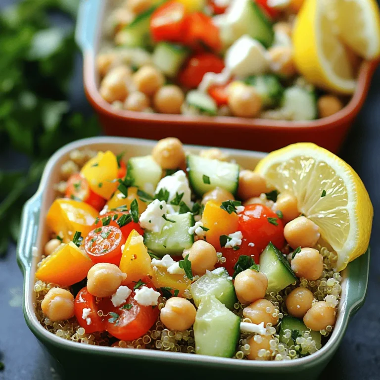 To create your Mediterranean grain bowl, gather these main ingredients: - 1 cup quinoa or farro, rinsed - 2 cups water or vegetable broth - 1 cup cherry tomatoes, halved - 1 cucumber, diced - 1 bell pepper (any color), diced - 1 can (15 oz) chickpeas, drained and rinsed - 1/2 cup Kalamata olives, pitted and halved - 1/4 red onion, thinly sliced - 1/2 cup feta cheese, crumbled - 1/4 cup fresh parsley, chopped - 3 tablespoons olive oil - 2 tablespoons lemon juice - 1 teaspoon dried oregano - Salt and pepper to taste You can add more flavors with these optional ingredients: - Avocado slices for creaminess - Spinach or kale for extra greens - Artichoke hearts for tanginess - Sun-dried tomatoes for depth - Grilled chicken or shrimp for protein Feel free to mix and match based on your taste! The ingredients in this bowl offer many health benefits: - Quinoa or farro: High in fiber and protein. Good for heart health. - Chickpeas: Packed with protein and excellent for digestion. - Vegetables: Cherry tomatoes and cucumbers are low in calories and high in vitamins. - Olives: Rich in healthy fats. They support your heart. - Feta cheese: Adds calcium and flavor, but use it in moderation. - Olive oil: Contains healthy fats and antioxidants. It’s great for skin health. - Lemon juice: Provides vitamin C and enhances flavor. These ingredients not only taste great together but also nourish your body! For the full recipe, check out the detailed cooking instructions. To start, grab a medium pot. Pour in 2 cups of water or vegetable broth. Bring it to a boil. Next, add 1 cup of rinsed quinoa or farro. Lower the heat to a gentle simmer. Cover the pot and let it cook for 15 to 20 minutes. Check the package for specific cooking times. When the grains are soft and water is absorbed, remove the pot from heat. Let it sit for 5 minutes, then fluff with a fork. While the grains cook, it’s time to chop your veggies. Take 1 cup of cherry tomatoes and cut them in half. Dice 1 cucumber and 1 bell pepper. Slice 1/4 of a red onion thinly. In a large bowl, mix these fresh veggies. Add 1 can of drained chickpeas and 1/2 cup of pitted Kalamata olives. Toss in 1/4 cup of chopped fresh parsley and 1/2 cup of crumbled feta cheese. Now, let’s make the dressing. In a small bowl, whisk together 3 tablespoons of olive oil and 2 tablespoons of lemon juice. Add 1 teaspoon of dried oregano, salt, and pepper to taste. This dressing adds flavor, so taste it and adjust as needed. After cooking the grains, add them to the bowl with veggies. Drizzle the dressing over the mixture. Gently toss everything until it’s well mixed. For serving, divide the grain bowl into four dishes. You can add more feta on top for extra flavor. A sprinkle of crushed red pepper flakes gives a nice kick. Enjoy your beautiful Mediterranean grain bowls! For the full recipe, check out the details again above. To cook grains perfectly, start with rinsing them. This removes dirt and extra starch. Use a pot with a tight lid. Bring water or broth to a boil before adding the grains. Turn the heat to low and cover. Let them simmer gently. Cooking time varies; quinoa takes about 15 minutes, while farro takes 25-30 minutes. After cooking, let the grains sit for five minutes before fluffing with a fork. This keeps them light and fluffy. To boost flavor, mix in fresh herbs like basil or dill. You can also try adding spices such as cumin or paprika. For a bit of heat, consider crushed red pepper flakes. Roasted nuts like almonds or pine nuts add crunch and depth. A splash of balsamic vinegar can give a sweet tang. You can even try different cheeses like goat cheese or ricotta for a twist. For more variety, add cooked shrimp or grilled chicken for protein. Make your grain bowls appealing and colorful! Use shallow, wide dishes to showcase the vibrant ingredients. Arrange the grains at the bottom, then layer the veggies on top. Drizzle the dressing artfully over the bowl. Top with crumbled feta and a sprinkle of fresh herbs. For added flair, serve with a lemon wedge for guests to squeeze on top. The bright colors and fresh ingredients will make your dish pop and look inviting! {{image_2}} You can swap the quinoa or farro in your grain bowl. Try brown rice or barley for a new texture. Millet offers a fun, nutty flavor. If you want a gluten-free option, use rice or buckwheat. Each grain has its own unique taste and benefits. Experiment with what you enjoy most. Proteins add heartiness to your Mediterranean grain bowls. Chickpeas are great, but you can also use lentils or black beans. Grilled chicken or shrimp can boost the flavor. Try adding tofu for a plant-based protein. Each option allows you to create a different dish every time. Using seasonal vegetables makes your dish fresh and exciting. In spring, add asparagus or peas. Summer is perfect for zucchini and corn. In fall, slice up roasted squash or sweet potatoes. Winter calls for hearty greens like kale or spinach. Choose what is in season for the best taste. Feel free to mix and match these ideas to create your own Mediterranean grain bowls. For the full recipe, check out the Mediterranean Grain Bowls section above. To store leftover Mediterranean grain bowls, first let them cool. Place them in an airtight container. This keeps the flavors fresh and prevents spills. You can store them in the fridge for up to three days. If you keep the dressing separate, it will help the veggies stay crisp. When you are ready to eat, take the bowls out of the fridge. You can reheat them in the microwave. Use a microwave-safe dish and cover it with a damp paper towel. Heat for about one to two minutes. Stir halfway through to warm evenly. If you want them warm but not hot, enjoy them cold as a salad! If you want to freeze the grain bowls, it’s best to freeze the grains and veggies separately. This keeps them fresh longer. Use freezer-safe containers or bags. Label them with the date. They can last up to three months in the freezer. When you’re ready to use them, thaw in the fridge overnight and reheat as needed. This way, you always have a quick meal ready! You can use rice or barley instead of quinoa or farro. Both options work well. Brown rice adds a nutty taste. Barley gives a chewy texture. You can also try bulgur or millet. Each grain offers unique flavors and nutrients. Yes, you can prepare these bowls ahead of time. Cook the grains and chop the veggies in advance. Store the grains and veggies separately. This keeps everything fresh. Mix them together when you're ready to eat. To make this recipe gluten-free, use quinoa or rice. Both options are gluten-free. Make sure to check labels on other ingredients too. Chickpeas and olives are usually gluten-free. Always read labels to ensure safety. Lemon vinaigrette pairs nicely with these bowls. You can also use tahini dressing for a creamier option. A yogurt-based dressing adds a tangy flavor. Experiment with different dressings to find your favorite. For the full recipe, check out the link! Mediterranean grain bowls are easy to make and packed with flavor. You learned about the main ingredients and their benefits. I provided step-by-step instructions to help you create your bowls. Remember the tips for cooking and presenting them effectively. You can explore variations to fit your tastes and know how to store leftovers. With these insights, you can enjoy healthy meals anytime. Dive in and make your own tasty grain bowl!