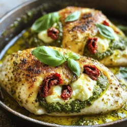 To make pesto mozzarella stuffed chicken, you need the following items: - 4 boneless, skinless chicken breasts - 1 cup fresh basil pesto - 8 oz mozzarella cheese, sliced - 1/2 cup sun-dried tomatoes, chopped - 1/4 cup grated Parmesan cheese - 1 teaspoon garlic powder - 1 teaspoon paprika - Salt and pepper to taste - 2 tablespoons olive oil - Fresh basil leaves for garnish Using fresh ingredients makes a big difference. Fresh basil pesto brings bright flavors. It enhances the taste in your chicken. Dried versions may lack the same depth. Fresh mozzarella adds creaminess that you can't beat. When possible, choose fresh over dried for the best meal. You can customize this dish easily! Here are some ideas: - Add spinach for extra greens. - Use feta cheese for a tangy twist. - Mix in artichokes for a unique flavor. - Try different herbs like thyme or oregano. These options let you make the dish your own. Don't be afraid to experiment! For the full recipe, check the instructions provided earlier. Start by prepping your chicken breasts. You need four boneless, skinless chicken breasts for this dish. Using a sharp knife, carefully cut a pocket into each breast. Make sure not to cut all the way through. This pocket will hold all the tasty fillings. Next, mix garlic powder, paprika, salt, and pepper in a small bowl. Rub this mix over the outside of each chicken breast. This step adds great flavor to the chicken. Now, it’s time to stuff the chicken. Spoon about 1/4 cup of fresh basil pesto into each pocket. Then, add two slices of mozzarella cheese. Don't forget to sprinkle some chopped sun-dried tomatoes in there too. For extra flavor, add a little grated Parmesan cheese inside the pocket as well. Searing is key to locking in moisture and flavor. Heat two tablespoons of olive oil in a large oven-safe skillet over medium heat. Once the oil is hot, carefully place the stuffed chicken breasts in the skillet. Sear the chicken for about 3 to 4 minutes on each side. Look for a nice golden brown color. This step builds a rich flavor and a tasty crust. After searing, it’s time to bake the chicken. Preheat your oven to 375°F (190°C) before you start. Once the chicken is seared, transfer the skillet to the preheated oven. Bake for about 20 minutes. You want the chicken to reach an internal temperature of 165°F (75°C). This ensures the chicken is fully cooked and safe to eat. After baking, remove the skillet from the oven and let the chicken rest for 5 minutes before slicing. This resting time helps the juices redistribute, making your chicken juicy and tender. Drizzle any remaining pesto over the top and garnish with fresh basil leaves for a beautiful finish. Enjoy your Pesto Mozzarella Stuffed Chicken as a delicious meal! You can find the full recipe above. When you stuff chicken, you want to create a pocket without cutting all the way through. This way, your filling stays inside. Use a sharp knife to cut gently along the side of each breast. Make the pocket big enough for your tasty fillings, but be careful not to break through. Stuff it with pesto, mozzarella, and sun-dried tomatoes. This mix keeps the chicken flavorful and moist. To keep chicken juicy, seasoning is key. Use a mix of salt, pepper, garlic powder, and paprika. Rub this mix all over the chicken before cooking. This adds flavor and helps lock in juices. Searing the chicken in olive oil also helps. Cook it for just a few minutes on each side until golden brown. Then, bake it in the oven until it reaches 165°F (75°C). Let it rest for five minutes before slicing. This resting time allows the juices to settle. One common mistake is overcooking the chicken. Use a meat thermometer to check the temperature. Another mistake is stuffing too much filling. If the pocket is too full, the filling can spill out. Lastly, don’t skip the resting time after cooking. This step is crucial for juicy chicken. Follow these tips for a perfect Pesto Mozzarella Stuffed Chicken experience. For the complete recipe, check out the Full Recipe section. {{image_2}} If you want to mix things up, try using red pepper or sun-dried tomato for your pesto. Red pepper pesto adds a sweet and smoky taste. It pairs well with the chicken and offers a vibrant color, too. Sun-dried tomato pesto brings a rich and tangy flavor that elevates the dish. Both options work great in the pocket of your chicken, making each bite unique. You can also switch out the mozzarella for feta or goat cheese. Feta cheese adds a salty kick and crumbly texture. It pairs well with the pesto and adds a Mediterranean twist. Goat cheese, on the other hand, brings a creamy richness and a slight tang. Both choices give this dish a new character and enhance the overall flavor profile. When it comes to serving, think about sides that complement the chicken. A fresh garden salad adds a crisp and light touch. Steamed vegetables like broccoli or green beans offer a healthy balance. You can also serve it with garlic bread for a comforting touch. For a twist, try pairing it with quinoa or couscous. These sides round out your meal and make it even more enjoyable. For the full recipe, you can check the earlier section. To keep your Pesto Mozzarella Stuffed Chicken fresh, store it in an airtight container. Let the chicken cool to room temperature before placing it in the fridge. Make sure to use it within 3 to 4 days for the best taste. If you have leftover pesto, store it in a separate container to keep flavors fresh. When you reheat the chicken, the goal is to keep it juicy. Preheat your oven to 350°F (175°C). Place the chicken in a baking dish and cover it with foil. Heat for about 15 to 20 minutes, or until warmed through. If you want, drizzle a little extra pesto on top for added flavor. Avoid the microwave, as it can make the chicken dry. If you want to save Pesto Mozzarella Stuffed Chicken for later, freezing is a great option. Wrap each chicken breast tightly in plastic wrap, then place them in a freezer-safe bag. You can freeze them for up to 3 months. When you’re ready to eat, thaw them in the fridge overnight before reheating. This helps maintain the chicken's juicy texture. For the full recipe, check the details above. To check if the chicken is done, use a meat thermometer. The chicken's internal temperature should be 165°F (75°C). Insert the thermometer into the thickest part of the chicken. If it reads 165°F, the chicken is safe to eat. If not, return it to the oven for a few more minutes. Always let it rest for about five minutes after cooking. This helps the juices settle, keeping the chicken juicy. Yes, you can prepare this dish ahead of time. Stuff the chicken breasts and store them in the fridge. You can do this up to a day in advance. When you're ready to cook, just sear and bake them as directed. This makes it easier for busy weeknights or meal prep. Just remember, if you freeze them, thaw them fully before cooking. This dish pairs well with many sides. Here are a few ideas: - Steamed vegetables like broccoli or green beans - A fresh garden salad with light dressing - Roasted potatoes for a hearty touch - Quinoa or rice for a healthy grain option These sides complement the rich flavors of the pesto and mozzarella in your chicken. For the full recipe, check out the earlier section! This blog post covered how to make Pesto Mozzarella Stuffed Chicken. We explored fresh versus dried ingredients and how you can customize your dish. I shared step-by-step instructions, tips, and common mistakes to avoid. You also learned about tasty variations and how to store leftovers. Cooking is fun, and with these steps, you can make a great meal. Enjoy the process and share your results!