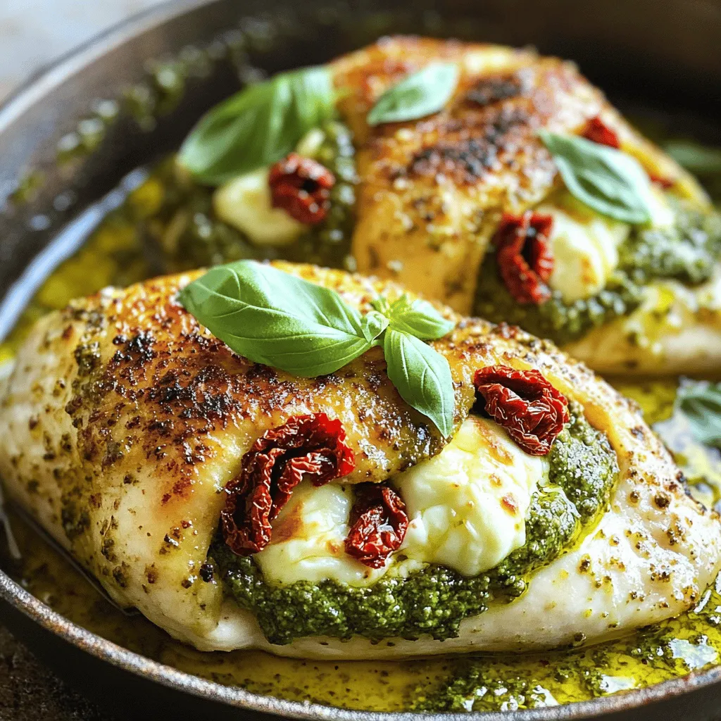 To make pesto mozzarella stuffed chicken, you need the following items: - 4 boneless, skinless chicken breasts - 1 cup fresh basil pesto - 8 oz mozzarella cheese, sliced - 1/2 cup sun-dried tomatoes, chopped - 1/4 cup grated Parmesan cheese - 1 teaspoon garlic powder - 1 teaspoon paprika - Salt and pepper to taste - 2 tablespoons olive oil - Fresh basil leaves for garnish Using fresh ingredients makes a big difference. Fresh basil pesto brings bright flavors. It enhances the taste in your chicken. Dried versions may lack the same depth. Fresh mozzarella adds creaminess that you can't beat. When possible, choose fresh over dried for the best meal. You can customize this dish easily! Here are some ideas: - Add spinach for extra greens. - Use feta cheese for a tangy twist. - Mix in artichokes for a unique flavor. - Try different herbs like thyme or oregano. These options let you make the dish your own. Don't be afraid to experiment! For the full recipe, check the instructions provided earlier. Start by prepping your chicken breasts. You need four boneless, skinless chicken breasts for this dish. Using a sharp knife, carefully cut a pocket into each breast. Make sure not to cut all the way through. This pocket will hold all the tasty fillings. Next, mix garlic powder, paprika, salt, and pepper in a small bowl. Rub this mix over the outside of each chicken breast. This step adds great flavor to the chicken. Now, it’s time to stuff the chicken. Spoon about 1/4 cup of fresh basil pesto into each pocket. Then, add two slices of mozzarella cheese. Don't forget to sprinkle some chopped sun-dried tomatoes in there too. For extra flavor, add a little grated Parmesan cheese inside the pocket as well. Searing is key to locking in moisture and flavor. Heat two tablespoons of olive oil in a large oven-safe skillet over medium heat. Once the oil is hot, carefully place the stuffed chicken breasts in the skillet. Sear the chicken for about 3 to 4 minutes on each side. Look for a nice golden brown color. This step builds a rich flavor and a tasty crust. After searing, it’s time to bake the chicken. Preheat your oven to 375°F (190°C) before you start. Once the chicken is seared, transfer the skillet to the preheated oven. Bake for about 20 minutes. You want the chicken to reach an internal temperature of 165°F (75°C). This ensures the chicken is fully cooked and safe to eat. After baking, remove the skillet from the oven and let the chicken rest for 5 minutes before slicing. This resting time helps the juices redistribute, making your chicken juicy and tender. Drizzle any remaining pesto over the top and garnish with fresh basil leaves for a beautiful finish. Enjoy your Pesto Mozzarella Stuffed Chicken as a delicious meal! You can find the full recipe above. When you stuff chicken, you want to create a pocket without cutting all the way through. This way, your filling stays inside. Use a sharp knife to cut gently along the side of each breast. Make the pocket big enough for your tasty fillings, but be careful not to break through. Stuff it with pesto, mozzarella, and sun-dried tomatoes. This mix keeps the chicken flavorful and moist. To keep chicken juicy, seasoning is key. Use a mix of salt, pepper, garlic powder, and paprika. Rub this mix all over the chicken before cooking. This adds flavor and helps lock in juices. Searing the chicken in olive oil also helps. Cook it for just a few minutes on each side until golden brown. Then, bake it in the oven until it reaches 165°F (75°C). Let it rest for five minutes before slicing. This resting time allows the juices to settle. One common mistake is overcooking the chicken. Use a meat thermometer to check the temperature. Another mistake is stuffing too much filling. If the pocket is too full, the filling can spill out. Lastly, don’t skip the resting time after cooking. This step is crucial for juicy chicken. Follow these tips for a perfect Pesto Mozzarella Stuffed Chicken experience. For the complete recipe, check out the Full Recipe section. {{image_2}} If you want to mix things up, try using red pepper or sun-dried tomato for your pesto. Red pepper pesto adds a sweet and smoky taste. It pairs well with the chicken and offers a vibrant color, too. Sun-dried tomato pesto brings a rich and tangy flavor that elevates the dish. Both options work great in the pocket of your chicken, making each bite unique. You can also switch out the mozzarella for feta or goat cheese. Feta cheese adds a salty kick and crumbly texture. It pairs well with the pesto and adds a Mediterranean twist. Goat cheese, on the other hand, brings a creamy richness and a slight tang. Both choices give this dish a new character and enhance the overall flavor profile. When it comes to serving, think about sides that complement the chicken. A fresh garden salad adds a crisp and light touch. Steamed vegetables like broccoli or green beans offer a healthy balance. You can also serve it with garlic bread for a comforting touch. For a twist, try pairing it with quinoa or couscous. These sides round out your meal and make it even more enjoyable. For the full recipe, you can check the earlier section. To keep your Pesto Mozzarella Stuffed Chicken fresh, store it in an airtight container. Let the chicken cool to room temperature before placing it in the fridge. Make sure to use it within 3 to 4 days for the best taste. If you have leftover pesto, store it in a separate container to keep flavors fresh. When you reheat the chicken, the goal is to keep it juicy. Preheat your oven to 350°F (175°C). Place the chicken in a baking dish and cover it with foil. Heat for about 15 to 20 minutes, or until warmed through. If you want, drizzle a little extra pesto on top for added flavor. Avoid the microwave, as it can make the chicken dry. If you want to save Pesto Mozzarella Stuffed Chicken for later, freezing is a great option. Wrap each chicken breast tightly in plastic wrap, then place them in a freezer-safe bag. You can freeze them for up to 3 months. When you’re ready to eat, thaw them in the fridge overnight before reheating. This helps maintain the chicken's juicy texture. For the full recipe, check the details above. To check if the chicken is done, use a meat thermometer. The chicken's internal temperature should be 165°F (75°C). Insert the thermometer into the thickest part of the chicken. If it reads 165°F, the chicken is safe to eat. If not, return it to the oven for a few more minutes. Always let it rest for about five minutes after cooking. This helps the juices settle, keeping the chicken juicy. Yes, you can prepare this dish ahead of time. Stuff the chicken breasts and store them in the fridge. You can do this up to a day in advance. When you're ready to cook, just sear and bake them as directed. This makes it easier for busy weeknights or meal prep. Just remember, if you freeze them, thaw them fully before cooking. This dish pairs well with many sides. Here are a few ideas: - Steamed vegetables like broccoli or green beans - A fresh garden salad with light dressing - Roasted potatoes for a hearty touch - Quinoa or rice for a healthy grain option These sides complement the rich flavors of the pesto and mozzarella in your chicken. For the full recipe, check out the earlier section! This blog post covered how to make Pesto Mozzarella Stuffed Chicken. We explored fresh versus dried ingredients and how you can customize your dish. I shared step-by-step instructions, tips, and common mistakes to avoid. You also learned about tasty variations and how to store leftovers. Cooking is fun, and with these steps, you can make a great meal. Enjoy the process and share your results!