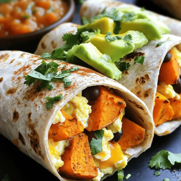 To make delicious sweet potato breakfast burritos, gather these simple items. Each ingredient adds great flavor and nutrition to your meal. - 2 medium sweet potatoes, peeled and diced - 1 tablespoon olive oil - Salt and pepper to taste - 1 teaspoon smoked paprika - 4 large eggs - ¼ cup milk (or milk alternative) - 1 cup black beans, rinsed and drained - ½ cup shredded cheese (cheddar or pepper jack) - 4 large whole wheat tortillas - ½ avocado, sliced - Fresh cilantro, chopped (for garnish) - Salsa (for serving) Using fresh sweet potatoes gives a natural sweetness. Olive oil helps to roast them perfectly. Smoked paprika adds a smoky taste, while cheese and beans make it hearty. The eggs add protein, and avocado gives a creamy finish. Fresh cilantro and salsa add brightness. For the full recipe, check out the instructions later. First, you need to preheat your oven to 400°F (200°C). This step gets the oven ready for roasting the sweet potatoes. Take two medium sweet potatoes and peel them. Dice them into small pieces. In a large bowl, mix the sweet potatoes with one tablespoon of olive oil, salt, pepper, and one teaspoon of smoked paprika. Spread them on a baking sheet. Roast for 25-30 minutes until they are tender and slightly caramelized. Flip them halfway to ensure even cooking. While the sweet potatoes roast, crack four large eggs into a bowl. Add a quarter cup of milk and a pinch of salt and pepper. Whisk this mixture well. Heat a non-stick skillet over medium heat. Pour in the egg mix and stir gently until the eggs are scrambled and fluffy. To warm the tortillas, you have two options. You can heat them in a dry skillet over low heat for about 30 seconds on each side. Or, you can wrap them in a damp paper towel and microwave for 20-30 seconds. This makes them soft and easy to fold. Now it’s time to build your burritos! Take a tortilla and lay it flat. Begin by adding some roasted sweet potatoes, scrambled eggs, and black beans on top. Then sprinkle some shredded cheese over these layers. Don't forget to add a few avocado slices for creaminess. To wrap the burritos, fold the sides of the tortilla in first. Then, roll it from the bottom up. Make sure to enclose the filling tightly. This keeps everything inside while you eat. Place the burritos seam side down on a plate. Garnish with fresh chopped cilantro for a pop of color. Serve with salsa on the side for a tasty dip. Enjoy your Sweet Potato Breakfast Burritos! For a detailed guide, refer to the Full Recipe. Roasting sweet potatoes brings out their natural sweetness. Start by cutting them into small, even pieces. This helps them cook evenly. Toss the diced potatoes with olive oil, salt, pepper, and smoked paprika. Spread them on a baking sheet in a single layer. Don't overcrowd the pan; this ensures they get crispy. Roast at 400°F for about 25-30 minutes. Flip them halfway for even browning. Keep an eye on them; you want a nice caramelization. For fluffy scrambled eggs, whisk the eggs well before cooking. Add a splash of milk for creaminess. Heat a non-stick skillet over medium heat. Pour in the egg mixture and stir gently with a spatula. Don't rush this step; slow cooking makes a big difference. Remove the eggs from the heat while still slightly runny. They will continue to cook off heat. This keeps them soft and creamy. To wrap your burritos neatly, warm the tortillas first. This makes them flexible and less likely to tear. Place your filling in the center, leaving space at the edges. Fold the sides in first, then roll from the bottom up. Tuck the filling as you roll to keep it secure. Practice makes perfect! A well-wrapped burrito is easier to eat and looks great on the plate. For the full recipe, check out the details above. {{image_2}} You can make these burritos vegetarian by skipping the eggs. Instead, use tofu or tempeh. Cook them in the same way as you would the eggs. Just scramble or cube them and add your spices. This keeps the protein while making it plant-based. To make this dish gluten-free, choose gluten-free tortillas. Many brands offer great options. All other ingredients in this recipe are already gluten-free. So, you can enjoy the same tasty flavors without worry. Feel free to get creative! Here are some ideas: - Spinach or Kale: Add some greens for extra nutrition. - Peppers and Onions: Sauté these for added sweetness and crunch. - Sour Cream or Greek Yogurt: Use as a creamy topping. - Hot Sauce: Add some heat if you like spicy. These variations can help you customize your sweet potato breakfast burritos to fit your taste. Check out the Full Recipe for more details! Store leftover burritos in an airtight container. You can keep them in the fridge for up to three days. Make sure they cool down before sealing. If you want to enjoy them later, consider cutting them in half for easier storage. To reheat, you can use the microwave or the oven. If using a microwave, place the burrito on a plate and cover it with a damp paper towel. Heat for about 1-2 minutes, checking often. For the oven, preheat to 350°F. Wrap the burrito in foil and bake for about 10-15 minutes. This keeps the tortilla soft and warm. Freezing is a great way to keep burritos fresh. Wrap each burrito tightly in plastic wrap, then place them in a freezer bag. They will stay good for up to three months. When you're ready to eat, thaw overnight in the fridge and reheat as mentioned. This method ensures you always have a tasty meal ready to go. Yes, you can make these burritos ahead of time. Prepare the filling first. Roast the sweet potatoes and scramble the eggs. Let them cool and store them in the fridge. You can assemble the burritos the night before. Wrap them tightly in foil or plastic wrap. In the morning, heat them in the oven or microwave. This saves time and gives you a quick breakfast. If you don’t have black beans, don’t worry! You can use pinto beans, kidney beans, or chickpeas. Each option adds a nice texture. Lentils are another great choice for a protein boost. Just make sure to rinse and drain them well before adding to your burrito. Absolutely! These burritos are perfect for meal prep. You can make a batch and freeze them. Just follow the recipe and wrap them well. When you want one, heat it straight from the freezer. This makes for a healthy and filling breakfast all week long. Yes, feel free to switch up the cheese. Cheddar and pepper jack are great, but you can try mozzarella or feta. Each cheese will give a different taste. Choose what you like best. You can also skip cheese for a dairy-free option. To add heat, consider adding jalapeños or hot sauce. You can mix spicy salsa into the filling. Another option is to use pepper jack cheese for an extra kick. Adjust the spice level to your taste. Enjoy experimenting with different flavors in your burritos! Sweet potato breakfast burritos are easy and fun to make. You learned about the ingredients, from sweet potatoes to avocado. I shared step-by-step instructions and handy tips for great results. You can try different variations and even store leftovers. Remember, cooking is about enjoying your food and experimenting. These burritos are delicious for breakfast or any time. So grab the ingredients and get cooking. Enjoy your tasty creation!